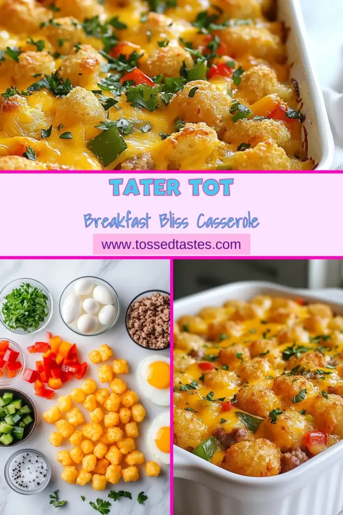 Looking for an easy and delicious breakfast casserole recipe? Try this Tater Tot Sausage Breakfast Casserole! Made with cheesy tater tots, crumbled sausage, and colorful veggies, this tater tot casserole is perfect for brunch or a hearty breakfast. It's simple to prepare and will delight your family with every bite. Don't miss out—save this easy brunch idea for your next gathering! #tater tot casserole #breakfast casserole #brunchideas #sausagebake