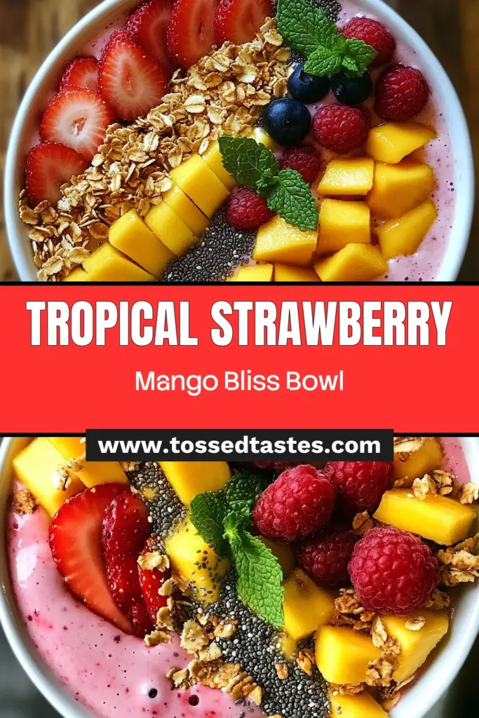 Dive into a delicious and nutritious Strawberry Mango Smoothie Bowl that’s perfect for breakfast or a snack! This Healthy Smoothie Recipe is not only refreshing but also vegan and packed with tropical flavors. With chia seeds adding a boost of nutrition, this Tropical Smoothie Bowl is a must-try. Enjoy it topped with granola and fresh fruits for a delightful treat. Save this recipe now and bliss out on flavors! #SmoothieBowl #HealthyRecipes #VeganEats #TropicalDelight