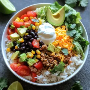 - 1 cup jasmine rice - 1 pound ground turkey (or ground beef) - 1 packet taco seasoning (about 1 ounce) - 1 cup black beans, drained and rinsed - 1 cup corn kernels (fresh or frozen) - 1 cup diced tomatoes (canned or fresh) - 1 cup shredded lettuce (iceberg or romaine) - 1 ripe avocado, diced - ½ cup shredded cheddar cheese - ¼ cup sour cream - 2 tablespoons olive oil - Fresh cilantro, chopped, for garnish - Lime wedges for serving - Salt and pepper to taste Choosing good-quality ingredients makes a big difference in flavor. Use fresh jasmine rice for the best texture. Fresh vegetables like tomatoes and corn add brightness. If you opt for ground turkey, look for lean cuts. It keeps the dish light and tasty. For cheese, a sharp cheddar gives more flavor. Always rinse canned beans to wash off extra sodium. Fresh cilantro really boosts the taste, so don’t skip it! You can switch the rice for quinoa or brown rice for a healthier option. Ground turkey can be replaced with chicken or beef, as you prefer. If you want a meatless meal, use lentils or chickpeas instead. For a dairy-free option, leave out the sour cream and cheese, or use plant-based versions. You can also add any veggies you like, such as bell peppers or zucchini, to make it your own. To start, rinse 1 cup of jasmine rice under cold water. This removes extra starch. Rinse until the water runs clear. Next, bring 2 cups of water to a boil in a medium pot. Once boiling, add the rinsed rice and stir once. Cover the pot with a lid and turn the heat to low. Let it cook for about 15 minutes. Check if the water is absorbed. After that, remove the pot from heat and let it sit for 5 more minutes. Finally, fluff the rice with a fork. While the rice cooks, heat 2 tablespoons of olive oil in a large skillet over medium heat. Add 1 pound of ground turkey or beef to the skillet. Sprinkle on the taco seasoning. Mix well to coat the meat evenly. Cook for 5-7 minutes. Use a spatula to break the meat apart. Cook until it is browned and fully done. Once the meat is cooked, stir in 1 cup of drained black beans and 1 cup of corn. Cook for 2-3 minutes until everything is warm. Now, it’s time to make your bowls. Start with a generous serving of rice at the bottom of each bowl. Add the meat mixture on top of the rice. Next, layer 1 cup of diced tomatoes over the meat. Then, add 1 cup of shredded lettuce on top. Now for the toppings. Place the diced avocado on the lettuce. Sprinkle ½ cup of shredded cheddar cheese over the avocado. Finish by adding a dollop of ¼ cup of sour cream on top. For a fresh touch, sprinkle chopped cilantro. Serve with lime wedges for a squeeze of fresh juice. Enjoy your delicious Taco Rice Bowl! To fluff rice well, follow these steps. First, rinse the jasmine rice until the water is clear. Then, cook it in boiling water with the right ratio. After cooking, let it sit covered for five minutes. Finally, use a fork to gently fluff the rice. This method keeps the grains separate and light. Spices can elevate your taco rice bowl. Taco seasoning adds warmth and zest. You can also use garlic powder, cumin, or paprika for extra flavor. A pinch of cayenne pepper adds heat. Taste as you go to find the right balance. These spices make the meal more exciting. When serving your taco rice bowl, make it look great. Start with a mound of fluffy rice. Layer the seasoned meat mixture on top. Then, add colorful toppings like diced tomatoes and shredded lettuce. Place avocado neatly on top. Finish with cheese and a dollop of sour cream. A sprinkle of cilantro adds a fresh touch. Serve with lime wedges for a pop of color and flavor. {{image_4}} To make a vegetarian taco rice bowl, swap the meat for a mix of veggies. Use mushrooms, zucchini, and bell peppers for a hearty base. Cook the veggies in olive oil with taco seasoning for great flavor. Add the black beans and corn just as in the original recipe. This gives you a tasty, colorful bowl that everyone will enjoy. For a vegan version, you can use plant-based protein. Try lentils or chickpeas as your protein source. Cook them as you would the meat, adding taco seasoning for a kick. Keep the rest of the recipe the same. This way, you create a filling and healthy meal that fits vegan diets. Feel free to customize your taco rice bowl with fun toppings. You can add salsa, guacamole, or jalapeños for heat. Crushed tortilla chips add crunch, while a sprinkle of lime juice brightens the flavors. Get creative with fresh herbs like basil or mint for a twist. Each bowl can be unique, making it a fun meal for everyone. To keep your taco rice bowl fresh, put leftovers in an airtight container. Allow the meal to cool to room temperature before sealing it. This step helps prevent moisture buildup. Store the container in the fridge. Your leftovers will stay fresh for up to three days. When you’re ready to enjoy your leftovers, there are a few ways to reheat them. The microwave is the quickest method. Place the bowl in a microwave-safe dish and cover it with a damp paper towel. Heat for one to two minutes, stirring halfway through. You can also use a skillet. Heat on medium-low, stirring often until warmed through. If you want to save some taco rice bowl for later, freezing works well. Start by cooling the meal completely. Then, place it in a freezer-safe container. Be sure to leave some space at the top since the food will expand as it freezes. Your taco rice bowl can stay good for up to three months in the freezer. To reheat, thaw overnight in the fridge before using the microwave or skillet. A taco rice bowl is a fun dish that mixes rice and taco flavors. You start with fluffy jasmine rice. Then, add seasoned meat, like ground turkey or beef. Top it with black beans, corn, and fresh veggies. Finish with cheese, avocado, and sour cream. It’s colorful and packed with taste. Yes, you can make it gluten-free! Just choose gluten-free taco seasoning. Check labels on beans and corn to ensure they are gluten-free too. Use rice that is naturally gluten-free, like jasmine or basmati. This way, everyone can enjoy the meal safely. To spice up your taco rice bowl, try these tips: - Add diced jalapeños for heat. - Mix in hot sauce or salsa. - Use a spicy taco seasoning blend. - Top with fresh cilantro and a squeeze of lime for zing. These changes will boost flavors and make the meal more exciting. This article covers all you need to create a taco rice bowl. We explored the ingredients, from quality notes to substitutions. Then, I provided step-by-step cooking instructions, ensuring your rice and meat turn out great. Tips for fluffing rice, adding spices, and serving make your dish shine. We discussed variations, including vegetarian and vegan options, to suit all tastes. Finally, I shared storage info to keep your leftovers tasty. You now have the tools and ideas to impress anyone with your taco rice bowl!