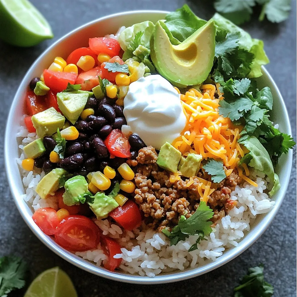 - 1 cup jasmine rice - 1 pound ground turkey (or ground beef) - 1 packet taco seasoning (about 1 ounce) - 1 cup black beans, drained and rinsed - 1 cup corn kernels (fresh or frozen) - 1 cup diced tomatoes (canned or fresh) - 1 cup shredded lettuce (iceberg or romaine) - 1 ripe avocado, diced - ½ cup shredded cheddar cheese - ¼ cup sour cream - 2 tablespoons olive oil - Fresh cilantro, chopped, for garnish - Lime wedges for serving - Salt and pepper to taste Choosing good-quality ingredients makes a big difference in flavor. Use fresh jasmine rice for the best texture. Fresh vegetables like tomatoes and corn add brightness. If you opt for ground turkey, look for lean cuts. It keeps the dish light and tasty. For cheese, a sharp cheddar gives more flavor. Always rinse canned beans to wash off extra sodium. Fresh cilantro really boosts the taste, so don’t skip it! You can switch the rice for quinoa or brown rice for a healthier option. Ground turkey can be replaced with chicken or beef, as you prefer. If you want a meatless meal, use lentils or chickpeas instead. For a dairy-free option, leave out the sour cream and cheese, or use plant-based versions. You can also add any veggies you like, such as bell peppers or zucchini, to make it your own. To start, rinse 1 cup of jasmine rice under cold water. This removes extra starch. Rinse until the water runs clear. Next, bring 2 cups of water to a boil in a medium pot. Once boiling, add the rinsed rice and stir once. Cover the pot with a lid and turn the heat to low. Let it cook for about 15 minutes. Check if the water is absorbed. After that, remove the pot from heat and let it sit for 5 more minutes. Finally, fluff the rice with a fork. While the rice cooks, heat 2 tablespoons of olive oil in a large skillet over medium heat. Add 1 pound of ground turkey or beef to the skillet. Sprinkle on the taco seasoning. Mix well to coat the meat evenly. Cook for 5-7 minutes. Use a spatula to break the meat apart. Cook until it is browned and fully done. Once the meat is cooked, stir in 1 cup of drained black beans and 1 cup of corn. Cook for 2-3 minutes until everything is warm. Now, it’s time to make your bowls. Start with a generous serving of rice at the bottom of each bowl. Add the meat mixture on top of the rice. Next, layer 1 cup of diced tomatoes over the meat. Then, add 1 cup of shredded lettuce on top. Now for the toppings. Place the diced avocado on the lettuce. Sprinkle ½ cup of shredded cheddar cheese over the avocado. Finish by adding a dollop of ¼ cup of sour cream on top. For a fresh touch, sprinkle chopped cilantro. Serve with lime wedges for a squeeze of fresh juice. Enjoy your delicious Taco Rice Bowl! To fluff rice well, follow these steps. First, rinse the jasmine rice until the water is clear. Then, cook it in boiling water with the right ratio. After cooking, let it sit covered for five minutes. Finally, use a fork to gently fluff the rice. This method keeps the grains separate and light. Spices can elevate your taco rice bowl. Taco seasoning adds warmth and zest. You can also use garlic powder, cumin, or paprika for extra flavor. A pinch of cayenne pepper adds heat. Taste as you go to find the right balance. These spices make the meal more exciting. When serving your taco rice bowl, make it look great. Start with a mound of fluffy rice. Layer the seasoned meat mixture on top. Then, add colorful toppings like diced tomatoes and shredded lettuce. Place avocado neatly on top. Finish with cheese and a dollop of sour cream. A sprinkle of cilantro adds a fresh touch. Serve with lime wedges for a pop of color and flavor. {{image_4}} To make a vegetarian taco rice bowl, swap the meat for a mix of veggies. Use mushrooms, zucchini, and bell peppers for a hearty base. Cook the veggies in olive oil with taco seasoning for great flavor. Add the black beans and corn just as in the original recipe. This gives you a tasty, colorful bowl that everyone will enjoy. For a vegan version, you can use plant-based protein. Try lentils or chickpeas as your protein source. Cook them as you would the meat, adding taco seasoning for a kick. Keep the rest of the recipe the same. This way, you create a filling and healthy meal that fits vegan diets. Feel free to customize your taco rice bowl with fun toppings. You can add salsa, guacamole, or jalapeños for heat. Crushed tortilla chips add crunch, while a sprinkle of lime juice brightens the flavors. Get creative with fresh herbs like basil or mint for a twist. Each bowl can be unique, making it a fun meal for everyone. To keep your taco rice bowl fresh, put leftovers in an airtight container. Allow the meal to cool to room temperature before sealing it. This step helps prevent moisture buildup. Store the container in the fridge. Your leftovers will stay fresh for up to three days. When you’re ready to enjoy your leftovers, there are a few ways to reheat them. The microwave is the quickest method. Place the bowl in a microwave-safe dish and cover it with a damp paper towel. Heat for one to two minutes, stirring halfway through. You can also use a skillet. Heat on medium-low, stirring often until warmed through. If you want to save some taco rice bowl for later, freezing works well. Start by cooling the meal completely. Then, place it in a freezer-safe container. Be sure to leave some space at the top since the food will expand as it freezes. Your taco rice bowl can stay good for up to three months in the freezer. To reheat, thaw overnight in the fridge before using the microwave or skillet. A taco rice bowl is a fun dish that mixes rice and taco flavors. You start with fluffy jasmine rice. Then, add seasoned meat, like ground turkey or beef. Top it with black beans, corn, and fresh veggies. Finish with cheese, avocado, and sour cream. It’s colorful and packed with taste. Yes, you can make it gluten-free! Just choose gluten-free taco seasoning. Check labels on beans and corn to ensure they are gluten-free too. Use rice that is naturally gluten-free, like jasmine or basmati. This way, everyone can enjoy the meal safely. To spice up your taco rice bowl, try these tips: - Add diced jalapeños for heat. - Mix in hot sauce or salsa. - Use a spicy taco seasoning blend. - Top with fresh cilantro and a squeeze of lime for zing. These changes will boost flavors and make the meal more exciting. This article covers all you need to create a taco rice bowl. We explored the ingredients, from quality notes to substitutions. Then, I provided step-by-step cooking instructions, ensuring your rice and meat turn out great. Tips for fluffing rice, adding spices, and serving make your dish shine. We discussed variations, including vegetarian and vegan options, to suit all tastes. Finally, I shared storage info to keep your leftovers tasty. You now have the tools and ideas to impress anyone with your taco rice bowl!