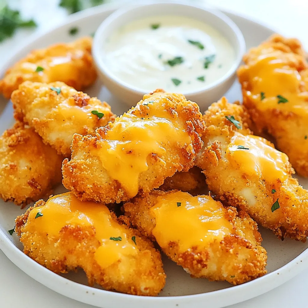 - 1 lb chicken tenders - 1 cup buttermilk - 1 cup all-purpose flour - 1 cup grated cheddar cheese - 1 packet ranch seasoning mix - 1 teaspoon garlic powder - 1 teaspoon onion powder - 1/2 teaspoon black pepper - 1/2 teaspoon paprika - 1/2 cup breadcrumbs (optional for extra crunch) - Cooking spray or olive oil for frying Gathering the right ingredients makes cooking fun. Each item plays a key role in the flavor and texture of the dish. The chicken tenders are the main star, providing a juicy base. Buttermilk is essential for tenderizing and adding flavor. Next, flour helps create a nice crust. Grated cheddar cheese adds a rich, creamy taste. The ranch seasoning mix gives that classic flavor we love. Garlic powder and onion powder boost the taste even more. Using black pepper and paprika adds a hint of spice and color. If you want crunch, breadcrumbs are a great choice. Lastly, cooking spray or olive oil helps with browning. These ingredients come together to create a tasty meal. Each bite will have you craving more. {{ingredient_image_1}} Marinating the chicken tenders is key for good flavor and texture. Buttermilk helps tenderize the meat. I recommend marinating for at least 30 minutes. You can even do it overnight for more flavor. First, preheat your oven to 400°F (200°C). This step is very important. While it heats, you can line your baking sheet with parchment paper. If you don’t have that, just lightly grease it with cooking spray or olive oil. In a shallow dish, mix the flour, ranch seasoning, garlic powder, onion powder, black pepper, and paprika. Make sure everything blends well. In another bowl, combine the grated cheddar cheese and breadcrumbs if you want extra crunch. Now, take the chicken out of the buttermilk. Let the extra buttermilk drip off. Dredge each chicken tender in the flour mix. It’s important to coat them evenly, so shake off any extra flour. Next, press each tender into the cheese mixture. Make sure it's well coated. Place the coated chicken tenders on the baking sheet. If you want them crispier, spray lightly with cooking spray or drizzle olive oil on top. Bake them for about 20-25 minutes. You want the chicken to be cooked through and the cheese to be golden and bubbly. Flip the tenders halfway through for even cooking. To pick the best chicken tenders, look for fresh, pink meat. Check for a smooth surface and no strong smell. Avoid tenders that seem slimy or have dark spots. Properly prepare your chicken by marinating it in buttermilk. This step helps keep the meat juicy and adds flavor. A common mistake is skipping the marination time. Aim for at least 30 minutes, but overnight is best. To boost flavor, consider adding herbs and spices. Fresh parsley or dill can add a nice touch. You can also mix in some cayenne for a little heat. For dipping sauces, ranch is a classic choice. But honey mustard or barbecue sauce also works great. Feel free to get creative with your dips! Using breadcrumbs gives your chicken an extra crunch. If you prefer a lighter option, skip the breadcrumbs. You can also try air frying for a crispier finish. Just adjust the cooking time to ensure they cook through. Pan frying is another great method, but be careful not to overcrowd the pan. This way, each tender gets that perfect crisp! Pro Tips Marinate for Flavor: Allowing the chicken to marinate in buttermilk not only tenderizes it but also infuses it with flavor, making every bite delicious. Use Fresh Ingredients: Opt for fresh spices and high-quality cheese to elevate the taste of your chicken tenders, enhancing the overall dish. Perfect Baking Time: Keep an eye on the chicken tenders while baking; adjusting the time based on their thickness ensures they are perfectly cooked and not dry. Experiment with Dips: Pair these tenders with a variety of dips like ranch, honey mustard, or BBQ sauce to complement the cheesy flavors and add extra enjoyment. {{image_2}} You can easily make a spicy version of these chicken tenders. Start by adding a few dashes of hot sauce to the buttermilk marinade. This will give the chicken a nice kick. You can also use spicy ranch seasoning instead of regular ranch. It enhances the heat and flavor. Try this if you love spice! Cheddar cheese is great, but don’t stop there! You can mix different types of cheese for more flavor. Use mozzarella for a gooey texture or pepper jack for a spicy touch. Mixing cheeses can make each bite unique. Get creative and find your favorite combo! Think about what to serve with these cheesy chicken tenders. They pair well with crisp veggie sticks or a fresh salad. You can also serve them with dips like ranch or honey mustard. For fun, try stacking them in a sandwich with lettuce and tomato. Each option makes the meal even better. To keep your cheesy ranch chicken tenders fresh, place them in an airtight container. This helps prevent moisture loss and keeps them tasty. Store them in the fridge for up to three days. If you want to enjoy them later, freezing is a great option. When reheating chicken tenders, the oven works best. Set it to 375°F. Place the tenders on a baking sheet for about 10-15 minutes. This method keeps them warm and crispy. Avoid using the microwave, as it can make them soggy. Before freezing, let the chicken tenders cool completely. Wrap each piece in plastic wrap or foil. Then, place them in a freezer bag. They can last up to three months in the freezer. To thaw, move them to the fridge overnight. Reheat them in the oven as described above for the best taste and texture. Yes, you can use frozen chicken tenders. However, thawing is key. Thaw them in the fridge overnight. This helps the chicken cook evenly and stay juicy. Marinating them in buttermilk after thawing adds flavor and tenderness. If you don’t have buttermilk, you can use plain yogurt or milk mixed with vinegar. To make a quick swap, add one tablespoon of vinegar to one cup of milk. Let it sit for five minutes. This will mimic buttermilk’s tangy taste and acidity, which helps tenderize the chicken. To check if the chicken is done, use a meat thermometer. Insert it into the thickest part of the chicken. The safe cooking temperature for chicken is 165°F (75°C). If you don't have a thermometer, cut into a tender; the meat should be white and juices should run clear. Yes, you can prep the chicken tenders ahead. Marinate the chicken and coat them in the dry mix. Store them in the fridge for up to 24 hours. When ready, bake them fresh. This saves time and keeps the tenders tasty. There are many great sauces to try. Classic ranch dressing pairs well with the cheesy flavor. Honey mustard adds a sweet kick. BBQ sauce gives a smoky touch. You can also serve them with a spicy buffalo sauce for some heat. You now have a clear path to making delicious cheesy ranch chicken tenders. We covered the key ingredients, marinating, and baking steps. You also learned tips for flavor enhancement and how to store leftovers. Don’t forget about fun variations like making them spicy or choosing different cheeses. Enjoy experimenting in the kitchen and find your perfect mix. With this guide, you can impress friends and family with crispy, tasty tenders. Happy cooking!