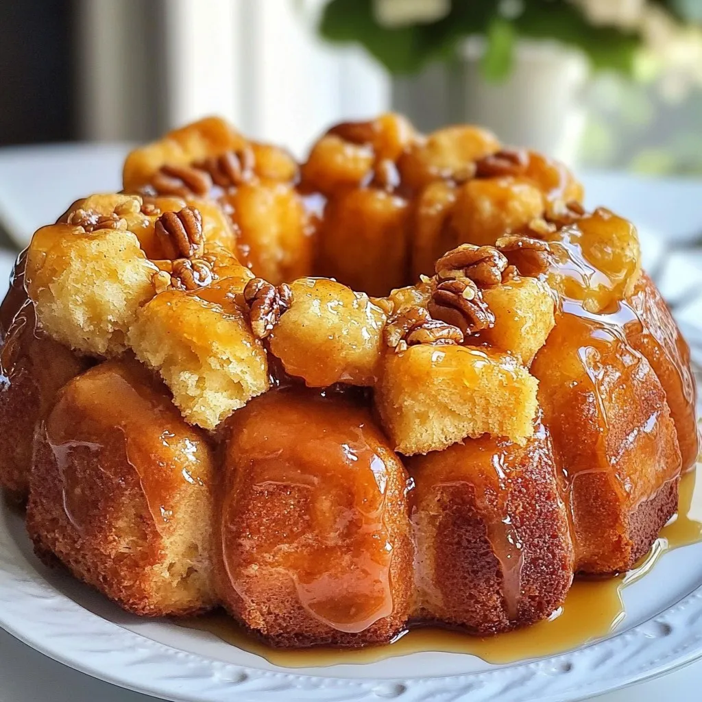 - 3 cans of refrigerated biscuit dough - 1 cup granulated sugar - 2 teaspoons ground cinnamon - 1/2 cup unsalted butter, melted - 1/2 cup brown sugar, packed - 1/2 cup chopped nuts (walnuts or pecans), optional - 1/2 cup raisins or chocolate chips, optional In this classic pull-apart monkey bread recipe, the ingredients play a big role in the taste. You need three cans of refrigerated biscuit dough. This dough is soft and perfect for pulling apart. You will also need a cup of granulated sugar and two teaspoons of ground cinnamon. This combo makes the sweet coating that goes on the biscuit pieces. Next, use a half cup of unsalted butter, melted, and a half cup of packed brown sugar. These two ingredients create a rich, gooey sauce that gives the monkey bread its delicious flavor. If you want to make your monkey bread extra special, consider adding some optional ingredients. Chopped nuts, like walnuts or pecans, give a nice crunch. You can also add a half cup of raisins or chocolate chips for a fun twist. With these ingredients, you are ready to create a sweet and fun treat that everyone will love! {{ingredient_image_1}} 1. Preheat your oven to 350°F (175°C). Grease a bundt pan with cooking spray or butter. This helps the monkey bread come out easily after baking. 2. In a medium bowl, mix 1 cup of granulated sugar with 2 teaspoons of ground cinnamon. Stir until well combined. Set this mixture aside for later. 3. Open the 3 cans of refrigerated biscuit dough. Separate each biscuit and cut each into quarters. This makes it easy to pull apart later. 4. Toss the biscuit pieces in the cinnamon-sugar mixture. Make sure every piece gets a nice coat. This adds great flavor! 1. If you want, sprinkle the bottoms of the greased bundt pan with 1/2 cup of chopped nuts, raisins, or chocolate chips. This gives extra texture and taste. 2. Layer half of the coated biscuit pieces in the bundt pan. Then, drizzle half of the butter and brown sugar mixture over the top. 3. Add the remaining biscuit pieces to the pan. Pour the rest of the butter and brown sugar mixture over everything. It's time for a sweet treat! 1. Place the bundt pan in the preheated oven. Bake for 30-35 minutes. Keep an eye on it until the top turns golden brown and the biscuits are fully cooked. 2. Once baked, let it cool for 5-10 minutes in the pan. This allows it to set. Then, carefully invert it onto a large serving plate. 3. Pull apart the warm pieces of monkey bread and enjoy! It’s perfect for sharing with friends or family. To ensure even baking, space the biscuit pieces in the bundt pan evenly. This helps all parts cook through. Avoid sogginess by not overloading the pan with butter. The right amount keeps it moist but not drenched. After baking, let your monkey bread cool for 5-10 minutes. This time allows it to set. If you skip this step, it may fall apart when you flip it. The best way to serve monkey bread is warm. Pull apart each piece for sharing. It's fun and interactive. You can also serve it with a side of icing or a fruit dip for fun. Monkey bread is great for breakfast, brunch, or dessert. It’s perfect for parties and family gatherings. Everyone loves this treat, making it a hit at any event. For a creative display, place your monkey bread on a large plate. Add fresh fruit or sprigs of mint around it. This adds color and freshness to the table. You can also use a tiered stand for a more elegant look. Layer the monkey bread pieces and add a drizzle of icing on top. This makes it eye-catching and adds a sweet touch. Pro Tips Use Fresh Ingredients: Fresh biscuit dough will yield the best texture and flavor for your monkey bread, so check expiration dates before purchasing. Customize Your Fillings: Feel free to add your favorite nuts, dried fruits, or chocolate chips to enhance the flavor profile of your monkey bread. Check for Doneness: To ensure your monkey bread is fully cooked, insert a toothpick into the center; it should come out clean when done. Serve Warm: Monkey bread is best enjoyed warm and fresh out of the oven, so try to serve it immediately for the ultimate gooey experience! {{image_2}} You can have fun with monkey bread by trying new flavors. Instead of just cinnamon, use nutmeg or ginger for a warm twist. Swap out regular sugar for brown sugar to add depth. You can also mix in fruits like apples or berries. They add a juicy burst with every bite. If you want a sweet treat, add chocolate chips or peanut butter. These choices give your monkey bread a unique flavor that everyone will love. If you need a gluten-free option, use gluten-free biscuit dough. There are many brands available in stores. For a dairy-free version, use coconut oil instead of butter. Almond or oat milk works well in place of regular milk in other recipes. Both options still taste great and let everyone enjoy monkey bread! Seasonal flavors can make monkey bread special for holidays. In fall, add pumpkin spice to the sugar mix. For winter, try peppermint extract with chocolate chips. You can make a lemon glaze for spring. This way, your monkey bread will always match the season and keep things fun! To keep your monkey bread fresh, store it in an airtight container. If you have a lot left, wrap it tightly in plastic wrap and then place it in a container. This helps prevent it from drying out. You can also freeze individual pieces. Just make sure each piece is wrapped well. To reheat, you can use the microwave or the oven. If using the microwave, heat a piece for 15-20 seconds. Check that it is warm all the way through. For the oven, preheat it to 350°F (175°C). Place the monkey bread on a baking sheet and heat for about 10 minutes. This keeps the bread soft and tasty. Monkey bread can last in the fridge for about 3-4 days. If frozen, it will stay good for about 2-3 months. Just remember to wrap it well to avoid freezer burn. When you are ready to enjoy it again, simply follow the reheating instructions above. Can I use homemade biscuit dough instead of refrigerated? Yes, you can use homemade biscuit dough. Just make sure it is soft and easy to cut. Homemade dough adds a fresh taste. The process stays the same. Cut your dough into quarters and coat it in the cinnamon-sugar mix. How can I make monkey bread ahead of time? To make monkey bread ahead, prepare it up to the point of baking. Assemble the biscuit pieces in the bundt pan and cover it tightly. You can keep it in the fridge overnight. When ready to bake, just take it out and let it sit for about 30 minutes. Then, bake as directed. This way, you save time on busy days. What other additions can I put in monkey bread? You can add many fun things to monkey bread! Nuts like walnuts or pecans work great. You can also use raisins or chocolate chips for a sweet twist. Try adding apple pieces or even peanut butter for a new flavor. The options are endless, and each adds its own fun touch! This blog post showed how to make delicious pull-apart monkey bread. We covered the simple ingredients, step-by-step instructions, and helpful baking tips. You can even try fun variations, like adding fruits or spices. Proper storage and reheating keep your monkey bread fresh. Whether for a party or a cozy night in, it's a treat everyone will love. Enjoy creating this fun dessert, and make it your own!