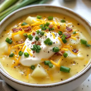 To make loaded creamy potato soup, you need the following ingredients: - 6 medium-sized russet potatoes, peeled and cubed - 1 large onion, chopped - 3 cloves garlic, minced - 4 cups vegetable broth - 1 cup heavy cream - 1 cup shredded sharp cheddar cheese - 1/2 cup sour cream - 1/2 cup cooked, crumbled turkey bacon (or crispy chickpeas for vegetarian option) - 2 green onions, chopped - Salt and pepper to taste - 2 tablespoons olive oil - 1 tablespoon fresh thyme (or 1 teaspoon dried thyme) This mix brings comfort in a bowl. The russet potatoes create a thick base. Onion and garlic add a sweet touch. The vegetable broth gives depth and flavor. Heavy cream and sour cream make it rich and creamy. Cheddar cheese adds a sharp bite, while bacon or chickpeas give a savory crunch. Green onions finish it off with freshness. This blend of ingredients works together to make a warm and cozy dish. {{ingredient_image_1}} To start, heat the olive oil in a large pot over medium heat. This step helps build flavor in our soup. Once the oil is warm, add the chopped onion and minced garlic. Saut&eacute; them together for about five minutes. You want the onion to turn soft and clear. This aroma will make your kitchen smell amazing! Next, it&rsquo;s time for the star of the show: the potatoes! Add the peeled and cubed russet potatoes to the pot. Pour in the vegetable broth, which adds depth and warmth. Bring it all to a boil, then lower the heat. Let the soup simmer for 15 to 20 minutes. You&rsquo;ll know it&rsquo;s ready when the potatoes are tender and easy to pierce with a fork. Now we make it creamy! You can use a potato masher or an immersion blender. If you want a chunkier soup, mash it lightly. For a super smooth texture, blend it more. After blending, stir in the heavy cream, sour cream, and shredded cheddar cheese. This is where the magic happens! Let the cheese melt and mix into the soup. Finally, add the cooked turkey bacon or crispy chickpeas, thyme, salt, and pepper. Stir everything well and let it heat through for another five minutes. This is the moment to taste and adjust any seasonings as needed. Enjoy the warmth of this cozy soup! To achieve the right creaminess, start by mashing your potatoes. I like to use a potato masher for a bit of chunkiness. If you prefer a smooth soup, an immersion blender works great. You can decide how much to mash based on your taste. More mash gives you a thicker soup, while less keeps it lighter. Always remember to taste as you go. Herbs and spices can boost your dish. I suggest adding fresh thyme or a pinch of garlic powder. Both add depth without being overpowering. You can also explore different types of cheese. Sharp cheddar gives a nice bite, but feel free to mix in some gouda for a smoky flavor. Cheese lovers might even try blue cheese for a bold twist. Garnishing your soup makes it more inviting. I love adding chopped green onions and a sprinkle of cheese on top. You can also drizzle a swirl of sour cream right before serving. This adds a nice touch and looks great. Serving in colorful bowls can brighten up your table and make the meal feel special. Pro Tips Use Yukon Gold Potatoes: For a creamier texture and buttery flavor, consider using Yukon Gold potatoes instead of russet potatoes. Customize the Toppings: Feel free to add other toppings like crispy onions, jalape&ntilde;os, or fresh herbs to enhance the flavor and presentation. Make it Ahead: This soup can be made in advance and stored in the refrigerator for up to three days. Reheat gently on the stove. Adjust the Thickness: If you prefer a thinner soup, simply add more vegetable broth or cream until you reach your desired consistency. {{image_2}} You can make this soup vegetarian by using crispy chickpeas instead of bacon. Simply roast the chickpeas until they are crunchy. This adds a great texture and flavor without meat. You can also substitute the vegetable broth with a mushroom broth. This gives the soup a richer taste. Want to spice things up? Try adding cayenne pepper or smoked paprika. These spices can give your soup a kick. You can also mix in different vegetables like corn or bell peppers. This not only adds flavor but also makes the soup colorful and fun. Make this soup shine with seasonal produce. In fall, add pumpkin or butternut squash for a warm twist. In spring, fresh peas or asparagus can brighten it up. You can adjust the recipe based on what is fresh and available. This keeps your soup exciting all year round. To store leftovers, let the soup cool first. Pour it into an airtight container. Make sure to seal it tightly. This way, it stays fresh for up to three days in the refrigerator. When you're ready to eat, reheat the soup on the stove over low heat. Stir it often to keep it from sticking. You can also use a microwave. Just heat it in short bursts and stir in between. To freeze the soup, let it cool completely. Then, use freezer-safe bags or containers. Leave some space at the top for expansion. The soup can stay good for about three months in the freezer. When you want to eat it, take it out and thaw it in the fridge overnight. For quick thawing, you can place the sealed bag in cold water. Once thawed, reheat it on the stove. Stir well and ensure it's hot all the way through before serving. Yes, you can make this soup ahead of time. It keeps well in the fridge. To store, let the soup cool completely. Then, place it in an airtight container. It can stay fresh for up to three days. When you're ready to eat, reheat it on the stove over low heat. Stir often to avoid sticking. If it gets too thick, add a splash of broth or cream. This way, your soup stays creamy and delicious. To make this soup gluten-free, use gluten-free vegetable broth. Most broths are safe, but double-check labels. You can also skip the cream and use coconut cream instead. This will keep it rich and creamy. Make sure to use gluten-free bacon or chickpeas as well. This way, you enjoy the same great taste without gluten. This soup pairs well with different side dishes. A simple green salad adds a fresh touch. You can also serve it with crusty bread for dipping. Grilled cheese sandwiches are another great option. For a lighter side, try steamed vegetables. These options help balance the rich flavors of the soup. This blog post covered how to make delicious Loaded Creamy Potato Soup. We started with key ingredients, then walked through the easy steps from preparation to blending. Tips helped enhance flavor, texture, and presentation. You also learned about variations for dietary needs, storage methods, and FAQs. In cooking, there's always room for creativity. Use these ideas to make this soup your own! Enjoy every comforting bite of your creation.