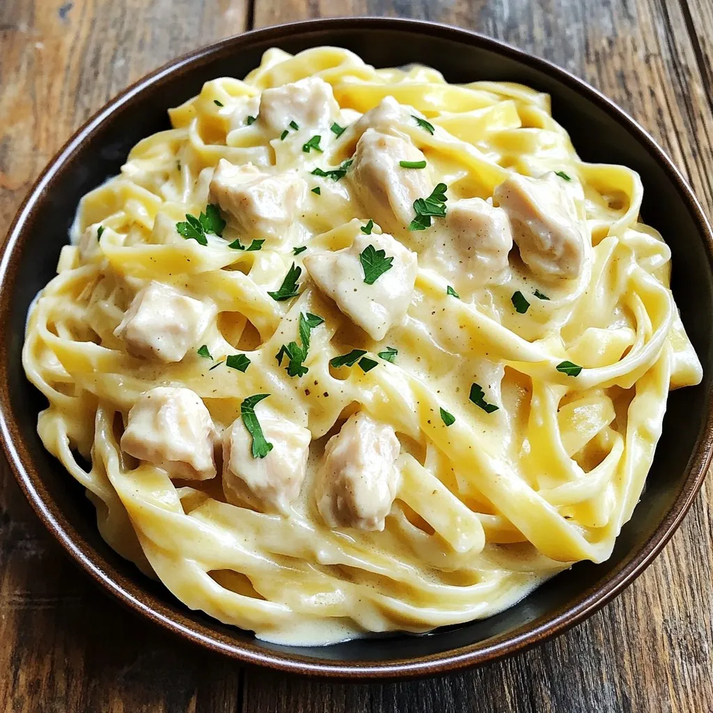 - 1 lb chicken breast - 4 cups low-sodium chicken broth - 1 lb fettuccine pasta - 1 cup heavy cream - 1 cup freshly grated Parmesan cheese - 1 teaspoon salt - ½ teaspoon freshly cracked black pepper - 1 teaspoon Italian seasoning - Fresh parsley for garnish - Instant Pot - Measuring cups and spoons - Sauté spoon The main ingredients for this dish include chicken, pasta, and cream. Each element plays a key role in making the meal rich and tasty. The chicken breast provides protein. The fettuccine pasta gives a nice base. The heavy cream makes the sauce smooth and rich. I also use low-sodium chicken broth. This broth adds depth and flavor while keeping the dish lighter. Freshly grated Parmesan is vital. It adds a salty bite and a creamy texture. For seasoning, I keep it simple with salt, pepper, and Italian seasoning. These spices enhance the dish without overpowering it. Fresh parsley adds a bright touch. It makes the dish look inviting and fresh. In terms of equipment, I rely on my Instant Pot. It cooks the chicken and pasta together quickly. Measuring cups and spoons help with precision. A sauté spoon is useful for mixing and stirring. Gather these ingredients and tools. You will create a creamy chicken Alfredo that delights everyone at the table. - Sauté chicken until lightly browned. - Add minced garlic and cook briefly. Start by setting your Instant Pot to sauté mode. When it heats up, add 2 tablespoons of olive oil. Once the oil is hot, toss in 1 pound of diced chicken breast. Cook it for about 5 minutes. You want it to be lightly browned but not fully cooked. Stir it occasionally to avoid sticking. Next, add 3 cloves of minced garlic. Cook for one more minute until the garlic smells good but does not burn. - Pour in broth and add fettuccine. - Seal and pressure cook for 8 minutes. Now, carefully pour in 4 cups of low-sodium chicken broth. Make sure to scrape any bits stuck to the pot. This adds flavor! Then, add 1 pound of fettuccine pasta. Ensure the pasta is submerged. Do not stir, as this can cause clumping. Now seal the Instant Pot lid and set the valve to sealing. Choose the manual or pressure cook option and set the timer for 8 minutes. - Release pressure and stir in cream and cheese. - Adjust sauce consistency as needed. - Serve and garnish. After 8 minutes, do a quick release by turning the valve to venting. Be careful as steam will escape. Once the steam is gone, open the lid. Switch the Instant Pot back to sauté mode. Pour in 1 cup of heavy cream and 1 cup of freshly grated Parmesan cheese. Add 1 teaspoon of salt, ½ teaspoon of black pepper, and 1 teaspoon of Italian seasoning. Stir everything until the cheese melts and the sauce is creamy. If the sauce is too thick, mix in a splash of broth or cream. Serve your creamy chicken Alfredo hot and garnish with chopped parsley for a nice touch. Enjoy! - Avoid stirring the pasta before pressure cooking. This keeps it from clumping. - Experiment with different types of cheese. Try mozzarella or fontina for a fun twist. - For a restaurant-style look, serve your pasta in shallow bowls or plates. - Add a sprinkle of extra Parmesan and parsley for color and flavor. A side salad pairs well for a complete meal. - Store leftovers in an airtight container in the fridge. They stay fresh for about three days. - To reheat, add a splash of broth or cream. This keeps the sauce creamy and smooth. {{image_4}} You can change a few things in this dish to make it your own. - Using chicken thighs instead of breasts: Chicken thighs are juicy and flavorful. They add a different taste and can be more tender than chicken breasts. Just cut them into bite-sized pieces, and they will cook well in the Instant Pot. - Alternative pasta options: If you want to switch things up, you can try other pasta. Penne or rotini work great too. Just make sure they can cook well in the broth. You can make this dish even better by adding some extra flavors. - Adding vegetables like spinach or mushrooms: Toss in fresh spinach or sliced mushrooms. They cook quickly and add nice texture and nutrition. You can add them right before you stir in the cream and cheese. - Using different seasonings for a unique twist: Try adding some garlic powder, onion powder, or red pepper flakes. These spices can bring new flavors to your dish. Just be careful not to add too much! This dish can fit different diets with a few tweaks. - Making it gluten-free with alternative pasta: Use gluten-free pasta if you need to avoid gluten. Many brands offer pasta that tastes great and cooks well in the Instant Pot. - Low-calorie version ideas: You can use less cream or substitute it with low-fat milk. This swap can still give you a creamy sauce without all the calories. To keep your creamy chicken Alfredo fresh, store leftovers in an airtight container. Place the dish in the fridge within two hours of cooking. This helps prevent bacteria growth. You can enjoy your leftovers for up to three days. If you plan to eat them later, do not add garnish until serving. To freeze chicken Alfredo, let it cool completely first. Then, transfer it to a freezer-safe container. Make sure to leave some space at the top for expansion. You can freeze it for up to three months. When ready to eat, thaw in the fridge overnight. For reheating, warm on the stove over low heat. Add a splash of chicken broth or cream to regain that creamy texture. Stir gently to mix everything well. This method keeps it tasty and fresh! The total time to make this dish is about 30 minutes. You will spend 10 minutes prepping. Cooking in the Instant Pot takes around 8 minutes. After cooking, allow a few minutes for pressure release. This makes it a quick meal for any busy night. Yes, you can use frozen chicken. It might take a few extra minutes to cook. When using frozen chicken, make sure to increase the cooking time to 10 minutes. This way, the chicken cooks through properly. Just remember to check for doneness before serving. If you want a lighter version, you can swap heavy cream for half-and-half. You can also use whole milk with a bit of flour for thickness. Another option is to use a non-dairy cream like coconut cream. Each substitute will change the flavor slightly, but they can still make a tasty dish. This blog post covered all you need to know for making Instant Pot Creamy Chicken Alfredo. We explored key ingredients, cooking steps, and tips for the best results. Remember to use the right equipment and seasonings to enhance flavor. You can even switch up ingredients for your taste. With proper storage, this dish can stay fresh and delicious. Keep experimenting, and enjoy each creamy bite! Your culinary skills will improve every time you make this delightful meal.