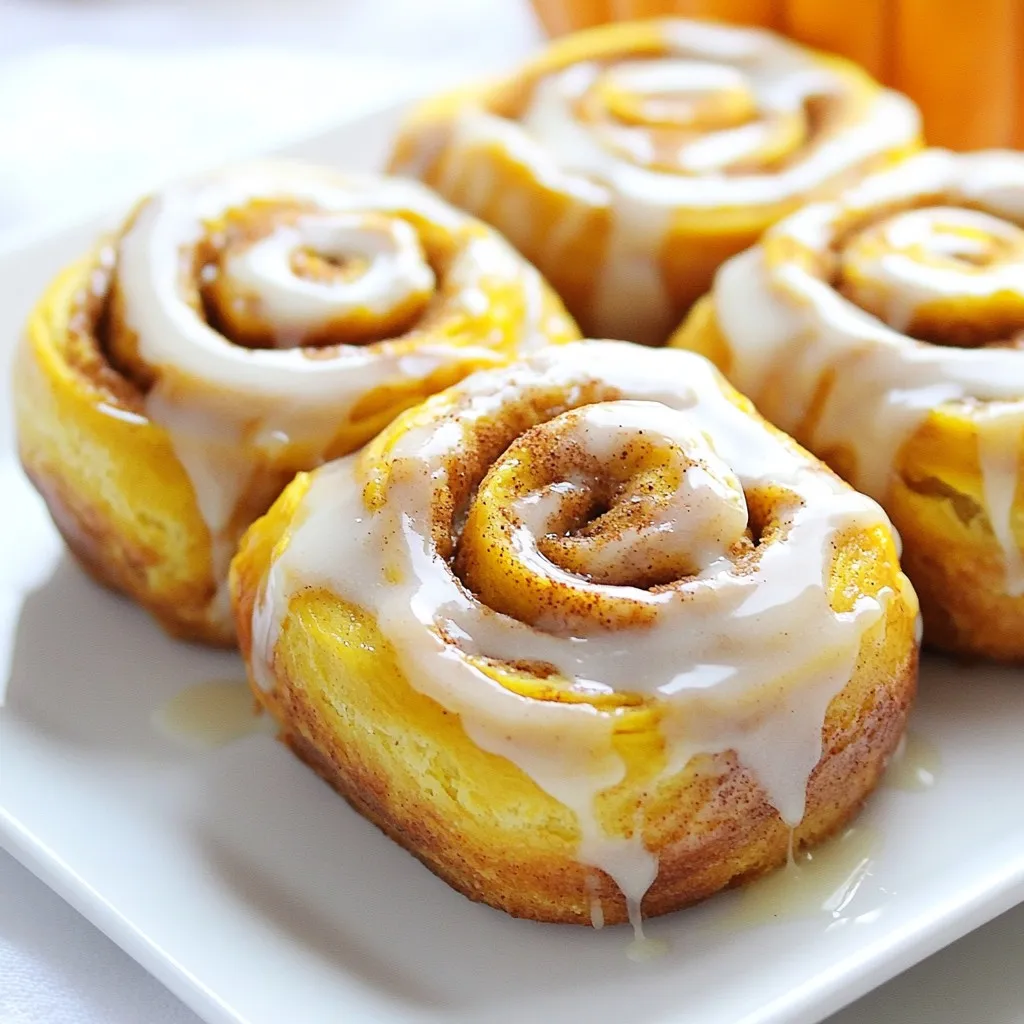 - All-Purpose Flour We need 2 cups of all-purpose flour. It gives the rolls structure. - Canned Pumpkin Puree One cup of canned pumpkin puree adds flavor and moisture. Look for 100% pumpkin. - Sugars: Granulated and Brown We use 1/4 cup each of granulated sugar and brown sugar. They balance sweetness and add depth. - Spices: Cinnamon, Nutmeg, Ginger The spices give warmth. Use 1 teaspoon of cinnamon, 1/2 teaspoon of nutmeg, and 1/4 teaspoon of ginger. Each spice brings fall flavors. - Yeast and its Role We need 2 1/4 teaspoons of active dry yeast. It helps the dough rise. The yeast ferments the sugars and makes the rolls fluffy. - Butter, Milk, and Egg Use 1/4 cup of melted butter, 1/4 cup of warmed milk (110°F), and 1 large egg. The butter adds richness, the milk gives moisture, and the egg binds everything together. {{ingredient_image_2}} Activating the Yeast Start with warm milk, about 110°F. Mix it with yeast in a small bowl. Let it sit for five minutes. The yeast should foam up. This shows the yeast is active. Combining Dry Ingredients In a large bowl, whisk together: - 2 cups all-purpose flour - 1/4 cup granulated sugar - 1/4 cup brown sugar, packed - 1/2 teaspoon salt - 1 teaspoon ground cinnamon - 1/2 teaspoon ground nutmeg - 1/4 teaspoon ground ginger Make sure all the dry ingredients blend well together. Mixing Wet Ingredients Now, add the pumpkin puree, melted butter, egg, and the frothy yeast mix. Stir until a sticky dough forms. Use a wooden spoon or spatula for this. Kneading Techniques Transfer the dough to a floured surface. Knead it for about 5-7 minutes. Add extra flour as needed. The dough should feel smooth and elastic. First Rise Duration Place the dough in a greased bowl. Cover it with a clean kitchen towel. Let it rise in a warm place for one hour. It should double in size. Rolling Out the Dough Once the dough has risen, gently punch it down. Roll it out on a floured surface into a 1/4 inch thick rectangle. Cinnamon Sugar Filling Spread a thin layer of softened butter on the dough. Sprinkle a mix of cinnamon and sugar on top. Use your fingers or a spatula for even coverage. Cutting and Arranging Rolls From one long edge, tightly roll the dough to the other edge. Pinch the edges to seal. Cut the log into 12 equal pieces. Arrange these pieces in a greased baking dish. Preheating the Oven While the rolls rise, preheat your oven to 375°F (190°C). Baking Time and Visual Cues Cover the rolls with a towel. Let them rise again for 30 minutes. Bake them for 20-25 minutes. Look for a golden brown color to know they are done. Preparing the Cream Cheese Glaze While the rolls bake, make the glaze. In a medium bowl, mix together: - 1/2 cup cream cheese, softened - 1 cup powdered sugar - 1 teaspoon vanilla extract - 2 tablespoons milk Beat until smooth and creamy using a whisk or mixer. Application Tips Once the rolls are out of the oven, let them cool slightly. Drizzle the cream cheese glaze over the warm rolls. Enjoy every bite of this fall treat! - Yeast Activation Errors: Always check the yeast's freshness. If it doesn’t froth, it’s dead. Warm milk is key. It should be around 110°F. Too hot will kill the yeast. - Over or Under-Kneading Dough: Kneading helps the dough rise. Knead for 5-7 minutes until smooth. If it's too sticky, add a bit of flour. But don’t overdo it. Too much flour makes the rolls tough. - Using Fresh Spices vs. Ground: Fresh spices pack more punch. They give a brighter flavor. Grinding your own spices makes a big difference. If you use ground spices, make sure they are fresh too. - Infusing Extra Pumpkin Spice Flavor: Add more cinnamon and nutmeg for a richer taste. You can also mix in a little allspice or cloves. This will deepen the flavor and make your rolls stand out. - Achieving the Right Consistency: The glaze should be smooth and pourable. If it’s too thick, add a bit more milk. If it’s too thin, add more powdered sugar. A good balance is key for perfect drizzle. - Alternatives to Cream Cheese Glaze: If you want something lighter, try a vanilla glaze. Mix powdered sugar with milk and vanilla. This keeps the rolls sweet but less rich. Pro Tips Use Fresh Spices: For the best flavor, use freshly ground spices instead of pre-ground ones. This enhances the aromatic qualities of your cinnamon rolls. Check Dough Temperature: Ensure your dough is in a warm, draft-free area while it rises. Ideal temperatures help the yeast activate properly for fluffy rolls. Adjust Sweetness: Feel free to adjust the sugar in the filling and glaze according to your taste. You can also use brown sugar for a richer flavor. Make Ahead: Prepare the rolls the night before and refrigerate them after shaping. Let them rise in the morning before baking for fresh rolls at breakfast! {{image_4}} You can make these rolls vegan by changing a few ingredients. Instead of using eggs, try a flax egg. Mix one tablespoon of ground flaxseed with three tablespoons of warm water. Let it sit for about five minutes until it thickens. For dairy, swap the milk with almond or soy milk. Use a vegan butter for the dough and glaze. This way, you keep all the yummy flavors while making it plant-based. If you need a gluten-free option, use a good gluten-free flour blend. Look for one that has xanthan gum in it. This helps mimic the texture of regular flour. You can also mix different flours like almond flour or coconut flour. Just make sure to adjust the liquid amounts so your dough stays soft and smooth. You can add nuts or chocolate chips for extra flavor. Chopped walnuts or pecans work well. Just sprinkle them on top of the cinnamon sugar before rolling. If you like chocolate, add some mini chocolate chips into the filling. You can also try different spices. Mix in some allspice or cardamom for a unique twist. Each change will give your rolls a new taste and make them fun to try! Store your pumpkin cinnamon rolls in an airtight container. This keeps them fresh. If you want to save them longer, consider freezing. - Refrigeration: These rolls last about 3 to 5 days in the fridge. - Freezing: For longer storage, freeze them for up to 3 months. Wrap each roll in plastic wrap. Then, place them in a freezer bag. This prevents freezer burn. You can enjoy your pumpkin cinnamon rolls warm again. Reheat them using either an oven or a microwave. - Oven: Preheat to 350°F (175°C). Place the rolls on a baking sheet. Heat for about 10 minutes. This keeps them soft and fluffy. - Microwave: For a quick warm-up, use the microwave. Heat for about 15-20 seconds. This may make them slightly chewy, so watch the time. How long do these tasty treats last? Here’s a quick rundown: - Room Temperature: 1 to 2 days if stored properly. - Refrigeration: 3 to 5 days. - Freezing: Up to 3 months if wrapped well. Enjoy your pumpkin cinnamon rolls at their best! Yes, you can make these cinnamon rolls ahead of time. After you shape the rolls, cover them tightly and place them in the fridge. You can let them rise in the fridge overnight. In the morning, take them out and let them sit for about 30 minutes before baking. If your dough isn’t rising, check your yeast. Make sure it is fresh and active. The milk should be warm, not hot. If it is too hot, it can kill the yeast. Also, ensure your dough is in a warm, draft-free place. To adjust for a smaller batch, you can halve the recipe. Use 1 cup of pumpkin, 1 cup of flour, and adjust the other ingredients accordingly. This gives you about six rolls instead of twelve. Yes, you can swap pumpkin puree for other purees like apple or sweet potato. Each puree gives a different taste, so feel free to experiment. Just keep the liquid amounts the same. I love serving pumpkin cinnamon rolls warm, right out of the oven. Drizzle them with cream cheese glaze. For a pretty touch, sprinkle a dash of cinnamon on top. Enjoy them with a cup of coffee or tea for a cozy treat. You can create delicious pumpkin cinnamon rolls with simple ingredients and easy steps. We discussed the essential ingredients, from flour and sugars to spices and yeast. I provided step-by-step instructions, tips on avoiding common mistakes, and variations to suit different diets. Remember to store your rolls properly to keep them fresh. With a little practice, you’ll master this delightful treat. Enjoy baking and sharing these cinnamon rolls with those you love!