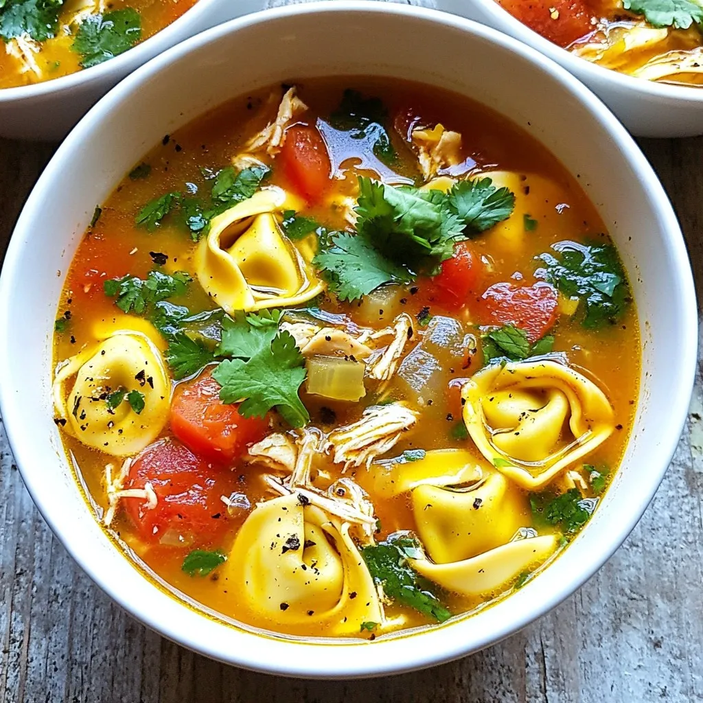For my Chicken Tortellini Soup, I use simple, fresh items. Here’s what you need: - 1 tablespoon olive oil - 1 medium onion, diced - 2 cloves garlic, minced - 2 medium carrots, diced - 2 stalks celery, diced - 6 cups chicken broth - 2 cups cooked chicken, shredded - 1 package (9 ounces) fresh cheese tortellini - 1 can (14.5 ounces) diced tomatoes with green chilies - 1 teaspoon dried oregano - 1 teaspoon dried basil - Salt and pepper to taste - 2 cups baby spinach - Fresh cilantro for garnish These ingredients create a warm, tasty soup. The cheese tortellini gives it a nice touch. Garnishes can make your soup look even better. Here are some options: - Fresh cilantro leaves - A sprinkle of black pepper - Grated Parmesan cheese These garnishes add flavor and a pretty look to your dish. You can change some ingredients to fit your diet. Here are a few ideas: - Use vegetable broth for a vegetarian option. - Swap chicken for tofu or beans for a plant-based meal. - Choose gluten-free tortellini if needed. With these swaps, you still get a hearty meal that everyone can enjoy! {{ingredient_image_1}} Start by gathering your ingredients. Chop the onion, garlic, carrots, and celery. Heat 1 tablespoon of olive oil in a large pot over medium heat. Add the diced onion and sauté it for 3-4 minutes. The onion should look clear. Then, add the minced garlic, diced carrots, and celery. Cook these for another 5 minutes while stirring. This step builds a nice base of flavor. Next, pour in 6 cups of chicken broth. Bring the mixture to a gentle boil. The broth adds depth and warmth to the soup. Once it starts boiling, add 2 cups of cooked chicken and 1 package of fresh cheese tortellini. Don’t forget the 14.5-ounce can of diced tomatoes with green chilies! Add 1 teaspoon of dried oregano, 1 teaspoon of dried basil, salt, and pepper. Stir everything well. Reduce the heat to a simmer. Let it cook for 5-7 minutes until the tortellini is tender. Finally, stir in 2 cups of baby spinach. The spinach will wilt quickly, adding a splash of color and nutrients. Let it sit for 1-2 minutes. Taste the soup and adjust the seasoning. You can add more salt or pepper if needed. When serving, use deep bowls and garnish with fresh cilantro. This adds a finishing touch to your hearty and comforting chicken tortellini soup! To boost the taste of your Chicken Tortellini Soup, use spices wisely. I love adding dried oregano and basil. These spices bring fresh notes to the soup. You can also sprinkle in some red pepper flakes for heat. If you want a zestier flavor, try adding a squeeze of lemon juice. Fresh herbs can also lift the taste. Use cilantro or parsley as a bright garnish. You want your tortellini to be soft but not mushy. Add the tortellini only when the soup is boiling. This helps them cook perfectly. Follow the package instructions for cooking time. Usually, about five to seven minutes is enough. Stir gently to keep them from sticking together. You can taste them to check if they are ready. If they are firm but tender, you nailed it! For a full meal, serve your soup with crusty bread. A fresh green salad pairs well, too. You can add a sprinkle of cheese on top for extra flavor. Serve the soup in deep bowls and garnish with cilantro. A dash of black pepper adds a nice touch. Enjoying this soup feels cozy and satisfying. Pro Tips Use Fresh Ingredients: Fresh vegetables and herbs can elevate the flavor of the soup significantly. Opt for organic produce when possible for the best taste. Cook Tortellini Separately: For a slightly firmer texture, consider cooking the tortellini separately and adding it to the soup just before serving. Adjust Spice Levels: If you prefer a spicier soup, add some diced jalapeños or a pinch of cayenne pepper to kick up the heat. Make it Ahead: This soup can be made ahead of time and stored in the refrigerator for up to 3 days. Reheat gently on the stove and add spinach just before serving to keep it fresh. {{image_2}} You can add some heat to your chicken tortellini soup. A great way is to use diced jalapeños or crushed red pepper flakes. These ingredients bring a nice kick. You may also try using spicy sausage instead of cooked chicken. This adds flavor and warmth. Another option is to use a can of diced tomatoes with jalapeños. This choice gives the soup a zesty twist. If you want a vegetarian version, there are simple swaps. Replace chicken broth with vegetable broth for a lighter base. Use mushrooms or zucchini instead of chicken. They add texture and flavor. You can also add chickpeas for protein. Fresh tortellini can be found in cheese or spinach varieties. This keeps the soup hearty and satisfying. The type of broth you use can change the soup’s flavor. Chicken broth is classic, but vegetable broth works well too. For a richer taste, try using bone broth. This adds depth and extra nutrients. If you want something bold, try a miso broth. It gives a unique umami flavor. Each broth option offers a new twist to this comforting soup. To store leftover Chicken Tortellini Soup, let it cool down first. Pour the soup into an airtight container. You can keep it in the fridge for up to three days. Make sure to seal the container well to keep it fresh. Label it with the date to track how long it has been stored. If you want to freeze the soup, it’s best to do this before adding the tortellini. Cook the soup base with all the vegetables and chicken, then cool it. Store it in freezer-safe bags or containers. Leave some space at the top for expansion. You can freeze it for up to three months. When you are ready to eat, thaw it in the fridge overnight. To reheat the soup, pour it into a pot over medium heat. If it’s frozen, thaw it in the fridge first. Add a splash of broth or water if it seems thick. Stir it often until it heats through. If you stored it with tortellini, add fresh tortellini and simmer until they are tender, which usually takes about 5-7 minutes. Enjoy your warm, comforting bowl! Yes, you can use frozen tortellini. Just add them to the soup without thawing. Cook for a few extra minutes until they are tender. This saves time and is very convenient. Frozen tortellini often has great flavor and texture. To make this soup gluten-free, use gluten-free tortellini. Many brands sell this option now. You can also check your chicken broth. Some broths may contain gluten, so read the label carefully. This way, everyone can enjoy the soup. You can add many veggies to this soup. Zucchini, bell peppers, or green beans work well. Just chop them small and add them when cooking the base. This adds color and boosts the flavor of your soup. This blog post shared how to make Chicken Tortellini Soup step-by-step. We covered key ingredients, cooking methods, and tips to enhance flavor. You can even customize the soup for your needs or diet. Remember to store leftovers properly, so they stay fresh. With this soup, you enjoy warm, tasty meals anytime. This recipe is simple and fun, making it a great choice for everyone. Now it’s your turn to try it!