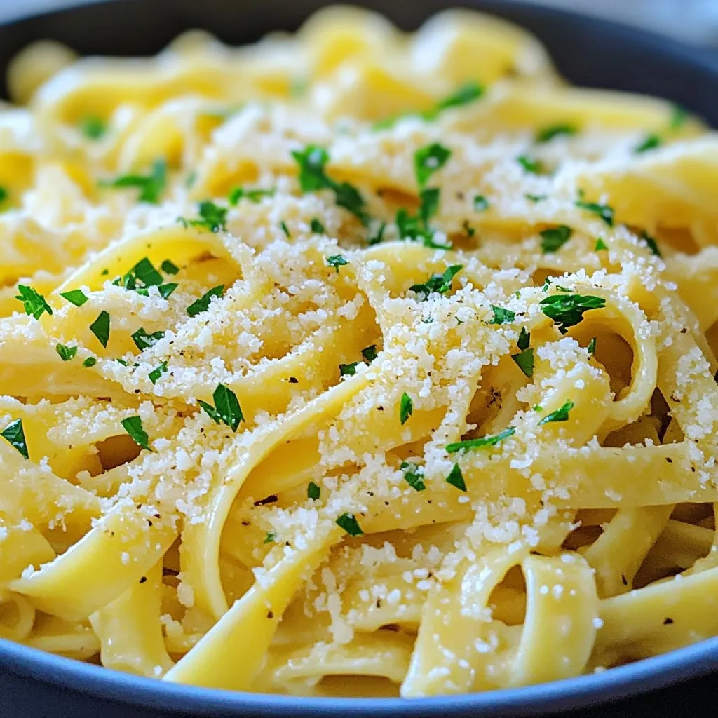 To make this rich and creamy dish, you will need: - 8 oz fettuccine pasta - 3 tablespoons unsalted butter - 4 cloves garlic, finely minced - 1 cup heavy cream - 1 cup freshly grated Parmesan cheese - 1 teaspoon Italian seasoning - Salt and freshly cracked black pepper, to taste These ingredients create a base that is both simple and full of flavor. The fettuccine provides a nice texture, while the garlic and Parmesan give it that classic taste. You can elevate your dish with a few simple garnishes: - Fresh parsley, finely chopped This adds a pop of color and freshness. You might also consider extra Parmesan for a cheesy finish. For this recipe, you will need: - A large pot for boiling pasta - A large skillet for making the sauce - A whisk for mixing - A colander for draining the pasta These tools make the cooking process smooth and efficient. With everything ready, you can focus on creating your delicious Garlic Parmesan Pasta. First, you need a large pot. Fill it with water and add salt. Bring the water to a rolling boil. Once it’s boiling, add your fettuccine pasta. Cook the pasta until it's al dente, about 8 to 10 minutes, or follow the package instructions. When done, drain the pasta but save about ½ cup of the starchy water. Set the pasta aside while you prepare the sauce. Grab a large skillet and place it over medium heat. Add three tablespoons of unsalted butter. Let it melt completely. Once melted, add four cloves of finely minced garlic. Sauté the garlic for about 1-2 minutes. Stir it often. You want it to be fragrant and golden, but not burnt. Keep an eye on it to avoid any dark spots. Now, carefully pour in one cup of heavy cream into the skillet. Turn the heat up a bit to bring it to a gentle simmer. Let the cream cook for 3-4 minutes. Stir it occasionally as it thickens. This is where the magic begins! Once the cream has thickened, lower the heat to medium-low. Gradually add in one cup of freshly grated Parmesan cheese. Whisk continuously until the cheese melts completely. This should create a creamy and smooth sauce. Next, add one teaspoon of Italian seasoning to the sauce. Then, sprinkle in salt and freshly cracked black pepper to taste. If your sauce feels too thick, use that saved pasta water. Add a little at a time until you reach the right consistency. Now, it's time to bring it all together! Add the cooked fettuccine to the skillet. Gently toss the pasta so it gets fully coated in the garlic Parmesan sauce. Make sure every strand of pasta is covered in that rich, creamy goodness. Remove the skillet from the heat. For a beautiful finish, garnish your pasta with finely chopped fresh parsley. Serve it hot in shallow pasta bowls. You can even add a sprinkle of extra Parmesan on top for that extra touch. Enjoy every bite of this delightful dish! To cook pasta just right, bring a pot of salted water to a boil. Add the fettuccine and cook it for about 8 to 10 minutes. Check the package for the exact time. Taste a piece to see if it has a slight bite. This is called al dente, which means "to the tooth" in Italian. It gives the pasta a nice texture. If it’s too soft, it won’t hold the sauce well. When picking Parmesan, always go for the real stuff. Look for Parmigiano-Reggiano. This cheese has a rich taste that makes your dish shine. Freshly grated cheese melts better than pre-grated. It also adds a creamier texture. If you can, grate it just before using. The flavor will be much stronger. If your sauce gets too thick, don’t worry! Just add a little of the starchy pasta water you saved. Start with one tablespoon and stir well. Repeat until you reach the creaminess you like. The pasta water helps the sauce stick better to the noodles. To boost the flavor, try adding fresh herbs. Basil or thyme work well with garlic. A squeeze of lemon juice can add a nice zing too. For a bit of heat, sprinkle in some red pepper flakes. Taste as you go. Adjust the salt and pepper to make it perfect for you. These tiny changes can make a big difference! {{image_4}} You can easily add vegetables to garlic Parmesan pasta. Spinach adds a nice color and taste. Just toss in fresh spinach near the end of cooking. It wilts down fast and blends well. Mushrooms also work great. Sauté sliced mushrooms in the butter with garlic. This adds a rich, earthy flavor. You could also try bell peppers, zucchini, or broccoli. They all bring unique tastes and textures. Adding protein turns this dish into a full meal. Cooked chicken is a top choice. Simply slice it and mix it in before serving. Shrimp is another tasty option. Sauté shrimp in the butter until pink, then add garlic. The shrimp will soak up the sauce's flavor. You can also use cooked sausage or even tofu for a twist. Each protein adds its special taste to the creamy pasta. To make garlic Parmesan pasta vegan, swap the cream with coconut cream or cashew cream. This keeps it rich and creamy. Use nutritional yeast in place of Parmesan cheese. It has a cheesy flavor that works well. Choose vegan butter or olive oil instead of regular butter. Your vegan pasta will still be full of flavor and satisfying. Enjoy a delicious meal that fits your needs! After enjoying your Garlic Parmesan Pasta, let it cool down. Place any leftovers in a container. Make sure it is airtight to keep the flavors fresh. You can store it in the fridge for about 3 to 4 days. If you want to keep it longer, consider freezing it. To reheat your pasta, first, take it out of the fridge. You can use a microwave or a skillet. If using a microwave, cover the pasta and heat in short bursts. Stir in between to heat evenly. If using a skillet, add a splash of water or cream to help it stay moist. Heat over low heat until warm. The best containers for pasta storage are glass or plastic. Make sure they are BPA-free. Glass containers are great for the fridge and can also go into the microwave. Plastic containers are lightweight and easy to stack. Just ensure they have tight-fitting lids to keep air out. You can make this dish vegan by swapping a few key ingredients. Use plant-based butter instead of unsalted butter. For the cream, choose full-fat coconut milk or a nut-based cream. Use nutritional yeast in place of Parmesan cheese. This gives a cheesy flavor without dairy. This pasta pairs well with many sides. A simple green salad adds freshness. Garlic bread complements the flavors nicely. Grilled vegetables or roasted asparagus also work well. For protein, try grilled chicken or shrimp on the side. Yes, you can use different pasta shapes. Penne, spaghetti, or even gluten-free pasta will work. Just cook according to the package instructions. Keep an eye on the cooking time for other shapes. This dish stays good in the fridge for about three to four days. Store it in an airtight container for best results. Reheat gently in a skillet or microwave when you're ready to enjoy it again. Yes, you can freeze this pasta. Allow it to cool completely before freezing. Store it in a freezer-safe container or bag. It will last for about one to two months. Thaw overnight in the fridge before reheating. This blog post guides you through making Garlic Parmesan Pasta. We covered the main ingredients and optional garnishes. You learned step-by-step how to cook the pasta, sauté garlic, and make a creamy sauce. We also shared tips to perfect your dish, variations for added flavor, and storage advice. Now, you can enjoy a delicious meal that suits your taste. With simple tweaks, this dish can fit any diet. Get cooking and share your tasty pasta with friends and family!