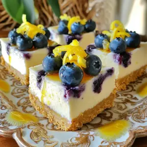 To make No-Bake Lemon Blueberry Cheesecake Bars, you need the following ingredients: - 1 ½ cups graham cracker crumbs - ½ cup unsalted butter, melted - 1 cup cream cheese, softened to room temperature - ½ cup powdered sugar - 2 tablespoons freshly squeezed lemon juice - Zest of 1 lemon - 1 cup heavy cream, chilled - 1 cup fresh blueberries, rinsed and drained - 1 tablespoon honey (optional, for drizzling) Each ingredient plays a key role in building flavor and texture. The graham cracker crumbs create a crunchy base. The melted butter binds the crumbs to form a solid crust. Cream cheese gives that rich, creamy filling we all love. Powdered sugar adds sweetness without any graininess. Fresh lemon juice and zest bring bright, tangy notes that cut through the creaminess. Heavy cream adds a light and airy texture, while blueberries offer a juicy burst of flavor. Drizzling honey is optional but gives a nice touch of sweetness. These ingredients work together to create a delightful dessert that is simple yet impressive. - Combine 1 ½ cups graham cracker crumbs and ½ cup melted unsalted butter. - Press this mixture firmly into the bottom of an 8x8 inch baking pan. - Beat 1 cup softened cream cheese and ½ cup powdered sugar together. - Add 2 tablespoons of lemon juice and the zest of 1 lemon. - Whip 1 cup chilled heavy cream until stiff peaks form. - Fold the whipped cream into the lemon cream cheese mixture gently. - Pour the creamy lemon mixture over the crust evenly. - Top with 1 cup fresh blueberries, pressing them lightly into the surface. - Cover the pan and refrigerate for at least 4 hours. - Cut into squares for serving after chilling. To get the best texture for your cheesecake bars, start with soft cream cheese. Take it out of the fridge for about an hour before you use it. This makes it easy to blend. If you forget, you can cut it into small pieces and microwave it for 10 seconds. Just watch it closely. Next, chilled heavy cream is key. Cold cream whips up light and fluffy. If the cream is warm, it won’t hold its shape. So, keep it in the fridge until you are ready to whip it. For a brighter taste, add more lemon zest. This gives a fresh zing to the bars. You can add up to one more teaspoon. It really brings out the lemon flavor. Also, think about using flavored graham crackers. Honey or cinnamon graham crackers add a nice twist. It changes the base from plain to something special. Presentation matters. When serving, top the bars with fresh blueberries. They look pretty and add a burst of flavor. Scatter them on top, then lightly press them down. You can drizzle honey over each piece for extra sweetness. It adds a nice shine too. For a fun touch, garnish with a sprinkle of lemon zest. It's colorful and makes the dessert pop. {{image_4}} You can easily change the fruit in this cheesecake. Try using strawberries or raspberries. Both fruits add a sweet and tart flavor that pairs well with lemon. You can also top the cheesecake with a mix of berries. This adds color and makes it look fancy. Want more flavor? Add a splash of vanilla extract to the cream cheese mix. It gives a nice depth to the dessert. You can also swap lemon juice for lime juice. Lime adds a fun twist and a zesty kick that surprises the taste buds. If you need a gluten-free option, use gluten-free graham crackers. They work just as well in the crust. For those who need dairy-free, there are cream cheese alternatives made from nuts or soy. These substitutes keep the creamy texture without the dairy. To store leftover No-Bake Lemon Blueberry Cheesecake Bars, cover them tightly with plastic wrap. This keeps the bars fresh and prevents them from absorbing other smells in the fridge. You can also use an airtight container for added protection. These cheesecake bars will stay fresh in the refrigerator for up to 5 days. If you want to save some for later, you can freeze the cheesecake bars. Cut them into squares first. Place the squares in a single layer on a baking sheet and freeze until solid. Once frozen, wrap each piece in plastic wrap, then place them in a freezer-safe bag. They can last in the freezer for up to 3 months. To thaw, remove a square from the freezer and let it sit in the fridge overnight. This helps keep the texture smooth. You can also leave it at room temperature for about 30 minutes if you’re in a hurry. Enjoy your delicious bars even after freezing! Yes, you can! I often prepare these cheesecake bars a day ahead. This gives them time to chill and set properly. For the best taste, cover them well in the fridge. Use plastic wrap or a lid to keep them fresh. Chilling them for at least four hours is key. I recommend overnight for a firmer texture. These cheesecake bars last about five days in the fridge. Keep them covered to maintain their freshness. If you store them properly, they stay delicious and safe to eat. Just check for any changes in smell or texture before serving. Absolutely! If you want to change things up, use other fruits. Strawberries, raspberries, or blackberries work well too. You can also combine different fruits for a fun twist. Just remember to adjust the amount to keep the flavor balanced. You now have all you need to make delicious No-Bake Lemon Blueberry Cheesecake Bars. We covered the simple ingredients and easy steps to create the perfect dessert. You learned tips to enhance flavor and texture. Plus, you discovered fun variations and ways to store your bars. Enjoy these fresh cheesecake bars at your next gathering. They will impress your guests and satisfy your sweet tooth!