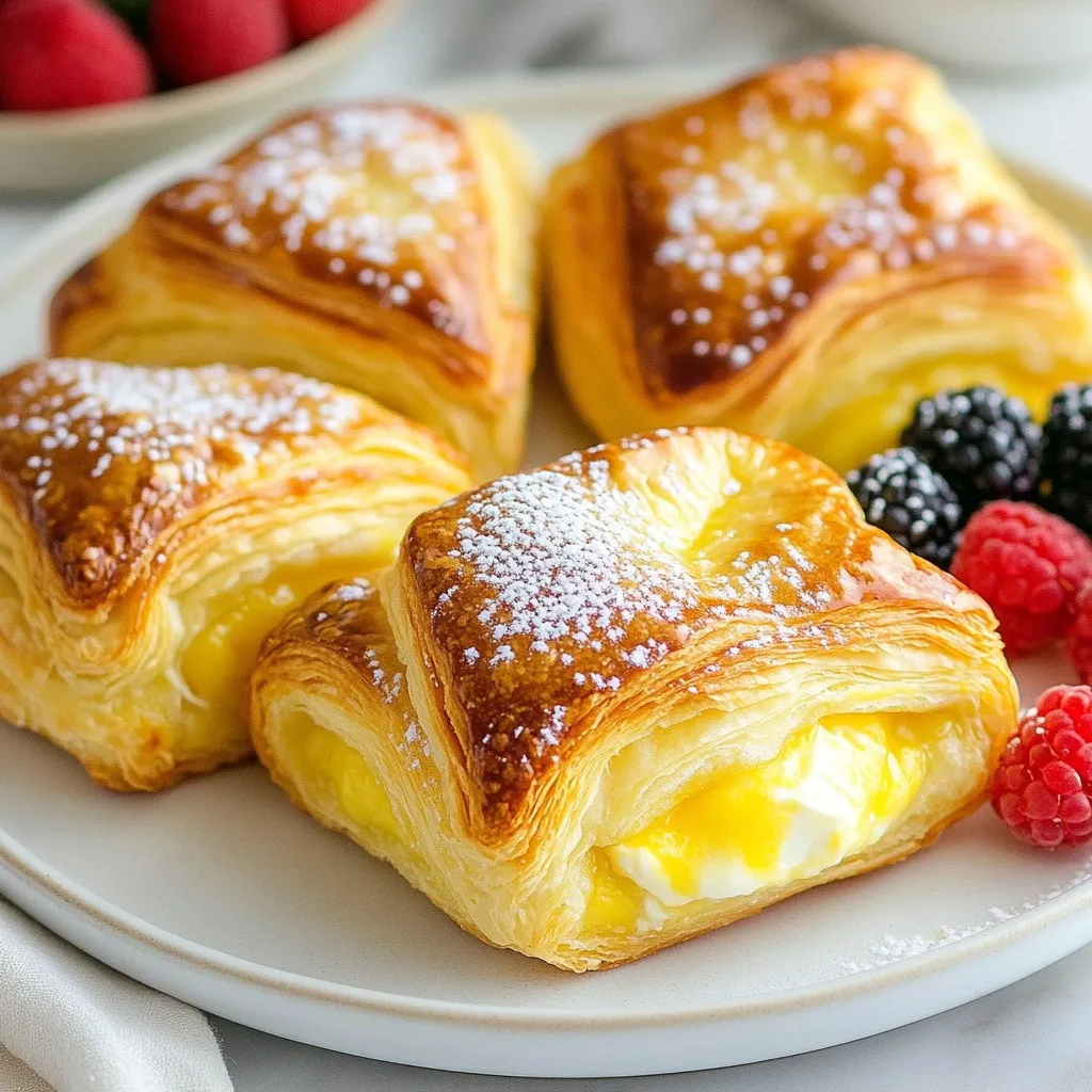 To make a tasty cheese Danish, you need these main ingredients: - 1 sheet of puff pastry (thawed) - 8 oz cream cheese, softened - 1/2 cup powdered sugar - 1/4 cup granulated sugar - 1 teaspoon vanilla extract - 1 egg yolk - 1 tablespoon lemon juice - 1 egg (beaten, for egg wash) The puff pastry gives the Danish its flaky feel. The cream cheese adds creaminess and tang. The sugars sweeten the filling, while the vanilla gives a nice flavor boost. The egg yolk and lemon juice balance the sweetness. You can add these optional garnishes to make your cheese Danish even better: - Fresh berries Berries like strawberries or blueberries add color and flavor. They also bring a fresh taste that pairs well with the creamy cheese. For this recipe, gather these tools: - Baking sheet - Parchment paper - Mixing bowl - Rolling pin - Knife or pizza cutter - Pastry brush Using these tools will help you easily prepare and bake your cheese Danish. Make sure to line the baking sheet with parchment paper to keep the pastries from sticking. {{ingredient_image_1}} First, preheat your oven to 400°F (200°C). This step is key for a crispy pastry. Next, take the puff pastry out of the fridge and let it thaw. Once thawed, place it on a lightly floured surface. Roll the pastry to smooth out any creases. It should be about ¼ inch thick. Now cut it into 4 equal squares. These will hold your creamy filling. In a mixing bowl, combine 8 oz of softened cream cheese, ½ cup of powdered sugar, and ¼ cup of granulated sugar. Add 1 teaspoon of vanilla extract, 1 egg yolk, and 1 tablespoon of lemon juice. Beat this mixture until it is smooth and creamy. This filling will add a rich taste to your Danish. Now, it’s time to assemble. Place a generous spoonful of the cream cheese mixture in the center of each puff pastry square. Fold the corners towards the center over the filling. Pinch the corners to seal them well. This keeps the filling from leaking out while baking. Next, brush the tops with a beaten egg. This will make them golden and shiny. Place the Danish on a lined baking sheet. Bake for 15 to 18 minutes, until puffed and golden brown. Allow them to cool slightly before serving. For a fun touch, add fresh berries on top. To get that flaky texture, keep your puff pastry cold. Warm pastry does not puff well. Roll out the pastry on a floured surface. Cut it into squares carefully. Make sure not to stretch the dough. This will help keep the layers intact. Bake in a preheated oven at 400°F (200°C). The high heat makes the layers rise and crisp. One common mistake is overworking the dough. This can make the pastry tough. Another issue is not sealing the corners well. If they are not sealed, the filling may leak out. Also, do not skip the egg wash. It gives a nice golden color. Lastly, avoid baking too long. Keep an eye on them to prevent burning. If you have leftover Danish, let them cool first. Store them in an airtight container. They stay fresh in the fridge for up to three days. For longer storage, freeze them. Wrap each Danish tightly in plastic wrap and foil. When ready to eat, reheat in the oven for crispness. Enjoy your treats again! Pro Tips Use Cold Puff Pastry: Ensure your puff pastry is cold before rolling it out. This helps maintain its flakiness during baking. Don't Overfill: Be careful not to overfill the pastry squares. A generous spoonful of filling is enough to prevent overflow while baking. Egg Wash for Shine: Applying an egg wash gives the Danish a beautiful, shiny finish. Make sure to coat all exposed pastry for an even look. Experiment with Flavors: Feel free to add spices like cinnamon or nutmeg to the cream cheese filling for a unique twist on the classic flavor. {{image_2}} You can change the cheese in your Danish. Try ricotta or mascarpone for a new taste. Both cheeses offer a creamy texture and mild flavor. Mix in herbs or spices to create savory options. For sweet fillings, consider adding chocolate or almond extracts. These changes keep your Danish exciting and fun. Adding fruit to your cheese filling makes the Danish even better. You can mix in fresh berries like blueberries or raspberries. These fruits add color and a burst of flavor. For a tropical twist, try mango or pineapple. You can also layer fruit on top before baking. This gives your Danish a beautiful look and extra sweetness. If you need a gluten-free option, use gluten-free puff pastry. Many stores sell ready-made versions. You can also make your own with gluten-free flour and butter. Just follow a good recipe to get the right texture. Your Danish will still taste great and be safe for those who avoid gluten. Homemade cheese Danish pairs well with coffee or tea. The rich, creamy filling complements the warmth of both drinks. For coffee lovers, a dark roast works best. The bold flavor contrasts nicely with the sweet pastry. If you prefer tea, a light chamomile or Earl Grey enhances the experience. You can sip your drink while enjoying a warm Danish. It makes a perfect snack or breakfast treat. Plating your cheese Danish creatively can make your dish look special. Place the Danish on a colorful plate. Add a dusting of powdered sugar on top for a sweet touch. You can also drizzle a bit of honey or melted chocolate for extra flair. To make it more appealing, arrange some fresh berries around the Danish. This adds color and freshness to your plate. Guests will love how it looks and tastes. Seasonal fruits elevate your cheese Danish. Fresh berries like strawberries, blueberries, or raspberries add a burst of flavor. In summer, pair with peaches or cherries for a juicy twist. In fall, try apples or pears for a cozy vibe. Slice the fruit and place it on the side. This adds a refreshing contrast to the creamy filling. It’s a delightful way to enjoy your Danish, making each bite even better. To reheat your Homemade Cheese Danish, you can use an oven or a microwave. If using an oven, preheat it to 350°F (175°C). Place the Danish on a baking sheet and cover it with foil. Heat for about 10 minutes. This keeps the pastry crispy. If you prefer the microwave, heat it for 15-20 seconds on a plate. The microwave will warm it but may make it soft. Yes, you can use store-bought cream cheese. It saves time and still tastes good. Just make sure it is softened before mixing. This helps achieve a smooth filling. You can find cream cheese in most grocery stores. You can substitute puff pastry with phyllo dough or crescent roll dough. Phyllo dough creates a different texture but is still flaky. Just layer a few sheets and cut them into squares. Crescent roll dough is a great option too. It offers a sweeter taste. Roll it out and cut it to fit your needs. Making homemade cheese danish is fun and easy. We covered the key ingredients, like cream cheese and puff pastry, and I shared optional garnishes to enhance your dish. You learned step-by-step instructions for preparing the pastry, making the filling, and the baking process. I also provided tips for perfecting texture and avoiding common mistakes. Don’t hesitate to experiment with variations and serving ideas. You can elevate your cheese danish game with different fillings and seasonal fruits. Enjoy your baking journey and savor every delicious bite.