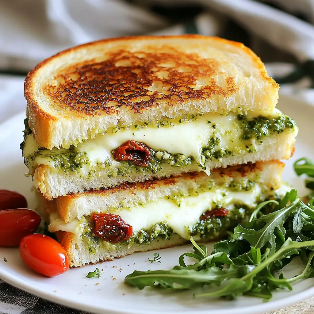 - 4 slices of sourdough bread - 1 cup fresh mozzarella cheese, sliced - 1/2 cup basil pesto - 1/4 cup sun-dried tomatoes, chopped - 2 tablespoons butter, softened To make this pesto grilled cheese, we start with sourdough bread. It adds a nice tang and crunch. We use fresh mozzarella for its creamy texture. Basil pesto brings a burst of flavor with every bite. Sun-dried tomatoes give a sweet, rich taste that pairs well. Finally, butter helps create a golden crust when grilled. - Fresh arugula - Additional cheeses - Fresh herbs You can customize this sandwich with fresh arugula. It adds a peppery crunch that brightens the dish. You might also try different cheeses like cheddar or gouda for more flavor. Fresh herbs like thyme or oregano can also enhance the taste. - Salt - Pepper - Any preferred spices Salt and pepper are key to bringing out the flavors. You can also add your favorite spices to the mix. A pinch of garlic powder or crushed red pepper can add a nice kick. These simple additions make your pesto grilled cheese even more delicious. {{ingredient_image_1}} First, grab two slices of sourdough bread. Spread basil pesto on one side of each slice. Make sure to cover the whole slice. This adds flavor and moisture to your sandwich. Now, take one slice with pesto facing up. Layer fresh mozzarella cheese on top of that pesto. Use about half of your cheese. Then, sprinkle chopped sun-dried tomatoes on top of the cheese. Add a pinch of salt and pepper for extra taste. Finally, place the other slice of bread on top, with the pesto side facing down. Next, spread softened butter on the outside of both bread slices. This will help create a golden crust. Heat a non-stick skillet over medium heat. Place your sandwich in the skillet and grill for 3-4 minutes. Flip the sandwich and grill the other side for another 3-4 minutes. Press down gently with a spatula while grilling for even cooking. When both sides are golden brown and the cheese melts, remove the sandwich from the skillet. Let it cool for a minute, then cut it diagonally. If you like, add fresh arugula on the side to garnish. Enjoy the gooey goodness of your pesto grilled cheese! To get that golden crust, use these simple steps: - Choose the Right Heat: Use medium heat. This helps the cheese melt without burning the bread. - Butter Properly: Spread the butter evenly on the outside. This creates a nice, crispy layer. - Press Down Gently: Use a spatula to press the sandwich while grilling. This helps it cook evenly. You can change the taste to suit your mood. Here’s how: - Swap Cheeses: Try sharp cheddar or creamy gouda instead of mozzarella. Each cheese gives a unique flavor. - Add Spices: Sprinkle red pepper flakes for heat or garlic powder for extra flavor. Experiment and find your favorite mix! Pair your pesto grilled cheese with something tasty: - Soup: Tomato soup is a classic choice. The flavors blend well and make a comforting meal. - Salad: A fresh green salad adds crunch and lightness. It balances the richness of the sandwich. Enjoy these tips to elevate your pesto grilled cheese! Pro Tips Choose the Right Bread: For the best flavor and texture, opt for a thick slice of sourdough. It holds up well against the gooey cheese and pesto. Experiment with Cheeses: While mozzarella is delicious, try adding provolone or fontina for a different flavor profile. Mixing cheeses can elevate your grilled cheese game! Keep It Low and Slow: Cooking the sandwich on medium-low heat allows the cheese to melt thoroughly without burning the bread, ensuring a perfectly grilled sandwich. Enhance the Flavor: Adding a pinch of garlic powder or crushed red pepper flakes to the pesto can give your sandwich an extra kick of flavor! {{image_2}} You can swap mozzarella for other cheeses. Cheddar gives a sharp flavor. Gouda adds a creamy touch. Provolone melts beautifully and offers a mild taste. Feel free to mix cheeses for more depth. A blend can create a unique taste that surprises your palate. While sourdough is great, try using ciabatta for a chewy texture. Whole grain bread adds a nutty flavor and is more nutritious. If you need gluten-free options, look for gluten-free bread varieties. Each type of bread will change the texture and taste of your sandwich. Adding seasonal vegetables can enhance your pesto grilled cheese. Try thin slices of zucchini or roasted red peppers. Fresh spinach or arugula can add a peppery bite. You might also consider spreads like hummus or avocado. These additions can create a fresh twist on the classic recipe. To store your pesto grilled cheese, wrap it tightly in foil or plastic wrap. You can place the sandwich in an airtight container. This keeps it fresh and prevents it from getting soggy. If you want to save it for later, you can freeze it. Just make sure to wrap it well to avoid freezer burn. To reheat your sandwich, use a skillet for the best results. Heat the skillet over low to medium heat. Place the sandwich on the skillet and cover it with a lid. This helps the cheese melt without burning the bread. Heat for about 3-5 minutes on each side. If you want it crispier, you can add a little butter to the skillet. You can keep your pesto grilled cheese in the fridge for about 3 days. If you freeze it, it can last up to a month. Just remember to label it with the date. Enjoy your delicious sandwich fresh for the best taste! Yes, you can use store-bought pesto. It saves time and is very convenient. However, homemade pesto usually tastes fresher and richer. Store-bought brands may lack the same depth of flavor. If you choose to buy, look for brands with high-quality ingredients. Check for fresh basil, good oil, and no preservatives. This will enhance the taste of your grilled cheese. I love sourdough for grilled cheese. Its crust is crispy, and the inside is soft. You can also use other breads like whole grain or ciabatta. Each type gives a different texture and flavor. Choose what you like best. Just make sure it can hold the cheese and pesto well. A good bread will make your sandwich even better. Making pesto grilled cheese in a microwave is fast. Here’s how to do it: 1. Prepare the Bread: Spread pesto on one side of two slices of bread. 2. Add Cheese: Place mozzarella slices on one pesto side. Top with sun-dried tomatoes. 3. Assemble: Put the other slice on top, pesto side down. 4. Microwave: Place the sandwich on a microwave-safe plate. Microwave for 30 seconds. Check if the cheese melts; if not, add 15 seconds. 5. Serve: Let it cool a bit, then enjoy! This method is quick but may not give you the crispy crust you get from grilling. Creating a pesto grilled cheese sandwich is simple and fun. We covered the main ingredients, like sourdough bread and fresh mozzarella. I shared step-by-step instructions to help you assemble and grill perfectly. You can customize it with different cheeses or add fresh veggies. Remember to store any leftovers properly and enjoy them later. The joy of cooking lies in experimenting with flavors. Don't be afraid to make this recipe your own and delight your taste buds!