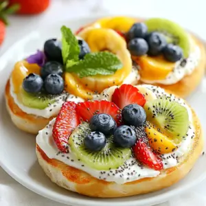 Here are the simple ingredients you need for Bagel Fruit Breakfast Pizzas: - Bagels (plain or everything) - Cream cheese - Fresh fruits - Sweetener options - Optional toppings These ingredients make a fun and tasty breakfast. You can use any bagel you like. I enjoy plain or everything bagels for this recipe. The cream cheese serves as a creamy base. You can choose plain cream cheese or try a flavored one. For the fresh fruits, I recommend using strawberries, blueberries, kiwi, and bananas. They add color and sweetness. You can mix and match to fit your taste. Sweeteners like honey or maple syrup bring extra flavor. Feel free to drizzle a bit on top of the fruits. If you want, add chia seeds for a crunchy texture and more nutrition. Lastly, fresh mint leaves make a lovely garnish. They add a pop of color and a refreshing taste. This mix of ingredients creates a bright and delicious meal. {{ingredient_image_1}} To start, take your bagels and slice each one in half. Toast them until they turn a lovely golden brown. This step gives the bagels a nice crunch. Once toasted, spread one tablespoon of cream cheese on each half. Make sure to cover the entire surface evenly for great flavor. Next, wash and chop your fresh fruits into bite-sized pieces. You can use strawberries, blueberries, kiwi, or any of your favorites. The more colorful your fruits, the better! After chopping, arrange the fruits on top of the cream cheese. Layer them nicely for a pretty look. Now, it&rsquo;s time for the sweet part! Drizzle honey or maple syrup over the fruits. This adds extra sweetness and makes it even more delicious. If you like, sprinkle chia seeds on top for added crunch and nutrition. Finish with a few fresh mint leaves for a bright touch and extra flavor. When picking bagels, think about flavor and texture. Plain bagels give a great base for toppings. Everything bagels add a savory touch with their mix of spices. For texture, go for bagels that are fresh and slightly chewy. Toast them until golden brown for that perfect crunch. This crunch makes each bite exciting and fun. Cream cheese is key to this recipe. You can use plain cream cheese if you want a simple taste. For a twist, try flavored options like strawberry or chive. When spreading, make sure to cover the entire bagel half. Use a butter knife for an even layer. This helps the fruit stick and adds creaminess. Presentation matters when serving. Use a bright plate to showcase your bagel pizzas. Cut each bagel half into quarters for easy sharing. You can also top with extra fruit for a pop of color. Pair these pizzas with a glass of juice or yogurt. This makes a balanced and tasty meal. Pro Tips Choose Fresh Fruits: Always select the freshest fruits for your breakfast pizzas to enhance flavor and nutritional value. Mix and Match: Experiment with different cream cheese flavors, such as strawberry or chive, to create unique taste combinations. Make it Vegan: Substitute cream cheese with a plant-based cream cheese alternative and use agave syrup instead of honey for a vegan-friendly option. Prep Ahead: Prepare the bagel halves and wash the fruits in advance to save time during busy mornings. {{image_2}} You can mix and match fruits based on the season. In spring and summer, try strawberries, blueberries, and kiwi. Fall brings apples and pears, while winter can feature citrus fruits like oranges. These fruits add bright colors and flavors. Moreover, they also provide vitamins and minerals. Consider pairing sweet fruits like bananas with tart ones like raspberries. This balance creates a tasty bite. While cream cheese is a classic choice, consider yogurt for a lighter option. Greek yogurt adds protein and a tangy taste. Flavored yogurts, like vanilla or berry, can also work well. Nut butters are another great option. Almond butter or peanut butter adds a nutty flavor and extra creaminess. These spreads offer a different twist on your bagel fruit pizza. If you want to cut sugar, consider using fruit preserves. They add sweetness and can be spread easily. You can also use natural sweeteners like agave or stevia. If you prefer a more natural touch, try mashed bananas or applesauce. These alternatives not only sweeten but also add moisture and flavor. To keep your bagel fruit breakfast pizzas fresh, store them right. First, place the uneaten bagels in an airtight container. This helps prevent them from drying out. You can also wrap them in plastic wrap for added protection. It&rsquo;s best to eat leftovers within two days for the best taste. When you want to enjoy leftovers, re-toast the bagels for a quick fix. Preheat your oven to 350&deg;F (175&deg;C). Place the bagels on a baking sheet and heat for about 5 to 10 minutes. This way, you keep that nice crunch. Avoid using a microwave, as it can make the bagels soggy. Enjoy your tasty treat! Yes, you can prep some parts ahead. Toast the bagels and store them. Keep the cream cheese in a container. Chop your fruits and store them in the fridge. Just layer everything when you're ready to eat. This saves you time in the morning! I love using a mix of fruits. Here are some great options: - Strawberries - Blueberries - Kiwi - Bananas You can also try peaches or raspberries for a twist. The more colors, the better! Absolutely! Use plant-based cream cheese for a vegan option. Maple syrup is a great sweetener to stick with. You can also add nut butter instead of cream cheese. This keeps the dish tasty and plant-based! You now know how to make tasty bagel pizzas using simple ingredients and fun toppings. Start with your favorite bagels and cream cheese, then add fresh fruits and sweeteners. Remember our tips on choosing bagels and spreads to boost flavor. You can swap fruits or spreads for endless variations. Store leftovers properly to keep them fresh and enjoy your creations later. Making this fun meal can be easy, quick, and satisfying. Now, get creative and enjoy your delicious bagel pizzas!
