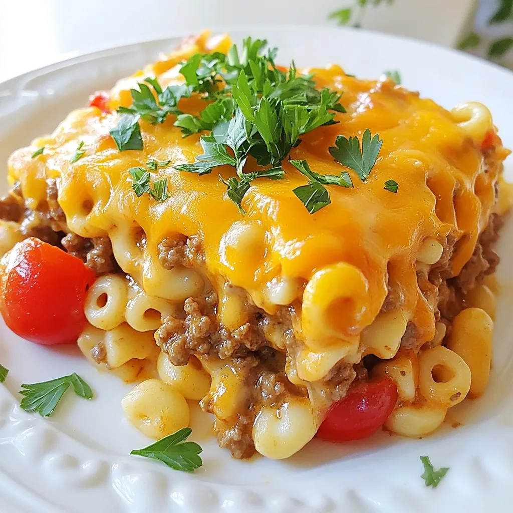 To make this tasty dish, gather these main ingredients: - 1 lb ground beef - 1 small onion, finely diced - 2 cloves garlic, minced - 1 cup cherry tomatoes, halved - 1 cup dill pickles, diced - 1 cup shredded sharp cheddar cheese - 1 cup elbow macaroni pasta - 2 cups beef broth - 1 tablespoon Worcestershire sauce - 1 teaspoon mustard (yellow or Dijon) - Salt and freshly ground black pepper to taste - 1 tablespoon extra virgin olive oil These ingredients create a rich and hearty flavor. The ground beef gives protein, while the cheese adds creaminess. The pasta makes it filling and comforting. You can elevate your casserole with these optional toppings: - Additional shredded cheddar cheese - Crispy bacon bits - Sliced green onions - Fresh herbs like parsley or chives These toppings add flavor and texture. They also make your dish look more appealing. A sprinkle of fresh herbs brightens the plate. Pair your cheeseburger casserole with these side dishes: - Simple green salad - Garlic bread - Steamed broccoli - French fries These sides complement the casserole well. They offer balance and variety to your meal. Enjoying a side can enhance your overall dining experience. {{ingredient_image_2}} First, you need to preheat your oven to 350°F (175°C). This step is key. A hot oven helps the casserole cook evenly. While your oven heats, gather your tools. You will need a large skillet and a baking dish. A 9x13 inch dish works best here. In your large skillet, add one tablespoon of extra virgin olive oil. Heat it over medium heat. Once hot, add one small onion, finely diced, and two cloves of minced garlic. Sauté these for about 3-4 minutes. You want the onion to be soft and clear. Next, add one pound of ground beef. Use a spatula to break it into small pieces. Cook for about 5-7 minutes. The beef should be brown with no pink spots. If there is fat, drain it off carefully. Stir in one tablespoon of Worcestershire sauce and one teaspoon of mustard. Season with salt and freshly ground black pepper. Mix everything well. In a large pot, combine one cup of elbow macaroni and two cups of beef broth. Bring this to a boil. Once boiling, lower the heat. Let it simmer for 7-8 minutes. Check the macaroni; it should be tender but still firm. This is called al dente. When it’s ready, you can move on to the next step. To boost flavor, use fresh ingredients. Fresh garlic and onion make a big difference. Sauté them until soft to release their natural sweetness. Add Worcestershire sauce for depth and richness. This sauce brings a savory umami flavor that enhances the beef. Also, mix in some mustard. It gives a nice tang and brightens the dish. To keep your pasta firm, cook it al dente. Boil it in beef broth for extra flavor. Watch the cooking time closely. You want the pasta tender but not mushy. Drain it well before mixing it with the beef. This helps keep the texture just right. Remember, the pasta will continue to cook in the oven. When serving, scoop the casserole onto plates or bowls. Make sure to show off that melted cheese on top. Add a sprinkle of fresh parsley for color. This not only looks great but also adds freshness. Pair your casserole with a crisp salad or some warm bread. This makes a perfect meal for family and friends. Pro Tips Use Lean Ground Beef: Using lean ground beef (such as 90% lean) will reduce excess grease in your casserole, making it healthier and preventing a greasy texture. Cheese Variations: Feel free to mix different types of cheese, like mozzarella or pepper jack, for a unique flavor profile and added creaminess. Make It Ahead: This casserole can be assembled ahead of time and stored in the refrigerator for up to 24 hours before baking, making it perfect for meal prep. Garnish Creatively: Enhance the presentation by adding sliced green onions or crispy bacon bits along with the parsley for a burst of flavor and color. {{image_4}} You can change the cheese to mix up the taste. Try using mozzarella for a milder flavor. Crumbled feta adds a tangy kick. Pepper jack gives a spicy twist. For a rich taste, go with gouda. Each choice creates a new experience in your cheeseburger casserole. If you need to swap ingredients, it’s easy to adapt. Use ground turkey or chicken instead of beef for a leaner option. For a vegetarian version, try lentils or a meat substitute. Gluten-free pasta works well if you avoid gluten. You can also use vegetable broth instead of beef broth. Toppings can make your casserole even better. Add crispy bacon bits for crunch. Sliced jalapeños bring heat and flavor. For a fresh touch, try diced bell peppers or green onions. Sprinkle crushed tortilla chips on top for added texture. Get creative and make it your own! To store leftover cheeseburger casserole, wait for it to cool. Then, place it in an airtight container. You can keep it in the fridge for up to three days. If you want it to last longer, freezing is a great option. Just make sure to cover it well to prevent freezer burn. When you’re ready to enjoy leftovers, preheat your oven to 350°F (175°C). Place the casserole in an oven-safe dish and cover it with foil. Heat for about 20-25 minutes until it’s hot all the way through. This method keeps the cheese nice and melty. You can also use the microwave. Heat in short intervals, checking often to avoid overheating. To freeze your cheeseburger casserole, first let it cool completely. Cut it into portions for easy serving later. Wrap each portion in plastic wrap, then place them in a freezer bag. This keeps the casserole fresh for up to three months. When you’re ready to eat, thaw it in the fridge overnight before reheating. This way, you’ll enjoy that comforting taste just like fresh! If you want a different meat, you can use ground turkey or chicken. Both work well and keep the dish light. You can also try plant-based options like lentils or beans. These choices add protein and fiber. Just make sure to season them to keep the flavor strong. Yes, you can prepare this casserole ahead of time. Just cook it without baking. Store it in the fridge for up to 24 hours. When ready to bake, preheat the oven and bake as directed. This way, you save time on busy days. Cheeseburger casserole lasts about 3 to 4 days in the fridge. Keep it in an airtight container to maintain freshness. You can also freeze portions for up to 3 months. Just thaw it overnight in the fridge before reheating. Cheeseburger casserole is a fun and easy meal to make. You learned about the main ingredients and cooking steps to create a tasty dish. We discussed ways to enhance flavor and avoid soggy pasta. Plus, you saw some great variations to suit your taste and diet. Remember, leftovers can be stored or frozen for later enjoyment. I hope you feel ready to try this recipe. Your family will love it! Enjoy every bite.
