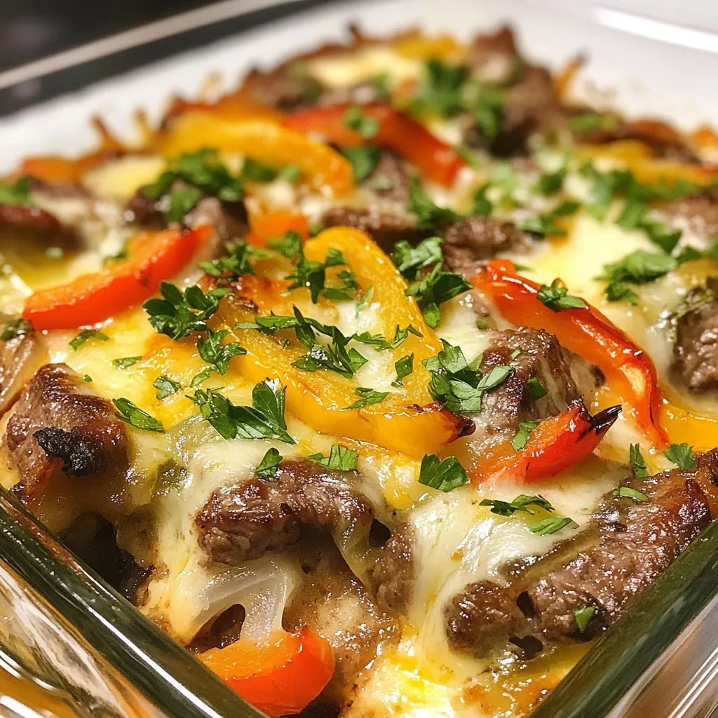 - 1 lb thinly sliced sirloin steak - 1 medium onion, thinly sliced - 1 medium green bell pepper, thinly sliced - 1 medium red bell pepper, thinly sliced - 1 1/2 cups shredded provolone cheese - 1 cup shredded mozzarella cheese The star of this casserole is the lean beef. I love using thinly sliced sirloin steak. It cooks fast and stays tender. Bell peppers and onions add great flavor and crunch. They give a beautiful color to the dish too. For cheese, I use provolone and mozzarella. They melt well and create a creamy texture. - 1 tablespoon olive oil - 2 cloves garlic, minced - 1 teaspoon salt - 1/2 teaspoon black pepper - 1 teaspoon smoked paprika - 1 cup heavy cream Olive oil helps cook the beef and veggies. I always use garlic for a rich taste. Seasoning is key! The salt, black pepper, and smoked paprika bring out the flavors. Heavy cream makes the dish creamy and luscious. Low-carb meals can help with weight management. This casserole is low in carbs but high in protein. Each serving is filling and satisfying. You can serve this dish for 6 people. Each person gets a hearty portion. Enjoy this tasty meal without the guilt! {{ingredient_image_1}} 1. Preheat your oven to 350°F (175°C). This makes the casserole cook evenly. 2. Slice 1 pound of sirloin steak into thin strips. Thin slices help the meat cook fast. 3. Cut one medium onion and two bell peppers (one green and one red) into thin slices. This adds color and flavor to the dish. 1. In a large skillet, heat 1 tablespoon of olive oil over medium-high heat. 2. Add the sliced steak to the skillet. Sear it for about 3-4 minutes until browned. Take the steak out and set it aside. 3. In the same skillet, add the sliced onion and bell peppers. Sauté them for about 5-7 minutes until they soften. 4. Add 2 cloves of minced garlic and cook for another minute. This makes the dish smell great. 5. Return the cooked steak to the skillet. Season with 1 teaspoon of salt, 1/2 teaspoon of black pepper, and 1 teaspoon of smoked paprika. Stir to mix everything well. 1. In a mixing bowl, whisk together 1 cup of heavy cream and half of the provolone cheese. 2. In a greased 9x13 inch casserole dish, layer the steak and vegetables evenly at the bottom. 3. Pour the cream and cheese mixture over the top, covering the meat and veggies. 4. Sprinkle the rest of the provolone and 1 cup of shredded mozzarella cheese on top. 5. Bake in the preheated oven for 25-30 minutes. The cheese should be bubbly and golden brown when done. 6. Take the casserole out of the oven. Let it cool for a few minutes. Garnish with chopped parsley before serving. To get the best texture for steak, start with thin slices. Cut against the grain for tenderness. Cook the steak quickly over high heat. This keeps it juicy and flavorful. For vegetables, aim for a nice balance. Sauté onions and bell peppers until they are soft and slightly caramelized. This brings out their natural sweetness. Add garlic at the end to keep its fresh taste. Pair this casserole with a fresh green salad for a bright side. A simple arugula salad works well. For a crunchy contrast, serve with homemade garlic bread. Garnish the casserole with fresh parsley for a pop of color. You can also add pickled jalapeños for a spicy kick. To boost flavor, consider adding spices like cumin or oregano. These spices add depth without overpowering the dish. Fresh herbs like thyme or basil can also enhance the taste. For cheese alternatives, try cheddar or gouda for a different twist. Cream cheese can add a rich, creamy layer, too. Pro Tips Use High-Quality Meat: Choose a good quality sirloin steak for the best flavor and tenderness in your casserole. Don't Overcook the Steak: Cook the steak just until browned; it will continue to cook in the oven, ensuring it remains juicy. Customize the Veggies: Feel free to add or substitute other vegetables like mushrooms or zucchini for extra flavor and nutrition. Let It Rest: After baking, allow the casserole to cool for a few minutes before serving to help it set and enhance the flavors. {{image_2}} You can switch the beef for chicken or turkey. Thinly slice chicken breast or turkey breast to match the beef's texture. This makes a lighter dish while keeping the flavors intact. For a vegetarian option, use mushrooms or eggplant. Both can add a great texture and soak up the sauce well. Provolone is a classic choice, but you can try different cheeses. Cheddar offers a sharp taste, while Swiss cheese gives a nutty flavor. If you prefer dairy-free, look for plant-based cheese. These options melt well and still taste great, ensuring everyone can enjoy the dish. Want some heat? Add jalapeños or red pepper flakes for a spicy kick. You can also pack in more veggies. Try adding spinach, zucchini, or asparagus for extra nutrition. This not only boosts flavor but also adds more color to your dish, making it even more appealing. To store leftovers, let the casserole cool first. Then, cover it tightly with plastic wrap or aluminum foil. You can also use an airtight container. This helps keep it fresh and tasty. Store it in the fridge for up to 3-4 days. For best taste, eat it within this time frame. If you want to freeze it, cut the casserole into portions. Wrap each piece tightly in plastic wrap, then in foil. You can store it in the freezer for up to 2-3 months. To reheat, take it out of the freezer and let it thaw overnight in the fridge. Then, bake it at 350°F (175°C) for about 20-25 minutes or until heated through. In the fridge, the casserole lasts about 3-4 days. In the freezer, it stays good for 2-3 months. Signs of spoilage include an off smell, discoloration, or mold. If you see or smell anything unusual, throw it away to stay safe. You can swap sirloin steak with flank steak or ribeye. Ground beef is also a good choice. If you prefer chicken, use thinly sliced chicken breast. This dish remains tasty with any meat you choose. This casserole has about 5 grams of carbs per serving. Most of the carbs come from the bell peppers and onions. This low-carb option fits well into many diets while still being delicious and filling. Yes, you can prepare this dish ahead of time. Assemble it and store it in the fridge for up to a day. Just bake it when you're ready to eat. This makes meal prep easy and convenient for busy days. This blog post shared a delicious low-carb casserole recipe using lean beef, peppers, and cheese. We covered preparation steps and cooking methods for great flavor. Helpful tips ensured your steak has the perfect texture, while storage advice lets leftovers last longer. Try the variations for a new twist each time. Remember, cooking is fun, so feel free to experiment and enjoy your meals!