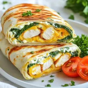 - 2 boneless, skinless chicken breasts - 1 tablespoon olive oil - 4 cloves garlic, minced - 1 teaspoon dried oregano - 1 teaspoon paprika - Salt and pepper to taste For the chicken, I like to use fresh, boneless, skinless breasts. The marinade is what brings out the best flavor. Combining olive oil, garlic, oregano, paprika, salt, and pepper creates a great base. Letting the chicken sit in this mix for at least 15 minutes helps the flavors soak in. - 1 cup shredded mozzarella cheese - 1/2 cup cream cheese, softened For the cheesy filling, I blend shredded mozzarella and softened cream cheese. This mix creates a creamy texture that melts beautifully. It adds richness and a great taste to each bite. - 4 large tortillas (flour or whole wheat) - 1 cup fresh spinach leaves - 1/2 cup diced tomatoes - Fresh parsley, chopped (for garnish) When choosing tortillas, I prefer large ones. They hold all the filling nicely. Fresh spinach adds a crunch and flavor. Diced tomatoes bring some sweetness and color. Finally, I use parsley for a bright finish. It makes the dish look inviting and fresh. {{ingredient_image_1}} To start, I marinate the chicken. In a bowl, I mix olive oil, minced garlic, dried oregano, paprika, salt, and pepper. I coat the chicken breasts with this blend. Then, I let the chicken sit for at least 15 minutes. This time helps all the flavors soak in. Next, I heat a grill pan or skillet over medium-high heat. I add the marinated chicken breasts and cook them for about 6-7 minutes on each side. I check that the chicken is golden brown and fully cooked. The internal temperature should reach 165&deg;F (75&deg;C). Once cooked, I remove the chicken from heat and let it rest for 5 minutes before slicing it into pieces. Now, I make the cheesy filling. In a bowl, I mix softened cream cheese and shredded mozzarella cheese. This mixture becomes creamy and rich. I lay out the tortillas on a clean surface and spread the cheesy mixture down the center of each. Then, I add sliced chicken, fresh spinach leaves, and diced tomatoes on top. Finally, I roll the wraps. I fold in the sides of the tortilla and roll it up tightly from the bottom to the top. I want to make sure the filling stays inside. In the same skillet, I place the wraps seam-side down. I cook them for about 2-3 minutes on each side until golden brown and crispy. After that, I remove the wraps and let them cool slightly before cutting them in half. For an extra touch, I drizzle with garlic-infused olive oil and sprinkle with chopped parsley. To make your chicken burst with flavor, marinate it well. Use olive oil, garlic, oregano, paprika, salt, and pepper. Let it soak for at least 15 minutes. The longer you marinate, the better it tastes. Cook it until it&rsquo;s golden brown. Aim for an internal temperature of 165&deg;F (75&deg;C). This ensures it&rsquo;s juicy and safe to eat. For a creamy and gooey filling, mix cream cheese and mozzarella. Soften the cream cheese first; it blends better. Stir until you have a smooth mix. This creates a filling that melts perfectly inside your wrap. Don&rsquo;t skip the mozzarella; it adds that cheesy stretch we all love. When wrapping, lay your filling in the center of the tortilla. Fold in the sides first, then roll from the bottom up. Tuck the filling in tightly to keep it secure. Cook seam-side down to help seal it. Use a medium-high heat for crispiness. Cook each side for 2-3 minutes until golden brown. Enjoy your wraps with a side of marinara or a fresh salad for extra flavor! Pro Tips Marinate for Flavor: Allow the chicken to marinate for at least 30 minutes, or even up to 2 hours, for deeper flavor penetration. Cheese Variations: Experiment with different types of cheese, such as cheddar or pepper jack, to customize the flavor profile. Wrap Storage: If preparing ahead, wrap the filled tortillas tightly in plastic wrap to keep them fresh until ready to cook. Cooking Method: For a healthier option, consider baking the wraps in the oven at 400&deg;F (200&deg;C) for 15-20 minutes instead of frying. {{image_2}} You can spice up your cheesy garlic chicken wraps easily. Add some heat with sliced jalape&ntilde;os or a sprinkle of cayenne pepper. Mix these into your marinade for the chicken. This adds a zesty kick that will wake up your taste buds. You can also use spicy cheese like pepper jack for an extra punch. If you want a meat-free version, swap the chicken for some hearty veggies. Grilled zucchini, bell peppers, and mushrooms work great. You can also add chickpeas or black beans for protein. Keep the garlic and cheese for that creamy flavor. This version is just as tasty and filling! Cheese is key to this wrap. While mozzarella is a classic choice, try using cheddar or gouda for a different taste. You can mix in some feta for a tangy twist. For extra fillings, consider avocado slices or roasted red peppers. These options add fresh flavors and textures to your wraps. You can keep your cheesy garlic chicken wraps in the fridge. Place them in an airtight container. They will stay fresh for about 3 days. Make sure they cool down before you seal them. This helps keep the wraps from getting soggy. To freeze your wraps, wrap them in plastic wrap. Then, put them in a freezer bag. This keeps them fresh for up to 3 months. When ready to eat, just thaw them in the fridge overnight. Reheat your wraps in a skillet over medium heat. Cook for about 2-3 minutes on each side. This helps keep them crispy. You can also use a microwave. Heat for 30 seconds to 1 minute, but they may get soft. Always check the center to ensure they are hot. Yes, you can! Try turkey or pork for a new twist. Both have great flavor and pair well with garlic. For a meat-free option, use tofu or tempeh. Just make sure to adjust cooking times. Tofu should be pressed and diced before cooking. Each protein brings its own taste and texture. To make a low-carb wrap, swap the tortillas for lettuce wraps. Use large leaves, like romaine or butter lettuce. They hold the filling well and add a fresh crunch. Also, choose lean meats like grilled chicken or shrimp. Cut back on cheese or use a low-fat option. This keeps the meal tasty while lowering carbs. Many sauces work well! A marinara sauce adds a nice touch. It gives a sweet and tangy flavor. BBQ sauce can also be a hit for a smoky taste. For a spicy kick, try sriracha or a spicy ranch dressing. Each sauce can enhance the flavor of your wraps. In this post, we covered how to make cheesy garlic chicken wraps. We discussed the ingredients you'll need, like chicken, cheese, tortillas, and veggies. You learned step-by-step instructions for marinating, cooking, and assembling the wraps. We shared tips for perfect flavor and cheese texture. We explored different variations, including spicy and vegetarian options. Finally, remember how to store and reheat leftovers. Now, you can enjoy making these wraps for any meal. Get creative and have fun in the kitchen!