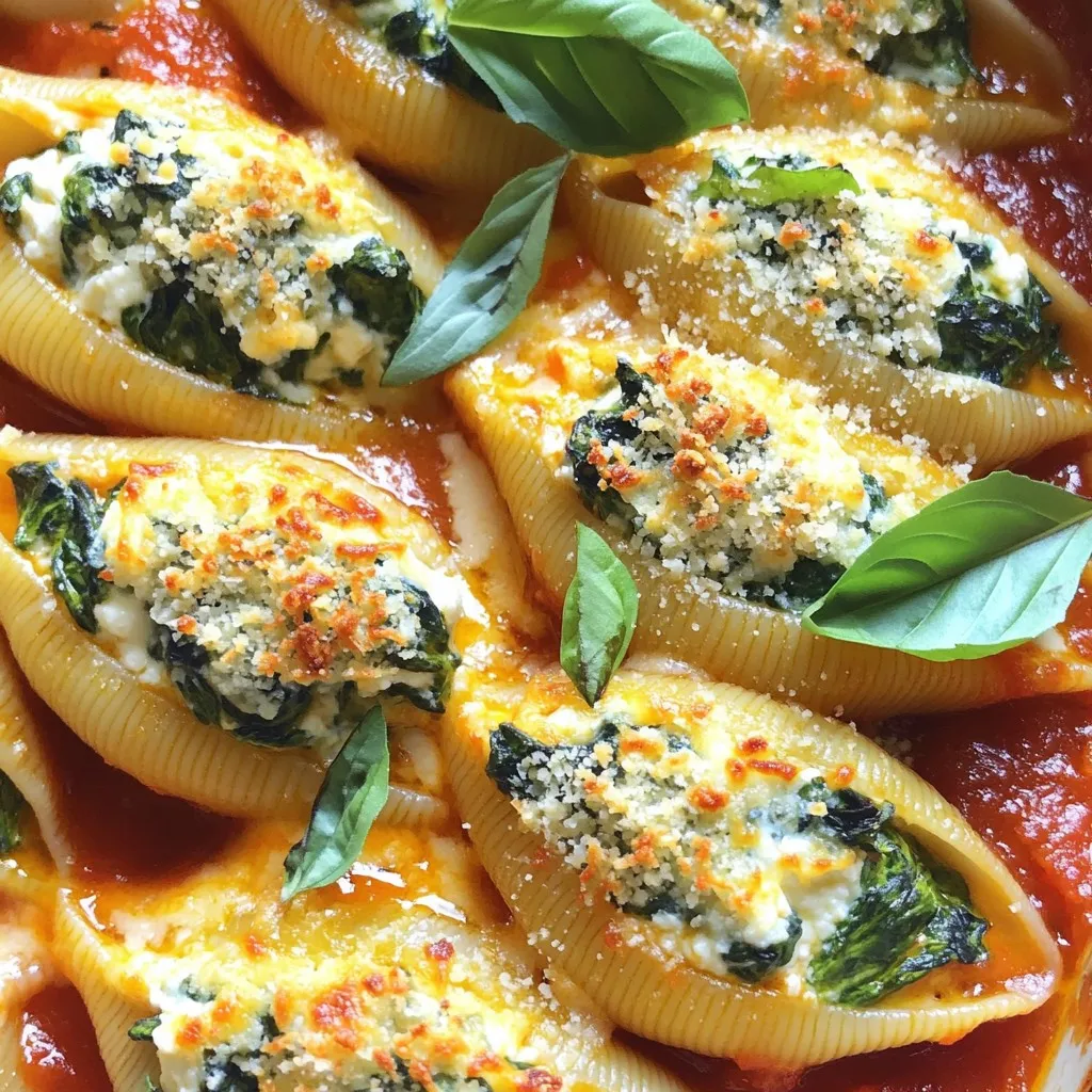 To make delicious spinach and ricotta stuffed shells, gather these key ingredients: - 20 large jumbo pasta shells - 2 cups ricotta cheese - 1 cup fresh spinach, chopped - 1 cup mozzarella cheese, shredded - 1/2 cup Parmesan cheese, finely grated - 1 large egg, beaten - 2 cups marinara sauce - 1 teaspoon garlic powder - 1 teaspoon Italian seasoning - Salt and freshly ground black pepper to taste These ingredients create a rich and creamy filling that pairs well with the pasta shells. The combination of ricotta, spinach, and cheese brings a delightful flavor that everyone will love. To elevate your dish, consider these garnishes and sides: - Fresh basil leaves for garnish - Side salad with mixed greens - Crusty garlic bread Fresh basil adds a lovely aroma and brightness to your dish. A side salad or garlic bread completes your meal, making it even more satisfying. Enjoy your stuffed shells with these delightful additions! First, preheat your oven to 375°F (190°C). This ensures a hot, even bake. Next, bring a large pot of salted water to a boil. Add 20 large jumbo pasta shells. Cook them for about 9-10 minutes. They should be al dente, which means slightly firm to the bite. After cooking, drain the shells and let them cool for a few minutes. In a large mixing bowl, combine 2 cups of ricotta cheese and 1 cup of chopped fresh spinach. You can use baby spinach for a milder taste. Next, mix in half a cup of shredded mozzarella and half a cup of grated Parmesan cheese. Add 1 beaten egg, 1 teaspoon of garlic powder, and 1 teaspoon of Italian seasoning. Don’t forget to sprinkle in salt and pepper to taste. Stir everything until it’s well mixed and creamy. Now, it’s time to stuff the shells. Use a spoon or a piping bag to fill each shell with the ricotta and spinach mixture. Place the filled shells in a greased 9x13-inch baking dish. Once all the shells are arranged, pour 2 cups of marinara sauce evenly over them. Then, sprinkle the remaining mozzarella and Parmesan cheese on top. Cover the dish with aluminum foil and bake for 25 minutes. After that, remove the foil and bake for another 10-15 minutes. The cheese should be melted and golden. Let the dish cool for a few minutes before serving. Garnish with fresh basil leaves for a nice touch. Enjoy your delicious creation! To make stuffed shells that look great and taste great, use jumbo pasta shells. They are large enough to hold a good amount of filling. Cook them just until they are al dente. This helps them keep their shape during baking. When filling the shells, use a spoon or piping bag for neat filling. Fill each shell until it is full but not overflowing. This way, the filling stays inside while baking. For a tasty filling, use fresh ingredients. Add chopped spinach, ricotta, mozzarella, and Parmesan cheese. Mix in garlic powder and Italian seasoning for extra flavor. You can adjust the seasoning to your taste. If you like it spicy, add a pinch of red pepper flakes. Taste the filling before you fill the shells to make sure you love the flavor. Don't forget to add salt and pepper! A cheesy topping makes your dish more delicious. Use a mix of mozzarella and Parmesan cheese. This gives you a nice blend of flavors. Sprinkle the cheese evenly over the stuffed shells. This helps it melt nicely and create a golden crust. For a rich flavor, add more cheese if you like. Cover the dish with foil while baking to keep it moist. Remove the foil for the last few minutes to let the cheese brown. {{image_4}} You can add proteins to the filling for extra flavor. Ground beef, turkey, or chicken work well. Just cook the meat before mixing it with the cheese and spinach. For a heartier dish, try adding cooked sausage. This adds a savory taste and makes the meal more filling. If you need a gluten-free option, look for gluten-free pasta shells. Many brands offer tasty versions made from rice or corn. Cook them just like regular shells, but check the cooking time on the package. You can also use zucchini or eggplant slices as a low-carb alternative. Simply layer them with the filling and sauce. For a vegetarian version, use more vegetables like mushrooms or artichokes in the filling. If you want a vegan option, swap the ricotta for a plant-based alternative, like cashew cheese or tofu. Use nutritional yeast for a cheesy flavor. Just make sure to skip the egg or use a flaxseed egg to bind the filling. These options keep the dish delicious while catering to different diets. After enjoying your stuffed shells, store any leftovers in an airtight container. They stay fresh in the fridge for up to 3 days. Label your container with the date for easy tracking. This helps you keep your meals safe and tasty. To reheat, preheat your oven to 350°F (175°C). Place the shells in a baking dish and add a splash of marinara sauce to keep them moist. Cover with foil to prevent drying out. Bake for 20 minutes or until heated through. You can also use a microwave. Heat in short bursts, checking often, until warm. You can freeze your stuffed shells for later. After baking, let them cool completely. Place them in a freezer-safe container or wrap tightly in plastic wrap. They freeze well for up to 3 months. To cook from frozen, bake at 375°F (190°C) for about 40-50 minutes. Enjoy a quick and delicious meal anytime! Yes, you can use different cheeses. Cream cheese or goat cheese works well. You can mix them with ricotta. They add a unique taste. Just keep the texture in mind. Blend it well with the other ingredients. The stuffed shells are done when the cheese is golden and bubbly. Bake them for 25 minutes covered, then 10-15 minutes uncovered. The edges of the sauce should be bubbling. If you see this, it’s time to take them out. These stuffed shells pair well with many sides. A fresh side salad adds crunch and color. Crusty garlic bread is a great choice, too. You can also serve it with steamed veggies for a lighter meal. Enjoy mixing and matching to your taste! Spinach and ricotta stuffed shells are easy and fun to make. We covered the main ingredients you need, the simple steps to prepare, and how to bake them to perfection. Don't forget the tips for achieving that ideal taste and texture. There are many ways to change the recipe, too. You can add proteins or try gluten-free options. Lastly, I shared how to store and reheat leftovers for later. Enjoy making this dish; it’s a great meal for all!