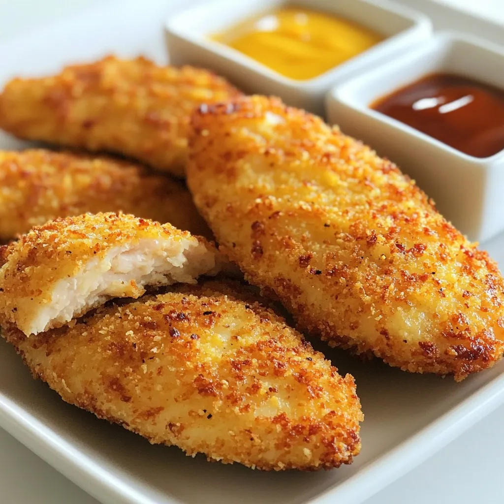 - 1 pound chicken breast tenders - 1 cup buttermilk - 1 cup panko breadcrumbs - ½ cup all-purpose flour - 1 teaspoon garlic powder - 1 teaspoon onion powder - 1 teaspoon paprika - ½ teaspoon salt - ½ teaspoon black pepper - ¼ teaspoon cayenne pepper (optional) - Cooking spray or olive oil Gathering the right ingredients makes a big difference. I use chicken breast tenders for their tender and juicy texture. Buttermilk is key; it adds flavor and keeps the chicken moist. Panko breadcrumbs give you that perfect crunch. The flour mixture is simple but essential. It includes garlic powder, onion powder, and paprika, which add depth to each bite. Don’t skip the salt and pepper; they enhance all the flavors. If you like a little heat, add cayenne pepper. Finally, cooking spray or olive oil helps achieve that golden brown finish. It’s all about balance. Each element plays a role in making these tenders crispy and delicious. {{ingredient_image_1}} Marinating chicken in buttermilk is key. It makes the chicken tender and adds flavor. I recommend marinating for at least 30 minutes. You can even marinate for up to 2 hours for richer taste. First, preheat your oven to 400°F (200°C). This high heat helps the tenders crisp up nicely. Next, line a baking sheet with parchment paper. In one shallow dish, mix the flour, garlic powder, onion powder, paprika, salt, black pepper, and cayenne pepper. In a second dish, pour the breadcrumbs. This setup makes coating easy. Remove the chicken tenders from the buttermilk. Let the excess drip off. Start by dipping each tender into the flour mixture. Make sure it gets a good coating. Shake off any extra flour. Next, dip it into the breadcrumbs. Press gently to ensure an even coat. This step is crucial for that crispy texture. Place the coated tenders on your prepared baking sheet. Lightly spray or drizzle with cooking spray or olive oil. This helps them brown and crisp in the oven. Bake for about 15-20 minutes. Flip the tenders halfway through for even cooking. They are done when golden brown and reach 165°F (74°C). Once you take the tenders out, let them rest for a few minutes. This helps keep them juicy. Serve them with your favorite dipping sauces. Honey mustard, barbecue, or ranch are great choices! To make these chicken tenders super crispy, panko breadcrumbs are key. They are light and airy, making a great crunch. When you coat the chicken, press the panko firmly so it sticks well. This helps create a thick, crispy layer. Using cooking spray or oil is also important. A light spray or drizzle on the coated tenders helps them crisp up in the oven. It creates a nice golden color and a crunchy texture. Just don’t soak them; a small amount goes a long way. If you don’t have buttermilk, you can use plain yogurt or milk mixed with a bit of vinegar. This will still help keep the chicken tender and flavorful. If you’re short on time, marinate for at least 30 minutes. Even a quick soak helps the chicken absorb flavor. You can also skip marination entirely, but the taste may not be as rich. When baking multiple batches, keep your oven at the same temperature. This ensures all the tenders cook evenly. Place the first batch on a wire rack to keep them crisp while the next batch cooks. To reheat, use the oven rather than the microwave. This will help maintain the crispy texture. Heat them at 375°F (190°C) for about 10 minutes. This keeps them warm and crunchy, just like when you first made them. Pro Tips Marinate for Flavor: Allowing the chicken to marinate in buttermilk for at least 30 minutes enhances its flavor and tenderness, making it juicier after baking. Panko for Extra Crunch: Using panko breadcrumbs instead of regular ones will give your chicken tenders a delightful crunch that's hard to resist! Don’t Overcrowd the Pan: Make sure to leave space between the chicken tenders on the baking sheet. This ensures they cook evenly and get crispy all around. Check for Doneness: Always use a meat thermometer to check the internal temperature of the chicken. It should reach 165°F (74°C) for safe consumption. {{image_2}} You can spice things up by adding more flavor. Mix different spices into the flour. Try adding: - 1 teaspoon cumin - 1 teaspoon chili powder - ½ teaspoon dried oregano These spices create a unique taste that makes the chicken tenders stand out. You can adjust the spice levels to suit your taste. If you need a gluten-free option, you can swap the flour and breadcrumbs. Use: - ½ cup almond flour or rice flour - 1 cup gluten-free breadcrumbs These substitutes maintain the crispy texture while being safe for those with gluten allergies. To make the chicken tenders milder for kids, skip the hot spices. Use: - 1 teaspoon Italian seasoning instead of paprika - A pinch of salt instead of cayenne pepper This keeps the flavor nice and friendly for younger taste buds. Kids will love them! To keep your crispy chicken tenders fresh, put them in an airtight container. Store them in the fridge. They stay good for about 3 to 4 days. Make sure they cool down before sealing. This helps prevent moisture build-up, which can make them soggy. Freezing chicken tenders is easy and smart. First, let them cool completely. Then, place them in a freezer-safe bag or container. Squeeze out as much air as you can. This helps avoid freezer burn. You can freeze them for up to 3 months. To reheat, follow safe methods to keep them crispy. Reheating can make or break the dish. For the oven, preheat it to 375°F (190°C). Place the tenders on a baking sheet and heat for about 10-15 minutes. This keeps them crisp. If using a microwave, heat them in short bursts. Check often to avoid rubbery chicken. Aim for even heating without losing that golden crunch. Yes, you can use chicken breast. Just cut it into strips. This way, you get a similar shape. The flavor and texture will be great. Just remember to adjust the cooking time if your strips are thicker. You should marinate the chicken for at least 30 minutes. For best results, aim for 2 hours. This helps the chicken absorb the buttermilk. It makes the chicken tender and juicy. Yes, you can bake at a lower temperature. Just make sure to increase the cooking time. If you bake at 375°F (190°C), check the tenders at 25 minutes. Always ensure they reach 165°F (74°C) inside. Some popular dipping sauces include honey mustard, barbecue sauce, and ranch. You can also try spicy mayo or sweet chili sauce. Each dip adds a different flavor that enhances the tenders. Use a meat thermometer to check the temperature. The chicken should be at least 165°F (74°C) inside. The tenders should also look golden brown. If they are still pink, they need more time in the oven. In this post, I covered how to make delicious chicken tenders. We explored the key ingredients, like buttermilk and panko breadcrumbs, and the step-by-step marinating and baking process. I shared tips for making them extra crispy and options for variations, like spicing them up or adapting for kids. You now have all the tools to create tasty chicken tenders at home. Enjoy making them your own!