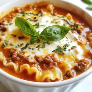 - 1 tablespoon olive oil - 1 onion, diced - 2 cloves garlic, minced - 1 pound ground beef or turkey - 1 can (28 ounces) crushed tomatoes - 8 ounces broken lasagna noodles - 1 cup ricotta cheese - 1 cup shredded mozzarella cheese - &frac14; cup grated Parmesan cheese - 1 teaspoon dried oregano - 1 teaspoon dried basil - &frac12; teaspoon red pepper flakes (optional) - Salt and pepper to taste - Fresh basil or parsley for garnish To make this One-Pot Hearty Lasagna Soup, gather these simple ingredients. Start with olive oil, onion, and garlic. These will help build a great base for flavor. Next, choose your meat: ground beef or turkey works well. Crushed tomatoes bring in that rich, comforting taste. For the pasta, I use broken lasagna noodles for fun texture. The cheese mixture is key too. Ricotta, mozzarella, and Parmesan create that creamy goodness we love. Lastly, seasonings are not just for taste. They bring warmth and depth to each bowl. Dried oregano and basil add herbal notes, while red pepper flakes give a hint of spice. Salt and pepper enhance all the flavors, and fresh herbs bring a pop of color. With these ingredients ready, you can create a warm bowl of comfort. It&rsquo;s a simple way to enjoy a classic dish in a new form. {{ingredient_image_1}} - Heat 1 tablespoon of olive oil in a large pot over medium heat. - Add 1 diced onion and saut&eacute; until soft, about 5 minutes. - Next, stir in 2 minced garlic cloves and cook for another minute. - Add 1 pound of ground beef or turkey to the pot. Break it apart with a spoon. - Cook the meat until browned, about 5-7 minutes. - Season the meat with 1 teaspoon of dried oregano and 1 teaspoon of dried basil. - If you like spice, add &frac12; teaspoon of red pepper flakes. - Sprinkle in salt and pepper to taste. Stir well to combine. - Pour in 1 can (28 ounces) of crushed tomatoes and 4 cups of chicken or vegetable broth. - Bring the mixture to a gentle simmer. - Add 8 ounces of broken lasagna noodles to the pot. - Cook according to the noodle package instructions, about 10-12 minutes. - Stir occasionally to ensure noodles do not stick. Check for doneness. - In a separate bowl, mix together 1 cup of ricotta cheese, half of the mozzarella, and half of the Parmesan. - Stir until well combined. - Once the noodles are cooked, remove the pot from heat. - Gently stir in the ricotta mixture until blended into the soup. - Serve hot in bowls. Top with the remaining mozzarella and Parmesan cheese. - Garnish with fresh basil or parsley for a bright finish. To get the meat just right, break it apart as it cooks. This helps it brown evenly. Stir the meat often to avoid clumps. For the noodles, add them later in cooking. This keeps them from getting mushy. Follow the package time, usually 10-12 minutes. Check them for firmness, or "al dente." For a twist on taste, try different cheeses. You can use goat cheese or fontina. Mixing cheeses gives a richer flavor too. To enhance cheesiness, add extra mozzarella on top. Broil it for a few minutes to melt and brown the cheese. This step makes the soup feel extra special. Herbs can boost the flavor. Try adding fresh parsley or thyme. A pinch of Italian seasoning also works well. For a deeper taste, let the soup chill. The flavors blend better after a few hours. Reheat it before serving for a warm, cozy meal. Pro Tips Use Fresh Herbs: Fresh basil or parsley can elevate the flavors of your soup, adding a burst of freshness and aroma. Customize Your Protein: Feel free to substitute ground beef or turkey with Italian sausage for an extra kick of flavor. Make It Vegetarian: For a vegetarian version, replace the meat with lentils or mushrooms and use vegetable broth. Enhance Creaminess: Stir in a splash of heavy cream or half-and-half after adding the ricotta for a creamier texture. {{image_2}} You can swap ground beef for ground chicken or pork. These options keep the dish light yet hearty. If you want a vegetarian version, use lentils or mushrooms. They add great texture and flavor without meat. For a dairy-free choice, look for vegan cheese. Brands like Daiya or Violife work well. You can also use vegetable broth instead of chicken broth. This change keeps the soup rich without any animal products. To make your soup more nutritious, consider adding vegetables. Spinach, zucchini, or carrots blend nicely. They add color and vitamins. For toppings, try croutons for crunch or more herbs like thyme or oregano. These simple changes make the soup even more delightful. To store your lasagna soup, let it cool down first. Place it in an airtight container. This keeps it fresh and tasty. You can store it in the fridge for up to three days. When you are ready to eat, reheat it on the stove or in the microwave. Add a splash of broth if it seems thick. To freeze lasagna soup, use a freezer-safe container. Leave some space at the top, as it will expand. It keeps well for up to three months. When you want to eat it, take it out and put it in the fridge overnight to thaw. You can also thaw it in the microwave on low power. Reheat on the stove until it is hot throughout. Yes, you can use other noodles. I recommend penne or rotini for a fun twist. They hold sauce well. You can also try whole wheat or spinach pasta for added flavor and nutrition. Just remember to check the cooking time. To make this soup gluten-free, choose gluten-free pasta. Look for brands that offer gluten-free lasagna noodles. You can also use rice noodles or quinoa pasta. These options work great and still taste yummy. Yes, you can prep this soup early. Cook the soup and let it cool. Store it in an airtight container in the fridge for up to three days. When ready to eat, reheat it on the stove over low heat. Add a splash of broth if it&rsquo;s too thick. To make more servings, simply double the ingredients. Use two pounds of meat, two cans of tomatoes, and increase the broth. Make sure to use a large pot. This way, you have enough space to stir and cook everything evenly. This blog post shared a tasty lasagna soup recipe. We covered ingredients like ground meat, tomatoes, and cheeses. I provided step-by-step instructions to guide you through cooking. You learned tips to enhance flavor and texture, like using fresh herbs. I also discussed variations to fit different diets. Store your leftovers wisely to keep them fresh. With this knowledge, you can create a delicious meal for any occasion. Enjoy experimenting with the flavors and making it your own!