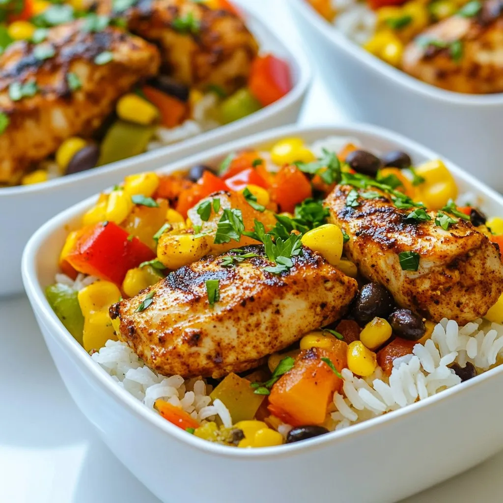 For this dish, you need: - 2 large chicken breasts, diced - 2 tablespoons olive oil - 2 teaspoons Cajun seasoning - 1 teaspoon smoked paprika - 1 teaspoon onion powder - Salt and pepper to taste The chicken is the star here. Diced chicken breasts cook fast and soak up flavors. The Cajun seasoning adds a spicy kick. The smoked paprika gives a lovely depth, while onion powder rounds it out. Don’t forget to salt and pepper the chicken to taste! You will use: - 1 red bell pepper, diced - 1 green bell pepper, diced - 1 onion, diced - 3 cloves garlic, minced - 1 cup frozen corn - 1 cup black beans, rinsed and drained These veggies add color and crunch. Bell peppers bring sweetness. Onions add a savory note. Garlic gives that warm, inviting aroma. Frozen corn and black beans boost nutrition and make it hearty. For the base, gather: - 1 cup long grain rice - 2 cups chicken broth The rice is essential for soaking up the broth’s flavor. Long grain rice gives nice texture. Chicken broth enhances taste and keeps everything moist. You can add: - Fresh parsley, chopped Parsley is a fresh touch. It adds color and a hint of brightness. You can sprinkle it on just before serving. {{ingredient_image_1}} First, take a medium bowl. Add the diced chicken, olive oil, Cajun seasoning, smoked paprika, onion powder, salt, and pepper. Mix everything well. Cover the bowl and let it sit in the refrigerator for at least 30 minutes. This allows the chicken to soak in the flavors. Next, heat a large skillet over medium heat. Once hot, add the marinated chicken. Cook for about 5 to 7 minutes. You want the chicken to turn golden brown and be cooked through. After cooking, remove the chicken from the skillet and set it aside. In the same skillet, add the diced onion, red bell pepper, green bell pepper, and minced garlic. Sauté these vegetables until they are tender, which takes about 5 minutes. Stir often to prevent sticking. Now, add the rice to the skillet with the vegetables. Stir it well to coat the rice with the veggie mix. Pour in the chicken broth and bring everything to a boil. Once it boils, reduce the heat to low. Cover the skillet and let it simmer for about 15 to 20 minutes, until the rice is cooked and the liquid is absorbed. Once the rice is ready, fluff it with a fork. Stir in the cooked chicken, frozen corn, and black beans. Cook this mix on low heat for an additional 5 minutes. This helps all the flavors come together nicely. Finally, divide the Cajun chicken and rice mixture into meal prep containers. Don’t forget to garnish each serving with fresh parsley. This adds a nice touch and brightens the dish. Enjoy your flavorful meal prep! To cook chicken just right, start with fresh, high-quality meat. Dice the chicken breasts into even pieces. This helps them cook evenly. Marinate the chicken in olive oil and spices. Let it soak for at least 30 minutes. This adds great flavor. Heat your skillet over medium heat. Cook the chicken for 5-7 minutes until golden brown. Make sure not to overcrowd the pan. If needed, cook in batches. This keeps the heat steady and helps browning. Use long-grain rice for this dish. Rinse the rice under cold water before cooking. This removes extra starch and helps keep the grains separate. In the skillet, add the rinsed rice and coat it with the sautéed vegetables. Pour in chicken broth for flavor. Bring it to a boil, then reduce heat to low. Cover your skillet and let it simmer for 15-20 minutes. Once done, fluff the rice with a fork. This keeps it light and fluffy. For more flavor, add fresh herbs like thyme or oregano. You can also squeeze some lemon juice for brightness. If you like heat, add a pinch of cayenne pepper or hot sauce. Mixing in sautéed mushrooms or zucchini can add depth. Always taste your dish as you cook. Adjust seasoning to your liking. A small amount of salt can really elevate the flavors. Choose containers that are microwave-safe and airtight. Glass containers are great for reheating and storing. Use separate compartments for chicken, rice, and veggies if possible. This helps keep flavors fresh. Label your containers with the dish name and date. It makes meal prep easier for busy days. Keep in mind that portion sizes should be balanced for healthy eating. Pro Tips Marinate for Flavor: Allow the chicken to marinate for longer than 30 minutes if possible, even overnight, to enhance its flavor and tenderness. Use Fresh Ingredients: Always opt for fresh bell peppers and herbs for a vibrant taste and texture that elevates the dish. Customize Your Spice Level: Adjust the amount of Cajun seasoning to your taste preference; add more for heat or reduce for a milder flavor. Meal Prep Storage: Store the meal prep containers in the fridge for up to 4 days, or freeze them for up to a month for a quick and delicious meal later. {{image_2}} You can easily change up ingredients in this dish. Try using chicken thighs instead of breasts for more flavor. If you want a meatless option, swap chicken for tofu or tempeh. You can also use quinoa instead of rice for a healthier grain. Bell peppers are great, but feel free to add zucchini or carrots. They add color and taste. You might also consider using vegetable broth in place of chicken broth for a vegetarian touch. Each swap can create a new flavor profile while keeping the dish hearty. If you love heat, add more Cajun seasoning or a dash of hot sauce. For a milder dish, reduce the amount of Cajun seasoning. You can also use sweet paprika instead of smoked paprika for a less spicy option. Adding diced jalapeños can boost the heat, while removing them can cool things down. Always taste as you go to find your perfect spice level. Adjusting spiciness makes the dish more personal to your taste buds. This recipe works well on the stovetop, but you can also try other methods. You can bake the chicken in the oven for a juicy texture. Simply season the chicken and cook at 375°F for about 25-30 minutes. For a one-pot meal, use a rice cooker or Instant Pot. Just add all ingredients and follow the cooking times for rice. These methods can save time and make cleanup easier. Each method brings its unique twist to the classic Cajun chicken and rice. Store your Cajun chicken and rice in airtight containers. Let it cool before sealing. This dish stays fresh for up to four days in the fridge. Always label your containers with the date. This way, you know when to eat them. You can freeze Cajun chicken and rice for up to three months. Use freezer-safe containers or bags to prevent freezer burn. Divide the meal into single servings for easy thawing. Always mark the date on your containers. This helps you keep track of freshness. To reheat, remove the meal from the container. Place it in a microwave-safe dish. Heat on medium for 2-3 minutes. Stir halfway through for even heating. If it’s frozen, thaw it overnight in the fridge first. You can also reheat it on the stove. Add a splash of chicken broth to keep it moist. Cook on low until heated through. Enjoy your meal! Yes, you can use brown rice. Brown rice has more fiber and nutrients. It takes longer to cook, so adjust the cooking time. Cook brown rice for about 40-45 minutes with the same broth amount. It will give a heartier texture to your dish. This dish lasts about four days in the fridge. Store it in airtight containers. Make sure it cools down before sealing. Reheat it in the microwave or on the stove. Enjoy it warm for the best flavor. Yes, this recipe is perfect for freezing. Divide it into portions and let it cool. Store in freezer-safe containers or bags. It can last up to three months in the freezer. Thaw it overnight in the fridge before reheating. Absolutely! To make it vegetarian, swap chicken for tofu or tempeh. Use vegetable broth instead of chicken broth. Add more veggies like zucchini or mushrooms for extra flavor. You can still use Cajun seasoning for that spicy kick! This guide covered how to create a tasty meal prep dish from start to finish. We explored ingredients like chicken, veggies, rice, and garnishes. You learned the steps for marinating, cooking, and combining them. Tips ensured your chicken is juicy and your rice is fluffy. Variations let you customize your meal to your liking. Lastly, storage info helped you keep it fresh. Remember, meal prepping saves time and boosts healthy eating. Enjoy your cooking journey!