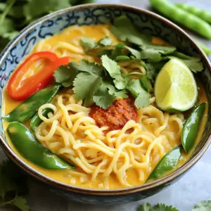 For One-Pot Thai Coconut Curry Noodles, you need: - 200g rice noodles - 1 can (400ml) coconut milk - 2 tablespoons red curry paste - 1 tablespoon vegetable oil - 1 cup vegetable broth (low-sodium preferred) - 1 bell pepper, thinly sliced (choose red or yellow for color) - 1 cup snap peas, trimmed - 1 cup baby spinach, washed - 1 tablespoon soy sauce (low-sodium for a healthier option) - 1 tablespoon fresh lime juice - Fresh cilantro, for garnish - Lime wedges, for serving - Salt and black pepper to taste These ingredients come together to create a warm and tasty dish. You can swap some ingredients if needed. Here are a few ideas: - Use any noodle type, like udon or egg noodles. - Swap coconut milk with almond or soy milk for lighter options. - Instead of red curry paste, use green curry for a different flavor. - Add tofu or chicken for extra protein. - Replace bell pepper with zucchini or carrots for a twist. These changes keep the recipe flexible while still delicious. When picking fresh produce, follow these tips: - Look for vibrant colors in bell peppers and snap peas. - Choose firm and crisp vegetables. They should feel heavy for their size. - Check for blemishes or soft spots. Avoid any that look damaged. - For spinach, choose bright green leaves without yellowing. Fresh ingredients elevate the flavors in your dish, making it even better. First, gather your ingredients. You need 200g rice noodles, 1 can of coconut milk, and 2 tablespoons of red curry paste. Also, prepare 1 tablespoon of vegetable oil, 1 cup of low-sodium vegetable broth, and 1 sliced bell pepper. Grab 1 cup of snap peas, 1 cup of baby spinach, and 1 tablespoon of soy sauce. Don’t forget 1 tablespoon of fresh lime juice, fresh cilantro for garnish, and lime wedges for serving. Make sure you have salt and black pepper ready for seasoning. Start by heating the vegetable oil in a large pot over medium heat. Once the oil shimmers, add the red curry paste. Stir it in with a wooden spoon for about 1-2 minutes. This step helps release the spices' aroma. Next, pour in the coconut milk and vegetable broth. Stir well to mix everything until smooth. Bring the pot to a gentle simmer. This is where the magic begins! When your mixture simmers, add the rice noodles. Make sure they are fully submerged. Cook them for about 3-4 minutes. Stir occasionally to stop the noodles from sticking. After that, add in the sliced bell pepper, snap peas, and soy sauce. Keep cooking for another 3-4 minutes. Your goal is to have noodles that are al dente and veggies that are tender but still crisp. To cook the noodles just right, watch them closely. You want them soft but not mushy. Stirring helps with even cooking and prevents sticking. Once they are nearly done, fold in the baby spinach. This adds color and nutrients. Let it wilt slightly. Finally, stir in the fresh lime juice and season with salt and black pepper to taste. After mixing, remove the pot from heat and let it rest for a minute. This lets the flavors blend beautifully. To make your One-Pot Thai Coconut Curry Noodles shine, focus on fresh ingredients. Fresh lime juice adds brightness. You can adjust the amount based on your taste. Use low-sodium soy sauce to keep the dish light. For a touch of sweetness, consider adding a pinch of sugar. This helps balance the heat from the red curry paste. You can also play with the spices. A little ginger or garlic can deepen the flavor. Sauté them with the red curry paste for the best results. If you want a bit more heat, add fresh chili slices. They can give your dish a nice kick. One common mistake is not cooking the noodles properly. Make sure they are fully submerged in the liquid. Stir them often to prevent sticking. Overcooking can lead to mushy noodles, so check them frequently. Another mistake is using too much salt. The red curry paste and soy sauce are salty. Taste your dish before adding more salt. Lastly, don’t skip the fresh cilantro and lime at the end. They bring freshness that ties the dish together. Presentation is key for this dish. Serve the noodles in colorful bowls. Make sure to garnish with fresh cilantro. The green color pops and adds a fresh taste. Always include lime wedges on the side. They let your guests add a squeeze for extra flavor. You can also serve this dish with a simple side salad. A crunchy salad can balance the creamy noodles. Enjoy this meal with friends or family for a fun weeknight dinner. {{image_4}} You can easily boost the protein in your One-Pot Thai Coconut Curry Noodles. Here are some great options: - Chicken: Cut chicken breast into bite-sized pieces and add it to the pot after the red curry paste. Let it cook until no longer pink. - Shrimp: Add peeled shrimp during the last few minutes of cooking. They cook fast and add a lovely taste. - Tofu: Use firm tofu, cut into cubes. Sauté it with the curry paste for extra flavor before adding liquids. Adding these proteins makes the dish heartier and more filling. This recipe is quite easy to adapt for vegetarians and vegans. - Veggie Broth: Use vegetable broth instead of chicken broth to keep it plant-based. - Coconut Milk: This recipe already uses coconut milk, a perfect creamy base. - Tofu or Tempeh: Substitute tofu or tempeh for meat. They soak up flavors well and provide nice texture. These changes keep the dish tasty and satisfying for everyone. If you need a gluten-free option, don't worry! Here are some substitutes: - Rice Noodles: The recipe already calls for rice noodles, which are naturally gluten-free. - Zucchini Noodles: Spiralize zucchini for a fun, low-carb option. Add them towards the end of cooking to keep them crisp. - Shirataki Noodles: These are made from the konjac plant and are also gluten-free. Rinse them well before adding to the pot. These substitutes let you enjoy the dish without gluten. Each option brings a unique flavor and texture! To keep your One-Pot Thai Coconut Curry Noodles fresh, let them cool first. Then, place them in an airtight container. Store them in the fridge for up to three days. This keeps the flavors intact and prevents spoilage. If you notice any excess liquid, that’s normal. Just give it a stir before eating. When you want to enjoy your leftovers, reheat them gently. You can use a microwave or a pot on the stove. If using a microwave, place the noodles in a bowl and cover it. Heat for one to two minutes, stirring halfway. For the stove, add a splash of water and heat on low. Stir until warm. This keeps the noodles from drying out. If you want to store your noodles for longer, freezing is a great option. Allow the dish to cool completely. Then, transfer it to a freezer-safe container. Leave some space at the top for expansion. You can freeze them for up to three months. When ready to eat, thaw in the fridge overnight. Reheat as mentioned earlier. Enjoy your Thai coconut curry noodles whenever you like! One-Pot Thai Coconut Curry Noodles have a mild to medium spice level. The red curry paste gives it warmth, but the coconut milk cools it down. If you like heat, add more red curry paste or some chili flakes. For a milder dish, use less curry paste. This way, you can adjust the spice to your taste. Yes, you can use other noodles! Rice noodles work best for this dish, but you can try egg noodles or even whole wheat noodles. Just remember to adjust cooking times based on the type of noodles you choose. Always check the package for specific instructions to ensure the best results. You can serve One-Pot Thai Coconut Curry Noodles with many sides. A fresh salad pairs well, adding crunch and color. You might also enjoy spring rolls or crispy vegetable tempura for extra texture. If you want protein, grilled chicken or shrimp complements the flavors nicely. Don't forget lime wedges for a zesty kick! This blog post covered all you need for One-Pot Thai Coconut Curry Noodles. We discussed the key ingredients, including substitutions and tips for fresh produce. You learned a step-by-step method for preparation and cooking, plus expert tips to boost flavor. We explored variations like adding proteins or making it vegan. Lastly, we shared storage tips for leftovers and answered common questions. Remember, cooking should be fun and easy. Enjoy creating this dish and make it your own!