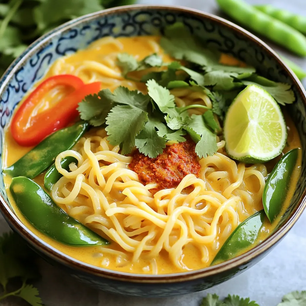 For One-Pot Thai Coconut Curry Noodles, you need: - 200g rice noodles - 1 can (400ml) coconut milk - 2 tablespoons red curry paste - 1 tablespoon vegetable oil - 1 cup vegetable broth (low-sodium preferred) - 1 bell pepper, thinly sliced (choose red or yellow for color) - 1 cup snap peas, trimmed - 1 cup baby spinach, washed - 1 tablespoon soy sauce (low-sodium for a healthier option) - 1 tablespoon fresh lime juice - Fresh cilantro, for garnish - Lime wedges, for serving - Salt and black pepper to taste These ingredients come together to create a warm and tasty dish. You can swap some ingredients if needed. Here are a few ideas: - Use any noodle type, like udon or egg noodles. - Swap coconut milk with almond or soy milk for lighter options. - Instead of red curry paste, use green curry for a different flavor. - Add tofu or chicken for extra protein. - Replace bell pepper with zucchini or carrots for a twist. These changes keep the recipe flexible while still delicious. When picking fresh produce, follow these tips: - Look for vibrant colors in bell peppers and snap peas. - Choose firm and crisp vegetables. They should feel heavy for their size. - Check for blemishes or soft spots. Avoid any that look damaged. - For spinach, choose bright green leaves without yellowing. Fresh ingredients elevate the flavors in your dish, making it even better. First, gather your ingredients. You need 200g rice noodles, 1 can of coconut milk, and 2 tablespoons of red curry paste. Also, prepare 1 tablespoon of vegetable oil, 1 cup of low-sodium vegetable broth, and 1 sliced bell pepper. Grab 1 cup of snap peas, 1 cup of baby spinach, and 1 tablespoon of soy sauce. Don’t forget 1 tablespoon of fresh lime juice, fresh cilantro for garnish, and lime wedges for serving. Make sure you have salt and black pepper ready for seasoning. Start by heating the vegetable oil in a large pot over medium heat. Once the oil shimmers, add the red curry paste. Stir it in with a wooden spoon for about 1-2 minutes. This step helps release the spices' aroma. Next, pour in the coconut milk and vegetable broth. Stir well to mix everything until smooth. Bring the pot to a gentle simmer. This is where the magic begins! When your mixture simmers, add the rice noodles. Make sure they are fully submerged. Cook them for about 3-4 minutes. Stir occasionally to stop the noodles from sticking. After that, add in the sliced bell pepper, snap peas, and soy sauce. Keep cooking for another 3-4 minutes. Your goal is to have noodles that are al dente and veggies that are tender but still crisp. To cook the noodles just right, watch them closely. You want them soft but not mushy. Stirring helps with even cooking and prevents sticking. Once they are nearly done, fold in the baby spinach. This adds color and nutrients. Let it wilt slightly. Finally, stir in the fresh lime juice and season with salt and black pepper to taste. After mixing, remove the pot from heat and let it rest for a minute. This lets the flavors blend beautifully. To make your One-Pot Thai Coconut Curry Noodles shine, focus on fresh ingredients. Fresh lime juice adds brightness. You can adjust the amount based on your taste. Use low-sodium soy sauce to keep the dish light. For a touch of sweetness, consider adding a pinch of sugar. This helps balance the heat from the red curry paste. You can also play with the spices. A little ginger or garlic can deepen the flavor. Sauté them with the red curry paste for the best results. If you want a bit more heat, add fresh chili slices. They can give your dish a nice kick. One common mistake is not cooking the noodles properly. Make sure they are fully submerged in the liquid. Stir them often to prevent sticking. Overcooking can lead to mushy noodles, so check them frequently. Another mistake is using too much salt. The red curry paste and soy sauce are salty. Taste your dish before adding more salt. Lastly, don’t skip the fresh cilantro and lime at the end. They bring freshness that ties the dish together. Presentation is key for this dish. Serve the noodles in colorful bowls. Make sure to garnish with fresh cilantro. The green color pops and adds a fresh taste. Always include lime wedges on the side. They let your guests add a squeeze for extra flavor. You can also serve this dish with a simple side salad. A crunchy salad can balance the creamy noodles. Enjoy this meal with friends or family for a fun weeknight dinner. {{image_4}} You can easily boost the protein in your One-Pot Thai Coconut Curry Noodles. Here are some great options: - Chicken: Cut chicken breast into bite-sized pieces and add it to the pot after the red curry paste. Let it cook until no longer pink. - Shrimp: Add peeled shrimp during the last few minutes of cooking. They cook fast and add a lovely taste. - Tofu: Use firm tofu, cut into cubes. Sauté it with the curry paste for extra flavor before adding liquids. Adding these proteins makes the dish heartier and more filling. This recipe is quite easy to adapt for vegetarians and vegans. - Veggie Broth: Use vegetable broth instead of chicken broth to keep it plant-based. - Coconut Milk: This recipe already uses coconut milk, a perfect creamy base. - Tofu or Tempeh: Substitute tofu or tempeh for meat. They soak up flavors well and provide nice texture. These changes keep the dish tasty and satisfying for everyone. If you need a gluten-free option, don't worry! Here are some substitutes: - Rice Noodles: The recipe already calls for rice noodles, which are naturally gluten-free. - Zucchini Noodles: Spiralize zucchini for a fun, low-carb option. Add them towards the end of cooking to keep them crisp. - Shirataki Noodles: These are made from the konjac plant and are also gluten-free. Rinse them well before adding to the pot. These substitutes let you enjoy the dish without gluten. Each option brings a unique flavor and texture! To keep your One-Pot Thai Coconut Curry Noodles fresh, let them cool first. Then, place them in an airtight container. Store them in the fridge for up to three days. This keeps the flavors intact and prevents spoilage. If you notice any excess liquid, that’s normal. Just give it a stir before eating. When you want to enjoy your leftovers, reheat them gently. You can use a microwave or a pot on the stove. If using a microwave, place the noodles in a bowl and cover it. Heat for one to two minutes, stirring halfway. For the stove, add a splash of water and heat on low. Stir until warm. This keeps the noodles from drying out. If you want to store your noodles for longer, freezing is a great option. Allow the dish to cool completely. Then, transfer it to a freezer-safe container. Leave some space at the top for expansion. You can freeze them for up to three months. When ready to eat, thaw in the fridge overnight. Reheat as mentioned earlier. Enjoy your Thai coconut curry noodles whenever you like! One-Pot Thai Coconut Curry Noodles have a mild to medium spice level. The red curry paste gives it warmth, but the coconut milk cools it down. If you like heat, add more red curry paste or some chili flakes. For a milder dish, use less curry paste. This way, you can adjust the spice to your taste. Yes, you can use other noodles! Rice noodles work best for this dish, but you can try egg noodles or even whole wheat noodles. Just remember to adjust cooking times based on the type of noodles you choose. Always check the package for specific instructions to ensure the best results. You can serve One-Pot Thai Coconut Curry Noodles with many sides. A fresh salad pairs well, adding crunch and color. You might also enjoy spring rolls or crispy vegetable tempura for extra texture. If you want protein, grilled chicken or shrimp complements the flavors nicely. Don't forget lime wedges for a zesty kick! This blog post covered all you need for One-Pot Thai Coconut Curry Noodles. We discussed the key ingredients, including substitutions and tips for fresh produce. You learned a step-by-step method for preparation and cooking, plus expert tips to boost flavor. We explored variations like adding proteins or making it vegan. Lastly, we shared storage tips for leftovers and answered common questions. Remember, cooking should be fun and easy. Enjoy creating this dish and make it your own!