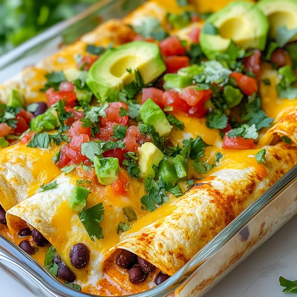 To make delicious breakfast enchiladas, gather these ingredients: - 6 large corn tortillas - 4 large eggs - 1 cup black beans, rinsed and drained - 1 cup shredded cheddar cheese - 1 cup diced bell peppers (use different colors for fun) - 1 small onion, finely chopped - 1 teaspoon ground cumin - 1 teaspoon smoked paprika - 1 cup salsa (pick your spice level) - 2 tablespoons olive oil - Salt and freshly cracked black pepper, to taste - Fresh cilantro, chopped, for garnish - Avocado slices, for serving (optional but tasty) You can easily swap ingredients to fit your taste. Consider these options: - Use flour tortillas if you prefer. - Substitute black beans with pinto or refried beans. - Try pepper jack cheese for a spicy kick. - Replace fresh cilantro with parsley for a milder taste. - Use diced zucchini or mushrooms instead of bell peppers. This recipe can fit many diets with a few tweaks: - To make it vegetarian, ensure all ingredients are plant-based. - Gluten-free options exist by using corn tortillas and gluten-free salsa. - For a lower-calorie version, use egg whites or egg substitutes. - Make it dairy-free by using vegan cheese or skipping cheese altogether. - Check labels for allergens if you have specific food sensitivities. {{ingredient_image_2}} First, set your oven to 375°F (190°C). This way, it heats up while you work. A hot oven helps cook the enchiladas evenly. In a large skillet, heat 2 tablespoons of olive oil over medium heat. Add 1 small, finely chopped onion and 1 cup of diced bell peppers. Sauté them for about 5 minutes. The veggies should be soft and a bit caramelized. Then, move them to one side of the skillet. Now, crack 4 large eggs into the clear space. Scramble them gently until just set. Mix in 1 cup of rinsed and drained black beans, 1 teaspoon of ground cumin, 1 teaspoon of smoked paprika, and a pinch of salt and pepper. Stir everything until heated through. Then, remove the skillet from the heat. To make the tortillas easier to roll, warm 6 large corn tortillas in the microwave for 15-20 seconds. Place a scoop of the egg and bean mix in the center of each tortilla. Sprinkle some shredded cheddar cheese on top. Roll each tortilla tightly and place them seam-side down in a greased baking dish. Pour your chosen salsa evenly over the top of the enchiladas. This helps keep them moist. Then, sprinkle the remaining shredded cheddar cheese on top for a delicious, melty layer. Put the baking dish in the preheated oven. Bake for 20-25 minutes. They are done when the cheese is melted, bubbly, and golden brown. Once baked, carefully take the enchiladas out of the oven. Let them cool for a few minutes. Garnish with fresh, chopped cilantro. Serve hot with slices of creamy avocado on the side for extra flavor. Enjoy your tasty breakfast! To get soft, fluffy eggs, use low heat. Stir gently with a spatula. Add a pinch of salt before cooking. This helps them stay moist. You can mix in some cheese for extra creaminess. Cook just until they are barely set, then remove from heat. The eggs will continue to cook in the hot skillet. Warming your tortillas makes them soft and easy to roll. You can place them in a microwave for about 15 to 20 seconds. Another method is to heat them in a dry skillet for about 30 seconds on each side. This helps avoid tearing when you fill them. Always handle warm tortillas carefully to keep them intact. Choose salsa based on your spice level. If you prefer mild, pick a mild salsa. For a kick, go for medium or hot. You can also add fresh jalapeños for more heat. If the dish is too spicy, serve it with avocado or sour cream. These cool options balance the heat and make each bite enjoyable. Pro Tips Use Fresh Ingredients: Opt for fresh vegetables and herbs to enhance the flavor and nutritional value of your enchiladas. Fresh ingredients make a noticeable difference in taste. Experiment with Cheese: While cheddar is classic, try mixing in different types of cheese such as Monterey Jack or pepper jack for a unique twist and extra flavor. Customize the Spice Level: Adjust the salsa to your preferred heat level. You can also add diced jalapeños or chipotle peppers for an extra kick. Make Ahead: Prepare the filling in advance and assemble the enchiladas closer to mealtime. This can save time and allows the flavors to meld beautifully. {{image_4}} You can make a great vegetarian version of breakfast enchiladas. Simply replace the eggs with tofu. Use firm tofu for the best texture. Scramble it just like you would the eggs. Add black beans and your favorite veggies. Spinach, mushrooms, or zucchini work well. Top with cheese, salsa, and bake as usual. This makes a hearty and tasty dish. Want to add more protein? You can use cooked chicken or sausage. For chicken, shred or dice it after cooking. Mix it into the egg and bean filling. If you prefer sausage, choose your favorite type. Cook it first, then crumble it into the mix. Both options boost flavor and make the meal more filling. Sauces and salsas can change the whole dish. Try different types based on your taste. You can use green salsa for a fresh twist. Red salsa adds a nice kick. For a creamy touch, mix in sour cream or avocado sauce. You can also drizzle hot sauce for extra heat. Each option gives a new twist to your breakfast enchiladas. To keep your leftover enchiladas fresh, let them cool down. Place them in an airtight container. Make sure to cover them tightly. Store them in the fridge for up to three days. If you use salsa, keep it separate for better flavor. To reheat your enchiladas, you can use the oven or microwave. For the oven, preheat it to 350°F (175°C). Place the enchiladas in a baking dish. Cover with foil to keep them moist. Bake for about 15-20 minutes. For the microwave, heat them in 30-second bursts until hot. If you want to freeze your enchiladas, wrap them well in plastic wrap. Then, place them in a freezer-safe bag. They can last up to three months in the freezer. When ready to eat, thaw them in the fridge overnight. Reheat them in the oven or microwave to enjoy. You can prepare the filling a day before. Cook the eggs, beans, and veggies, then store them in the fridge. When ready to bake, warm the filling and assemble the enchiladas. Pour salsa and cheese on top, and bake as usual. This saves time and adds flavor as it sits. Yes, you can use flour tortillas. They will change the taste and texture slightly. Flour tortillas are softer and may be easier to roll. If you prefer them, go ahead! Just remember to warm them so they roll easily. Breakfast enchiladas go well with many sides. Consider serving them with: - Fresh fruit salad - Crispy hash browns - A light green salad - Refried beans These sides add color and flavor to your meal. If you use corn tortillas, then yes, they are gluten-free. Always check the label on your tortillas. If you need a gluten-free option, avoid flour tortillas. Enjoy your delicious breakfast without the gluten! In this blog post, we explored how to make delicious breakfast enchiladas, covering key ingredients, step-by-step instructions, and helpful tips. I shared variations to match different tastes and needs, along with storage info for leftovers. Remember, you can easily customize this dish by swapping ingredients or adding your favorite protein. Enjoy crafting your perfect breakfast enchiladas, and don’t hesitate to share your creations!