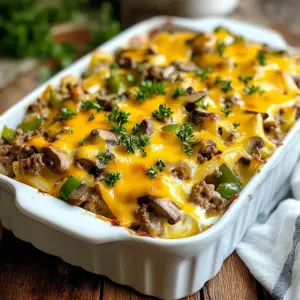 - 1 lb lean ground beef or chicken - 1 medium onion, diced - 1 green bell pepper, diced - 1 cup mushrooms, sliced - 3 cloves garlic, minced - 1 cup low-fat cream cheese - 1 cup Greek yogurt - 2 cups cooked quinoa - 1 cup shredded provolone cheese - 1 teaspoon Worcestershire sauce - Salt and pepper to taste - 1 tablespoon olive oil - Fresh parsley, chopped, for garnish This high-protein Philly cheesesteak casserole uses simple ingredients to pack a flavorful punch. I love starting with lean ground beef or chicken because it keeps the dish healthy and tasty. Diced onion and green bell pepper add sweetness and crunch. Sliced mushrooms bring an earthy flavor, while minced garlic gives it a nice kick. Low-fat cream cheese and Greek yogurt make the dish creamy without adding too many calories. I use cooked quinoa for a protein boost and a lovely texture. Shredded provolone cheese finishes this dish beautifully. It melts to create a gooey, comforting layer. I also add Worcestershire sauce to deepen the flavors, along with salt and pepper for seasoning. A drizzle of olive oil helps to saut&eacute; the veggies perfectly. To bring it all together, I garnish with fresh parsley. It adds a pop of color and freshness. Each ingredient plays a role in making this casserole both tasty and satisfying. {{ingredient_image_2}} First, preheat your oven to 375&deg;F (190&deg;C). This step is crucial for even baking. While the oven warms up, grease a 9x13-inch baking dish. Use olive oil or cooking spray to keep it non-stick. In a large skillet, heat the olive oil over medium heat. Add the diced onion and green bell pepper. Cook them for about 3-4 minutes. You want them soft and fragrant. Next, toss in the sliced mushrooms and minced garlic. Cook for another 3 minutes. The mushrooms should release their juices and become tender. Now, add the lean ground beef or chicken to the skillet. Cook the meat until it turns brown, breaking it into small pieces. This should take about 5-7 minutes. Season the mixture with Worcestershire sauce, salt, and pepper. Taste it to ensure the flavors are just right. In a large mixing bowl, mix the cooked quinoa, low-fat cream cheese, and Greek yogurt. Blend until it forms a smooth mixture. Then, add the saut&eacute;ed meat and vegetable mix to the bowl. Stir gently until everything is well combined. Transfer the mixture into the greased baking dish. Spread it evenly for uniform baking. Top with shredded provolone cheese. Place the casserole in the preheated oven. Bake for 25-30 minutes until the cheese melts and turns golden. After baking, let it cool for a few minutes. Garnish with chopped parsley for a fresh touch. To ensure even cooking, spread the mixture in the baking dish evenly. This helps the heat reach all areas. Stir the casserole halfway through baking for best results. For cheese melting, use shredded provolone. Shredded cheese melts faster and gives a nice texture. Sprinkle it on top just before baking for that perfect golden finish. You can try alternative proteins like turkey or plant-based options. Ground turkey lowers fat while packing protein. To add fresh vegetables, consider spinach or zucchini. These options boost flavor and nutrition. They also add color, making your dish more appealing. Serve the casserole straight from the baking dish for a rustic feel. It enhances the homey vibe of the meal. You can also add garnishes like chopped parsley for a fresh touch. If you want some spice, drizzle sriracha or hot sauce on individual plates. This adds fun and excitement to each serving! Pro Tips Choose the Right Meat: Opt for lean ground beef or chicken to keep the casserole healthier without sacrificing flavor. Cook Quinoa Properly: Ensure the quinoa is fully cooked and fluffed before mixing it into the casserole for the best texture. Customize with Veggies: Feel free to add or substitute other vegetables like spinach or zucchini for added nutrition and flavor. Let it Rest: After baking, allow the casserole to sit for a few minutes before serving; this helps the layers set and makes slicing easier. {{image_4}} For a vegetarian version of this casserole, you can use plant-based protein. Options like lentils or tempeh work well. You can also add more vegetables. Try zucchini, spinach, or even eggplant for added flavor and nutrition. These swaps keep the dish hearty and satisfying without meat. If you like things hot, add jalape&ntilde;os or hot sauce. Just chop jalape&ntilde;os and mix them into the meat and veggie mix. You can also drizzle hot sauce on top before serving. This addition gives the dish a nice kick and makes it extra flavorful. To make a low-carb version, you can substitute quinoa with cauliflower rice. This keeps the dish light and cuts down on carbs. Also, consider using dairy-free cheese alternatives. There are many great options on the market that melt well. These changes make the casserole friendly for those watching their carb intake. To store leftover high-protein Philly cheesesteak casserole, let it cool first. Place it in an airtight container. This helps keep it fresh. You can store it in the fridge for up to 3 to 4 days. If you want it to last longer, consider freezing it. Wrapped tightly, it can stay good for about 2 to 3 months. When you are ready to enjoy the casserole again, use the oven for reheating. Preheat the oven to 350&deg;F (175&deg;C). Place the casserole in a baking dish. Cover it with foil to keep it moist. Heat for about 20-25 minutes or until it's hot throughout. This method helps keep the cheese melty and the texture nice. You can also use the microwave, but it may change the texture. Heat in short bursts, stirring in between to keep it even. Enjoy your delicious leftovers! Yes, you can use other cheeses. Cheddar, mozzarella, or gouda work well too. Each cheese adds a unique flavor. If you want a sharper taste, try sharp cheddar. For a creamier texture, mozzarella is perfect. Always choose a cheese that melts well to get that tasty, gooey texture. To make this casserole gluten-free, swap cooked quinoa for gluten-free grains. You can use brown rice or gluten-free pasta. Also, check that your Worcestershire sauce is gluten-free. Many brands offer gluten-free options, so read the label. This way, everyone can enjoy this delicious meal. You can serve this casserole with many sides. A fresh garden salad adds a nice crunch. Steamed vegetables are great for extra nutrients. You could also try garlic bread for a tasty pairing. For a fun twist, serve with potato chips or fries on the side. Enjoy experimenting with these options! This blog post covered a flavorful Philly Cheesesteak Casserole. We listed the essential ingredients, shared easy step-by-step instructions, and offered tips for making the best dish. You can even try variations, like vegetarian or spicy options. Remember, proper storage keeps leftovers tasty. Enjoy this dish with your favorite sides for a full meal. With these ideas, you&rsquo;ll impress everyone at the table and enjoy a hearty, healthy meal.