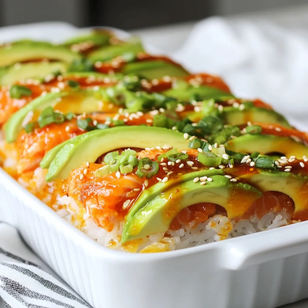 - 2 cups sushi rice - 2 ½ cups water - 1 tablespoon rice vinegar - 1 tablespoon sugar - 1 teaspoon salt - 8 ounces fresh salmon, skinless and chopped - 2 tablespoons sriracha sauce - 2 tablespoons mayonnaise - 1 avocado, sliced - 1 cucumber, thinly sliced - 2 green onions, finely chopped - 1 sheet nori, cut into small squares - Sesame seeds for garnish You can swap ingredients based on your taste or diet. Here are some options: - Alternative proteins: You can use tuna or crab if you want a different flavor. - Vegan options: For a plant-based version, try tofu or tempeh. Just mix with vegan mayo and sriracha. - Non-spicy alternatives: If you dislike heat, use regular mayo instead of sriracha. Choosing fresh ingredients makes a big difference. Here’s how to pick the best: - Choosing high-quality salmon: Look for bright, shiny flesh with no brown spots. Fresh fish should smell like the ocean, not fishy. - Selecting ripe avocados: Choose avocados that yield slightly to gentle pressure. Avoid hard ones or those with dark spots. - Freshness testing for cucumbers: Pick cucumbers that feel firm and have a bright color. Avoid any with soft spots or wrinkles. These tips help you create a delicious Spicy Salmon Sushi Bake that shines with flavor! {{ingredient_image_1}} First, rinse the sushi rice. Use cold water until the water runs clear. This step helps remove extra starch. Next, in a saucepan, combine the rinsed rice and 2 ½ cups of water. Bring it to a boil. Once boiling, reduce the heat to low, cover, and let it simmer for about 18 minutes. The rice should absorb all the water and become tender. After cooking, remove the rice from heat. Let it sit covered for about 10 minutes. In a small bowl, mix 1 tablespoon of rice vinegar, 1 tablespoon of sugar, and 1 teaspoon of salt. Stir until dissolved. Fluff the rice gently with a fork. Then, fold the vinegar mixture into the rice. This adds flavor and helps cool it. Set it aside. Now, let’s prepare the spicy salmon mixture. Take 8 ounces of fresh, skinless salmon and chop it into small pieces. In a bowl, mix the salmon with 2 tablespoons of sriracha sauce and 2 tablespoons of mayonnaise. Stir well until everything is combined. This mixture gives your sushi bake a nice spicy kick. Next, it's time to assemble the dish. In a baking dish, spread an even layer of the sushi rice across the bottom. Make sure it covers the entire base. Then, evenly spread the spicy salmon mixture over the rice. This creates a flavorful layer. Now, preheat your oven to 400°F (200°C). Place the baking dish in the oven. Bake for about 15 to 20 minutes. The salmon should be cooked through. Once done, remove it from the oven and let it cool for a few minutes. Top your baked sushi with sliced avocado, cucumber, and chopped green onions. Sprinkle sesame seeds on top for a nice finish. Serve it warm, with nori squares on the side. You can use the nori for wrapping or crumbling on top. Enjoy your delicious spicy salmon sushi bake! To cook the rice, start by rinsing it well. Rinse until the water runs clear. This step removes excess starch. Use two cups of sushi rice and two and a half cups of water. Bring the mix to a boil, then lower the heat. Cover the pot and let it simmer for about 18 minutes. The rice should absorb all the water. After cooking, let it sit for an extra 10 minutes. This helps the rice become fluffy. For the salmon, chop it into small pieces. Mix it with sriracha and mayonnaise. This creates a creamy, spicy filling. Make sure the salmon is mixed evenly. The right consistency makes a huge difference in taste. When serving the sushi bake, think about sides and drinks. You can pair it with a simple salad or steamed veggies. A light miso soup also works well. For drinks, try a crisp, cold sake or a refreshing iced tea. These pairings enhance the flavors of your dish. Garnish your sushi bake with nori and sesame seeds. Cut nori into small squares for easy serving. Sprinkle sesame seeds on top for a nice crunch. For a fun twist, serve the dish in individual bowls. This makes it easy for guests to enjoy. You can also add extra slices of avocado and cucumber around the plate. This adds color and freshness to your meal. Pro Tips Quality of Salmon: Always choose fresh, sushi-grade salmon for the best flavor and texture in your sushi bake. Rinsing Rice: Rinse the sushi rice thoroughly to remove excess starch, which helps achieve the right sticky consistency. Baking Time: Keep an eye on the baking time; overcooking can dry out the salmon, so check for doneness around 15 minutes. Serving Suggestions: Serve with additional sriracha or soy sauce on the side for those who like extra spice or flavor. {{image_2}} You can switch out salmon for other proteins. Here are some ideas: - Tuna: Use fresh or canned tuna mixed with sriracha and mayo. - Crab: Imitation crab works great for a sweet flavor. - Tofu: For a vegan option, use firm tofu. Crumble it and mix with sriracha. Want to boost the flavor? Here are some simple tips: - Add spices: Try a dash of garlic powder or chili flakes for extra heat. - Incorporate vegetables: Mix in chopped bell peppers or carrots for crunch and color. You can make this dish fit different diets: - Gluten-free options: Ensure your sriracha and sauces are gluten-free. - Low-carb alternatives: Use cauliflower rice instead of sushi rice for a lighter dish. To keep your Spicy Salmon Sushi Bake fresh, store leftovers properly. First, let it cool to room temperature. Then, place it in an airtight container. This helps keep moisture in and prevents drying out. You can store it in the fridge for up to three days. If you want to keep it longer, you can freeze it. Cut the sushi bake into portions. Wrap each piece tightly in plastic wrap, then place them in a freezer-safe bag. This keeps the flavors intact. Frozen leftovers can last up to three months. To reheat your sushi bake, use the oven for the best results. Preheat your oven to 350°F (175°C). Place the sushi bake in an oven-safe dish. Cover it with foil to keep it moist. Heat for about 15-20 minutes or until warmed through. This method helps maintain the texture of the rice and salmon. You can also use a microwave if you're in a hurry. Place a portion on a microwave-safe plate. Cover it with a damp paper towel to keep it from drying out. Heat in short bursts of 30 seconds until warm. Your Spicy Salmon Sushi Bake stays fresh for a few days. In the fridge, it lasts about three days. If you freeze it, you can enjoy it for up to three months. Always check for off smells or changes in texture before eating leftovers. Spicy Salmon Sushi Bake is a warm and tasty dish. It combines sushi rice and spicy salmon in a baking dish. The salmon is mixed with sriracha and mayonnaise, giving it a zesty kick. You bake it until the salmon is cooked through. After baking, you top it with fresh avocado, cucumber, and green onions. This dish is like sushi but easier to serve and enjoy. Yes, you can prepare this dish in advance. Cook the sushi rice and let it cool. Mix the salmon with sriracha and mayo and store it in the fridge. You can assemble everything later. Just layer the rice and salmon in a baking dish and bake when you're ready. This makes meal prep simple and fun. This recipe can be kid-friendly with some tweaks. The spice from sriracha can be strong for kids. You may want to use less sriracha or leave it out. You can also add more mayonnaise for a creamier taste. Kids love the fresh toppings like avocado and cucumber. They can help add these toppings, making cooking a family activity. This article covered how to make a spicy salmon sushi bake. You learned about the key ingredients, like sushi rice and fresh salmon. I shared ways to switch out ingredients for different diets. You now have tips to pick the best fresh items and perfect the dish. Finally, I provided guidance on storing leftovers and reheating. Enjoy trying this recipe and feel free to experiment. Happy cooking!