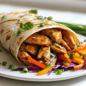 When making teriyaki chicken wraps, you need fresh and tasty ingredients. Here’s what you will need: - 2 boneless, skinless chicken breasts - 1/4 cup teriyaki sauce - 1 tablespoon sesame oil - 1 cup bell peppers (red, yellow, and green), thinly sliced - 1/2 cup carrots, julienned - 1/4 cup red cabbage, shredded - 4 large whole wheat tortillas - 1/4 cup fresh cilantro, chopped - 1/4 cup green onions, chopped - Optional: Sriracha or chili flakes for heat These ingredients make the wraps colorful and full of flavor. The chicken adds protein, while the veggies give crunch and freshness. Whole wheat tortillas keep it healthy and filling. You can adjust the spice level with optional ingredients. {{ingredient_image_1}} First, take the chicken breasts and place them in a bowl. Pour 1/4 cup of teriyaki sauce over the chicken. Make sure to coat the chicken well. Cover the bowl and let it sit for at least 30 minutes. For best results, marinate in the fridge for one hour. This step adds great flavor to the chicken. Heat 1 tablespoon of sesame oil in a skillet over medium heat. Once hot, add the marinated chicken breasts. Cook them for about 6 to 7 minutes on each side. Check that the chicken is cooked through. The internal temperature should reach 165°F (75°C). Remove the chicken from the skillet and let it rest a few minutes before slicing it into thin strips. In the same skillet, add the thinly sliced bell peppers and julienned carrots. Stir-fry them for about 3 to 4 minutes. You want them to be slightly softened but still crunchy. This keeps the wraps fresh and colorful. Lay out your large whole wheat tortillas on a clean surface. Start by placing the chicken strips in the middle of each tortilla. Next, add the stir-fried vegetables, shredded red cabbage, chopped cilantro, and green onions. If you enjoy some heat, drizzle Sriracha or sprinkle chili flakes on top. Roll the wraps tightly, starting from one end and tucking in the sides. Slice them in half diagonally for easy eating. Serve them warm right away or wrap them in foil for a great lunch option. Enjoy your delicious teriyaki chicken wraps! To make the best teriyaki chicken, start with the marinade. Use 1/4 cup of teriyaki sauce. Marinate your chicken for at least 30 minutes. If you have more time, let it sit for an hour in the fridge. This helps the flavor soak in well. You can also add garlic or ginger for an extra kick. Cook the chicken breasts in a skillet with 1 tablespoon of sesame oil. Heat it over medium heat. Cook each side for 6-7 minutes. Make sure the chicken reaches 165°F (75°C) inside. This ensures the chicken is safe to eat and stays juicy. Let it rest for a few minutes before slicing. This helps keep it tender. Fresh veggies make these wraps great. Use bell peppers, carrots, and red cabbage. If you want other options, try cucumbers or snap peas. You can also add avocado for creaminess. To save time, buy pre-cut veggies from the store. They make cooking fast and easy. If you have extra wraps, store them well. Wrap them in foil or plastic wrap. Keep them in the fridge for up to three days. To reheat, use a microwave or skillet. If you want to freeze them, wrap tightly and store for up to a month. Just remember, fresh is best! Pro Tips Marination Time: Allow the chicken to marinate for at least one hour to enhance the flavor and tenderness. Vegetable Crunch: Stir-fry the vegetables just until they are slightly softened to retain their crunchiness and vibrant colors. Tortilla Warmth: Warm the tortillas in a skillet or microwave before wrapping to make them more pliable and easier to roll. Custom Heat Level: Adjust the amount of Sriracha or chili flakes according to your heat preference for a personalized kick. {{image_2}} You can switch the chicken for other proteins. Try beef, pork, or shrimp. Each option brings its own taste. For beef, use flank steak and slice it thin. For pork, use tenderloin for a juicy bite. If you prefer seafood, shrimp cooks fast and adds a nice touch. If you want a meat-free meal, I have great options. Use tofu or tempeh as the main protein. Marinate them in teriyaki sauce just like the chicken. You can also add chickpeas or black beans for extra protein. Mix in more veggies like mushrooms or zucchini for a hearty wrap. Want to amp up the flavor? Add ginger or garlic to the chicken marinade. You can also toss in some sesame seeds for crunch. For a sweet touch, add pineapple chunks to the wrap. If you like some spice, Sriracha or chili flakes work great. Don't shy away from experimenting with your favorite ingredients! To keep your leftover wraps fresh, wrap them tightly in plastic wrap. You can also use aluminum foil. Store them in the fridge for up to three days. This way, the flavors stay intact. If you notice any moisture, you can place a paper towel inside to absorb it. When you are ready to eat, unwrap your wrap. Place it in a skillet over medium heat. Heat each side for about three to four minutes. This warms it up and keeps it crispy. You can also use a microwave. Just place the wrap on a microwave-safe plate. Heat it for about 30 seconds to one minute. Check if it’s warm enough before enjoying. To freeze your wraps, first let them cool completely. Wrap each one in plastic wrap, then place them in a freezer bag. Label the bag with the date. You can freeze them for up to three months. When you want to eat one, thaw it in the fridge overnight. Then reheat as shown above for a tasty meal. Marinate the chicken for at least 30 minutes. If you have more time, try an hour. This helps the chicken soak up the sweet and salty teriyaki sauce. The longer you marinate, the better the flavor becomes. Yes, you can use store-bought teriyaki sauce. It saves time and still tastes great. Just check the label for quality. Some sauces have too much sugar or artificial ingredients. Choose one with natural ingredients for the best taste. You can serve teriyaki chicken wraps with various side dishes. Here are some tasty options: - Steamed rice - Asian slaw - Edamame - Cucumber salad These sides add freshness and balance the meal. Teriyaki chicken wraps can be healthy. They use lean chicken and fresh veggies. Whole wheat tortillas add fiber. You can control the sauce amount for less sugar. Add more veggies to boost nutrition. Enjoy them as part of a balanced diet! In this post, I covered everything you need for tasty teriyaki chicken wraps. I shared key ingredients, step-by-step cooking, and tips to perfect your meal. Remember, you can switch up proteins or veggies for your taste. Storing leftovers is simple, so you can enjoy them later. With these easy wraps, you’ll impress friends and family. Dive into your kitchen and try this recipe soon! Happy cooking!
