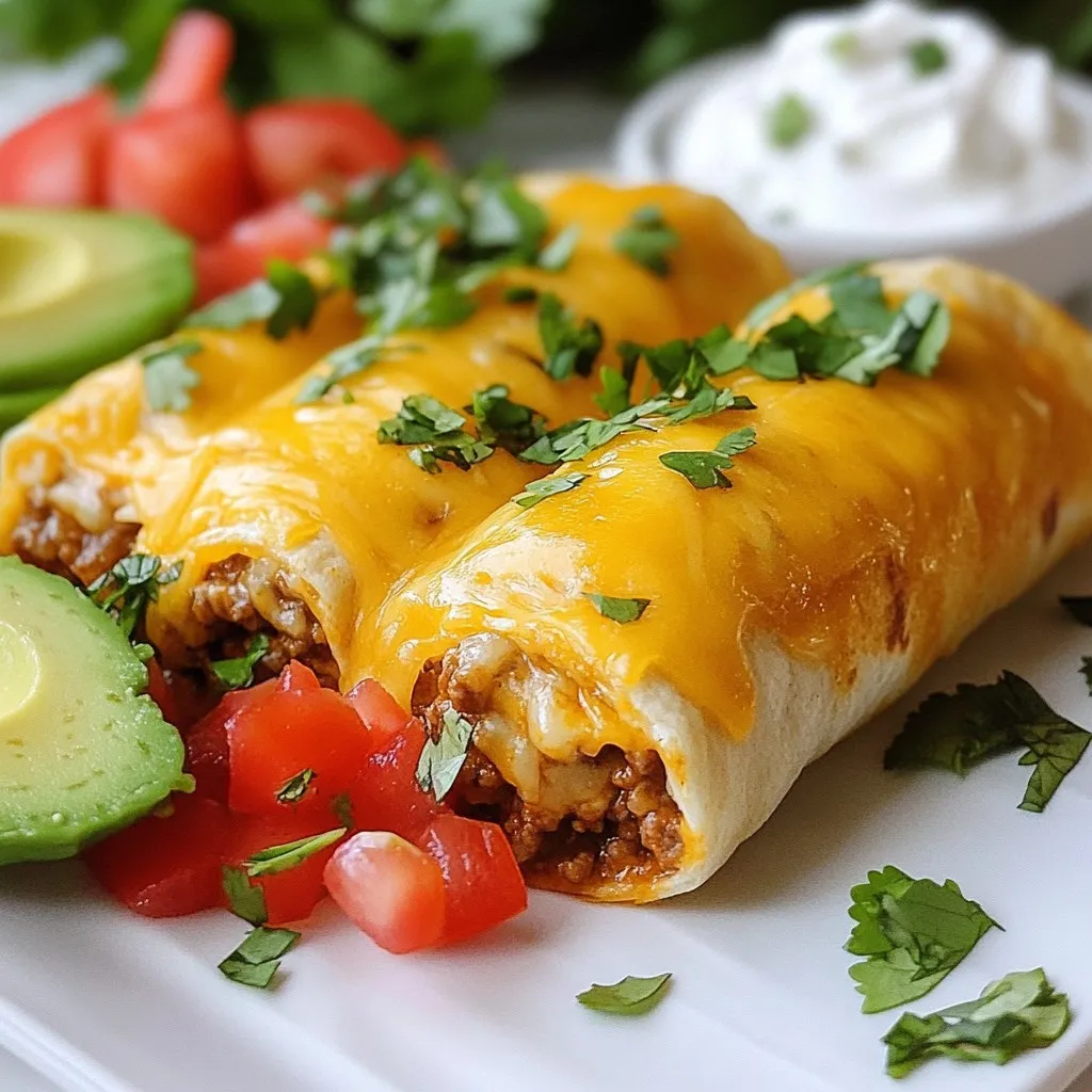 - 4 large flour tortillas - 1 cup shredded cheddar cheese - 1 cup shredded Monterey Jack cheese - 1 cup cooked and seasoned ground beef or black beans - 1 cup cooked rice (white or brown) - 1 medium tomato, diced - 1/2 cup sour cream - 1/4 cup chopped fresh cilantro - 1 avocado, sliced - 1 teaspoon taco seasoning - Cooking spray or butter for grilling Gather these ingredients to create your grilled cheese burrito. I love using large flour tortillas, as they wrap around the filling perfectly. The shredded cheddar and Monterey Jack cheese give that gooey, melty texture we all crave. You can choose ground beef for a hearty option or black beans for a vegetarian twist. Rice adds a nice base, while the diced tomato gives a fresh taste. Sour cream and cilantro add a burst of flavor. Don't forget the avocado! It adds creaminess and taste. For grilling, cooking spray or butter ensures a crispy finish. With these ingredients ready, you're set to make a delicious meal that everyone will enjoy. {{ingredient_image_1}} To start, I mix the filling. In a bowl, combine: - 1 cup cooked ground beef (or black beans) - 1 cup cooked rice (white or brown) - 1 teaspoon taco seasoning - 1 medium tomato, diced This mix brings a tasty punch. The beef or beans add protein, while the rice makes it filling. Taco seasoning gives it that classic flavor you love. Next, I lay out a large flour tortilla. In the center, layer: - 1/4 cup shredded cheddar cheese - 1/4 cup shredded Monterey Jack cheese - A quarter of the beef/rice filling - A dollop of sour cream - A few slices of avocado - A sprinkle of chopped fresh cilantro These layers create a burst of flavors and textures. The cheese melts beautifully inside, while the avocado adds creaminess. Now, it’s time to fold. I tuck in the sides of the tortilla. Then, I roll it up tightly from the bottom. This keeps the filling secure. For grilling, I heat a pan over medium heat. I lightly grease it with cooking spray or butter. I place the burritos seam-side down and grill for 3-4 minutes on each side. I want them golden brown and crispy. The cheese should melt perfectly inside. Adjusting the heat is key for grilling burritos. I like to start with medium heat. This lets the outside get crispy while the inside warms up. If the heat is too high, the outside might burn before the cheese melts. Flip the burrito after about 3-4 minutes. Look for a nice golden color on each side. For a gooey, melted cheese experience, I mix cheddar and Monterey Jack. This combo gives a great flavor and texture. You can also try adding a little cream cheese for extra creaminess. Make sure the cheese is at room temperature before adding it to the burrito. This helps it melt faster and blend well with the other ingredients. Serve your grilled cheese burrito with fun dips. I love sour cream, salsa, or guacamole. These add a fresh taste. You can also pair it with a side salad or some chips for a crunchy bite. If you're feeling adventurous, try adding some hot sauce for a spicy kick! Pro Tips Use Fresh Ingredients: Opt for fresh tomatoes and ripe avocados to enhance the flavor and texture of your burritos. Customize Your Fillings: Feel free to add other ingredients like corn, bell peppers, or jalapeños to suit your taste. Perfect Grilling: Ensure your pan is adequately heated before grilling to achieve that perfect golden-brown crust. Make Ahead: Prepare the filling and assemble the burritos ahead of time, then just grill them before serving for a quick meal. {{image_2}} You can easily make a tasty vegetarian version. Simply swap ground beef for black beans. Black beans add great protein and flavor. For cheese, look for plant-based options. Cheddar-style vegan cheese works well. You can also use a mix of vegan mozzarella. This keeps the creamy texture we love in a grilled cheese burrito. Want to spice things up? Add some jalapeños or diced bell peppers. These ingredients bring a nice kick and fresh taste. You can even sprinkle in some chili powder or cumin. This adds depth to the flavor. Feel free to play around with spices to make it your own. You can change how you serve this dish. Try making burrito bowls instead. Just layer rice, beans, cheese, and toppings in a bowl. It’s fun and easy to eat. You can also turn it into quesadillas. Just fill tortillas, grill them, and cut them into wedges. Serve with salsa or guacamole for a tasty twist. To keep leftover burritos fresh, wrap them tightly. Use plastic wrap or aluminum foil. Place them in an airtight container or a resealable bag. Store in the fridge for up to three days. This keeps the flavors intact and prevents drying out. The best way to reheat burritos is in a skillet. Heat the skillet over medium-low heat. Add a little butter or oil to keep them crispy. Cook each side for about three minutes until they're hot and golden. You can also use an oven. Preheat it to 350°F (175°C). Place the burritos on a baking sheet and heat for 10-15 minutes. To freeze burritos, wrap each one tightly in plastic wrap. Then, place them in a freezer bag. Remove as much air as possible. This helps keep them fresh for up to three months. When ready to eat, thaw them in the fridge overnight. Then, reheat in a skillet or oven to restore that crispy texture. To make a gluten-free grilled cheese burrito, start with gluten-free tortillas. Many brands offer soft, tasty options made from rice or corn. Check your local market. You can also use lettuce leaves for a fresh twist. When cooking, use the same method as with regular tortillas. Just be gentle, as gluten-free options can tear easily. Absolutely! You can use any cheese you like. Monterey Jack and cheddar are great, but try pepper jack for a spicy kick. Gouda melts beautifully and adds a rich flavor. For a unique taste, use feta or goat cheese. Mix and match to find your favorite combo! These burritos pair well with many sides. Sour cream is a must for dipping. Salsa adds a fresh kick, while guacamole brings creaminess. You can also serve them with a side salad for crunch. Try crispy tortilla chips for a fun crunch. Enjoy your meal with a refreshing drink! In summary, we covered the essential ingredients, preparation steps, and tips for making perfect grilled cheese burritos. You can customize your burritos with various fillings and serve them with great sides. Keep in mind storage and reheating methods to enjoy leftovers. Experimenting with flavors makes cooking fun. Enjoy your tasty creation, sharing the joy of homemade food with loved ones!