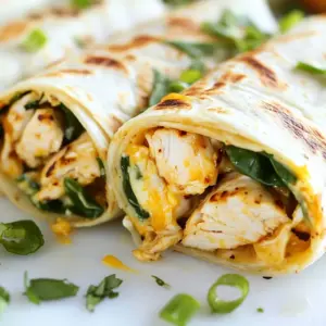 - 2 boneless, skinless chicken breasts, diced - 4 cloves garlic, minced - 1 tablespoon olive oil - 1 teaspoon smoked paprika - 1 teaspoon oregano - Salt and pepper to taste - &frac12; cup cream cheese, softened - &frac12; cup shredded mozzarella cheese - 4 large flour tortillas - 1 cup fresh spinach leaves - &frac14; cup chopped green onions These main ingredients create a rich and tasty filling. The chicken and garlic give the wraps a savory base. The cream cheese and mozzarella make it gooey and creamy. The spices add warmth and depth to each bite. - Sriracha sauce for a spicy kick Adding Sriracha elevates the flavor. It gives the wraps a nice heat. You can adjust the amount based on your spice tolerance. - Large skillet - Cutting board - Sharp knife - Mixing spoon - Serving plate These tools help you prepare the wraps easily. A sharp knife makes cutting the chicken simple. A large skillet is key for cooking the chicken and mixing the cheesy filling. {{ingredient_image_1}} First, take a large skillet and heat olive oil over medium heat. Add the minced garlic and let it cook for about 1 minute. You want to smell that tasty garlic aroma! Next, add the diced chicken to the skillet. Sprinkle in the smoked paprika, oregano, salt, and pepper. Cook this for about 6 to 8 minutes. Make sure the chicken is cooked through and shows no pink. Once the chicken is ready, lower the heat. Add the softened cream cheese and shredded mozzarella to the skillet. Stir well until the cheeses melt together. You should see a gooey, creamy mixture. This filling is the star of the show! Now, grab the flour tortillas and lay them flat. Divide the gooey mixture evenly among the tortillas. Place it right in the center. Top with fresh spinach leaves and chopped green onions. If you like a kick, drizzle some Sriracha sauce on top too. Fold in the sides of each tortilla and roll tightly from bottom to top. Place the wraps seam-side down in the same skillet. Cook for 2 to 3 minutes on each side. You want them golden brown and crispy, just like a perfect wrap should be! To get that perfect gooey texture, use cream cheese that is softened. This helps it melt easily. When you mix in the mozzarella, stir well until it blends smoothly. Cook the chicken just right; it should be tender and juicy. If you want more gooeyness, add extra cream cheese. However, balance is key. Too much can make it too rich. You can cut the wraps in half for fun finger food. Serve them with a side of ranch dressing or your favorite dip. For a fresh touch, add some herbs on top. You can also serve these wraps with a bright salad. A simple green salad pairs well with the rich flavors. For dips, ranch and Sriracha are great choices. You can even mix them for a spicy ranch dip. On the side, try crispy sweet potato fries or a light coleslaw. For drinks, a refreshing lemonade or iced tea works well. If you want something stronger, a light beer complements the meal nicely. Pro Tips Use Fresh Ingredients: Fresh garlic and spinach will enhance the flavor of your wraps, making them more vibrant and tasty. Don't Overcook the Chicken: Ensure the chicken is cooked through but still tender; overcooking can make it dry. Customize Your Cheese: Feel free to substitute the mozzarella with your favorite cheese, such as sharp cheddar or pepper jack for added flavor. Make It Ahead: You can prepare the filling a day in advance and store it in the fridge. Just assemble and cook when you're ready to eat! {{image_2}} If you want a kick, add Sriracha sauce. This sauce brings heat and flavor. Mix it in with the chicken before you add the cheese. You can also drizzle some on top before you roll the wraps. Adjust the amount to suit your taste. This spicy version makes each bite exciting. For a meatless option, use tofu or beans. Dice firm tofu and saut&eacute; it with garlic and spices like the chicken. Beans, like black or pinto, also work great. They add protein and fiber. You can mix them with cheese for a creamy texture. This version is tasty and filling without meat. If you want a low-carb meal, use lettuce instead of tortillas. Large leaves of romaine or butter lettuce work best. Simply fill the leaves with the gooey chicken mix and toppings. Wrap them up like a taco. This way, you enjoy the same flavors while cutting carbs. It&rsquo;s fresh and crunchy! To store leftover wraps, let them cool to room temperature. Wrap each one in plastic wrap or foil. Place them in an airtight container. This keeps them fresh and tasty for up to three days in the fridge. To reheat the wraps, preheat your skillet over medium heat. Place the wrap seam-side down in the skillet. Cook for about 2-3 minutes on each side until warm and crispy. You can also use a microwave. Heat for about 30 seconds to 1 minute. If you want a crispy texture, stick to the skillet. If you want to freeze these wraps, wrap each one tightly in plastic wrap. Then, place them in a freezer bag. They can last for up to three months in the freezer. When you are ready to eat, thaw in the fridge overnight. Reheat in the skillet for the best results. Enjoy a quick meal anytime! Yes, you can use any cheese you like. Cheddar or pepper jack works well. Each cheese gives a unique taste. If you prefer a stronger flavor, try blue cheese. For a milder option, use cream cheese alone. Experiment to find your favorite! To make these wraps healthier, you can use whole wheat tortillas. You can add more fresh veggies like bell peppers or cucumbers. Swap cream cheese for Greek yogurt for a tangy twist. Use less cheese or leaner chicken to cut fat. These changes still keep the wraps tasty! If you want a different wrap, use lettuce leaves. They are low in carbs and fresh. You can also use rice paper for a fun, chewy texture. Whole grain pita bread is another option. Each choice adds a new twist to your wraps! Check the chicken for a golden brown color. Use a meat thermometer to be sure. The internal temperature should reach 165&deg;F (75&deg;C). Cut into a piece to see if it is white and no longer pink inside. This way, you ensure it's safe to eat! Gooey garlic chicken wraps are simple and delicious. We talked about key ingredients, optional flavors, and tools to use. Followed by step-by-step instructions, I showed you how to cook chicken, make the cheese filling, and assemble wraps. I shared tips for the best texture and tasty pairings. You also learned fun variations and how to store leftovers. Enjoy these wraps any time. They are easy to make, tasty, and fun to share.