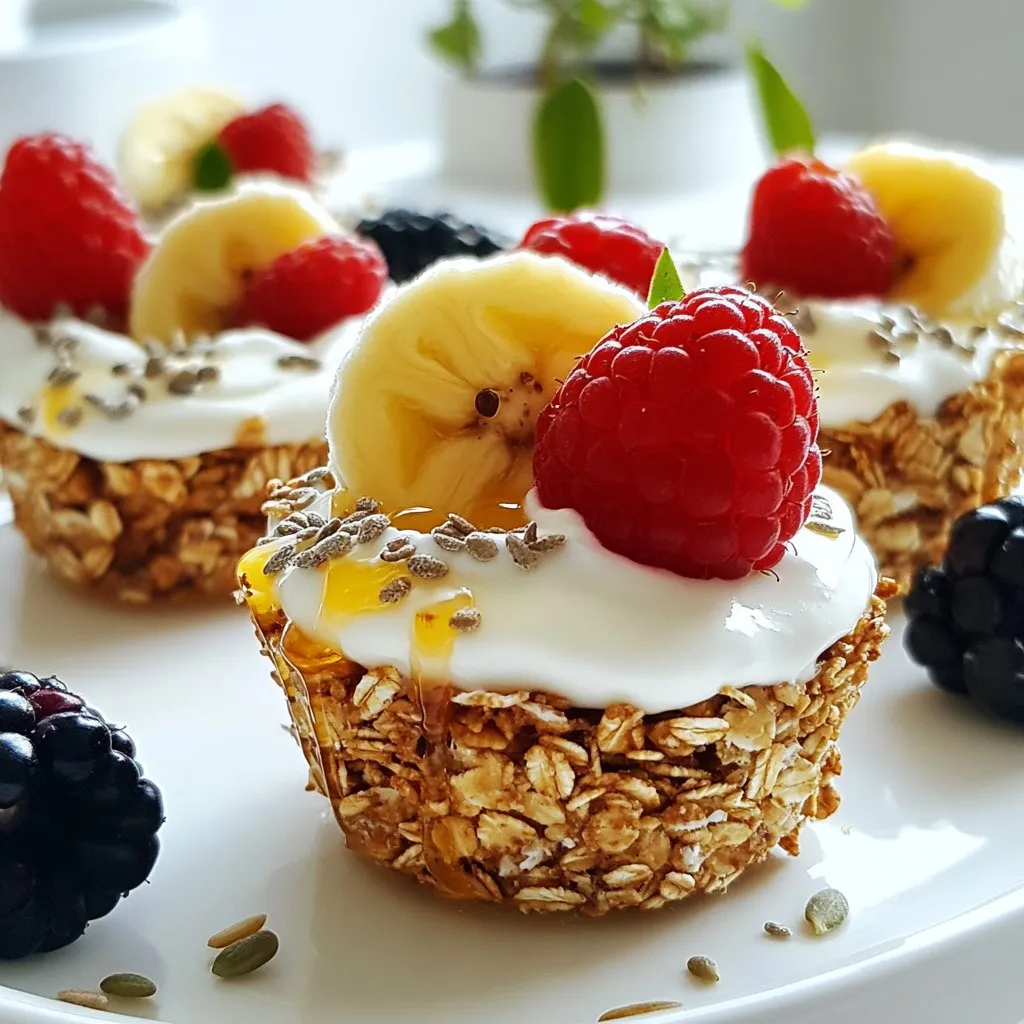 - 1 ½ cups rolled oats - ½ cup almond butter - ¼ cup honey or maple syrup - ½ cup mixed nuts (almonds, walnuts, pecans), chopped - ¼ cup seeds (pumpkin seeds, sunflower seeds) - ½ teaspoon vanilla extract - ¼ teaspoon cinnamon - ¼ teaspoon salt - ½ cup dried fruit (cranberries, raisins, or apricots), chopped These ingredients form the base of your breakfast granola cups. The rolled oats give them structure and crunch. Almond butter adds a creamy texture, while honey or maple syrup provides natural sweetness. Mixed nuts and seeds bring healthy fats and protein. Dried fruit adds a chewy bite, balancing the texture. - 1 cup Greek yogurt (for serving) - Fresh fruits (berries or banana slices) The optional toppings make your granola cups even better. Greek yogurt adds creaminess and protein, making it a perfect match. Fresh fruits like berries or banana slices offer extra flavor and nutrients. You can mix and match these toppings to suit your taste. - Muffin tin - Mixing bowls - Microwave-safe bowl - Measuring cups and spoons Having the right equipment makes the process easier. A muffin tin shapes your granola cups perfectly. Mixing bowls help you combine ingredients without mess. A microwave-safe bowl is essential for melting the almond butter and honey. Measuring cups and spoons ensure accuracy, leading to better results. {{ingredient_image_1}} - Preheat your oven to 350°F (175°C). - Line a muffin tin with paper liners or grease it with non-stick spray. - In a large bowl, combine 1 ½ cups rolled oats, ½ cup chopped mixed nuts, ¼ cup seeds, ¼ teaspoon cinnamon, and ¼ teaspoon salt. - Stir until everything is well mixed. - In a microwave-safe bowl, melt ½ cup almond butter and ¼ cup honey or maple syrup. - Microwave in 20-second bursts until it's smooth and easy to stir. - Add ½ teaspoon vanilla extract and mix well. - Pour the wet mixture over the dry ingredients. - Stir everything until the oats are evenly coated. - Fold in ½ cup chopped dried fruit. - Divide this mixture into the muffin tin cups. - Use the back of a spoon to pack it down firmly. - Place the muffin tin in the oven. Bake for 15 to 20 minutes, until the edges are golden brown. - Let the cups cool in the pan for about 10 minutes. - Gently remove them and cool completely on a wire rack. To make firm granola cups, pack the mixture tightly into the muffin tin. This step helps them hold their shape when baked. Press down with the back of a spoon firmly. If you want your cups to be crispier, adjust the baking time. Try baking for an extra 5 minutes for a crunchier texture. If you need an alternative for almond butter, consider using peanut butter or sunflower seed butter. Both options work well and add unique flavors. For a sweetener, you can swap honey for agave syrup or maple syrup. Each will give a different taste, so feel free to experiment! When serving, think about yogurt flavors. You can use plain Greek yogurt, vanilla, or even coconut yogurt. Top the cups with fresh fruits, like berries or banana slices. These add color and extra nutrients, making your breakfast both tasty and appealing. Pro Tips Use Fresh Ingredients: For the best flavor, use fresh nuts and dried fruits. This will enhance the overall taste and texture of your granola cups. Experiment with Flavors: Feel free to customize by adding different spices like nutmeg or even a pinch of ginger for a unique twist. Storage Tips: Store any leftovers in an airtight container at room temperature for up to a week to maintain their crunchiness. Make Ahead: Prepare the granola cups in advance and freeze them. Just reheat for a quick breakfast option throughout the week. {{image_2}} If you want a vegan option, swap almond butter for sunflower seed butter and use maple syrup instead of honey. This keeps your cups sweet and creamy without any animal products. For gluten-free adjustments, make sure to use certified gluten-free oats. This way, everyone can enjoy these tasty treats without worry. To spice things up, think about adding some nutmeg or pumpkin spice. These warm spices bring a cozy taste to your granola cups. You can also mix in chocolate chips or coconut flakes for a sweet twist. Both add great texture and flavor. Feel free to experiment and find your favorite combination! If you want to boost the protein in your granola cups, try adding a scoop of protein powder to the mix. This simple addition makes your breakfast even more filling. For toppings, consider using nuts or seeds for an extra crunch. They not only add protein but also give your cups a nice finish. Store your granola cups in an airtight container. This keeps them fresh and crunchy. You can place them in the fridge or at room temperature. If you store them in the fridge, they stay fresh longer. But room temperature is fine for a few days. You can freeze granola cups for later use. Place them in a single layer on a baking sheet. Once frozen, transfer them to an airtight bag. This method helps prevent sticking. For best results, thaw them overnight in the fridge. You can also heat them in the microwave for a quick snack. Granola cups stay fresh for about one week at room temperature. In the fridge, they last up to two weeks. Look for signs of spoilage, like a strange smell or mold. If you notice either, it’s best to discard them. Enjoy your tasty and healthy breakfast! To make these granola cups gluten-free, use certified gluten-free oats. You can also choose gluten-free nuts. This ensures your breakfast is safe for those with gluten allergies. Yes, you can make these granola cups nut-free. Instead of almond butter, use sunflower seed butter or pumpkin seed butter. These options work well and provide a similar texture. If you prefer not to use Greek yogurt, try dairy-free yogurt. Coconut yogurt or almond yogurt are great choices. They add creaminess without dairy. These granola cups last about one week when stored in an airtight container. Keep them at room temperature for best results. If you want them to last longer, refrigerate them. You can make these granola cups ahead of time with ease. Bake them, let them cool, and store them in an airtight container. When ready to eat, just fill them with yogurt and top with fruit. Enjoy! These granola cups are simple to make and great for breakfast or snacks. You learned about the key ingredients, like oats and nuts, and tips for perfecting the recipe. Remember to pack the mixture tightly for firmness and try various toppings to enhance flavor. With options for different diets and flavors, you can easily customize these cups. Store them right to keep them fresh. Enjoy your tasty treats and explore all the ways to make them your own!