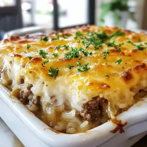 - 1 lb ground beef - 1 large onion, thinly sliced - 2 cups cooked rice The star of this dish is the ground beef. It gives the casserole a hearty base. The sliced onion adds sweetness and depth. The cooked rice binds everything together, making each bite filling. - 2 cups beef broth - 1 cup French onion dip - 1 cup shredded Swiss cheese Beef broth brings moisture and flavor. It helps the rice absorb all the tasty goodness. French onion dip adds creaminess and a rich onion flavor. The shredded Swiss cheese melts beautifully on top, creating a gooey layer. - 1 teaspoon garlic powder - 1 teaspoon thyme - Salt and pepper to taste Seasonings are key to a great casserole. Garlic powder gives it a nice aroma. Thyme adds a hint of earthiness. You can adjust salt and pepper based on your taste. {{ingredient_image_1}} First, we need to preheat the oven to 350&deg;F (175&deg;C). This step warms up the oven and gets it ready for baking. While it heats, let's saut&eacute; the onions. In a large skillet, heat 2 tablespoons of olive oil over medium heat. Add 1 large onion, thinly sliced. Saut&eacute; the onions for about 10-12 minutes until they turn golden brown and caramelized. Stir them often to keep them from burning. Now, let&rsquo;s cook the beef. Push the onions to one side of the skillet. Add 1 pound of ground beef to the empty side. Cook the beef until it's browned. Use a spoon to break it apart as it cooks. Once the beef is fully cooked, season it with 1 teaspoon of garlic powder, 1 teaspoon of thyme, and salt and pepper to taste. Mix the beef and onions together. In a large mixing bowl, combine the cooked rice, beef and onion mixture, 2 cups of beef broth, and 1 cup of French onion dip. Mix all the ingredients well until they are evenly combined. Next, pour this mixture into a greased 9x13 inch casserole dish. Spread it out evenly. Now, it&rsquo;s time to add the cheese. Sprinkle 1 cup of shredded Swiss cheese evenly over the top of the casserole. Cover the casserole with foil and bake it in the preheated oven for 25 minutes. After that, remove the foil and bake for another 10-15 minutes. You want the cheese to be bubbly and slightly golden. Once done, take it out and let it sit for about 5 minutes before serving. If you like, you can garnish it with fresh parsley for a nice touch. Caramelizing onions takes time and patience. Cook them over medium heat for about 10-12 minutes. Stir them often to avoid burning. They should turn a nice, golden brown. To store leftovers, let them cool first. Place them in an airtight container. They can last up to a week in the fridge. You can also freeze them for up to three months. Use ground chuck for the best flavor. It has a good balance of fat and meat. This helps keep the beef juicy and tasty. Season your beef well. Use garlic powder, thyme, salt, and pepper. These spices really bring out the beef's flavor. Mix them in while the meat cooks for the best taste. Swiss cheese is perfect for this dish, but you can try others too. Provolone or mozzarella can add a nice twist. To achieve that bubbly cheese, cover the casserole with foil for the first 25 minutes. Remove the foil for the last 10-15 minutes. This allows the cheese to melt and brown nicely. Pro Tips Caramelizing Onions: Take your time with the onions; the longer they cook, the sweeter and more flavorful they become. Aim for a deep golden brown color for the best results. Choosing Rice: Both white and brown rice work well, but brown rice adds a nuttier flavor and more fiber. Adjust the cooking time accordingly if using brown rice. Layering Cheese: For an extra cheesy crust, consider mixing a bit of Parmesan cheese with the Swiss cheese before sprinkling it on top. Resting Time: Let the casserole sit for a few minutes after baking; this helps it set and makes serving easier. {{image_2}} You can easily make this dish for vegetarians. First, substitute beef with plant-based proteins, like lentils or tofu. They absorb flavors well and offer good texture. Next, use vegetarian broth instead of beef broth. It keeps the dish rich without meat. Want to boost the taste? Try adding mushrooms or bell peppers. They add a great depth and sweetness. You can also sprinkle in some spices for heat. A pinch of cayenne or crushed red pepper works wonders. Cheese lovers can explore different options. Provolone, mozzarella, or gouda can replace Swiss cheese. Each brings a unique flavor that changes the dish. Mixing cheeses can also create a fun flavor combo. Try blending mozzarella and gouda for a creamy, rich topping. To keep your French Onion Beef Rice Casserole fresh, store it in an airtight container. This helps prevent moisture loss and keeps flavors intact. Make sure to let it cool before sealing. In the fridge, it lasts about 3 to 4 days. If you want to enjoy it later, freezing is a great option. For freezing, place the casserole in a freezer-safe container. You can also wrap it tightly with plastic wrap and aluminum foil. This extra layer protects against freezer burn. It can stay good for up to 3 months. When you&rsquo;re ready to eat, thaw it overnight in the fridge. Reheat it in the oven at 350&deg;F (175&deg;C) until hot, about 20-30 minutes. Enjoy the warm, cheesy goodness just like when it was fresh! Yes, you can make this casserole ahead of time. Prepare it up to the point of baking. Cover it well and store it in the fridge for up to two days. When ready to bake, just add a few extra minutes to the cooking time. This makes meal prep easy. You can enjoy a warm, hearty meal any day of the week. Absolutely! Brown rice adds more fiber and nutrients. It has a nuttier taste, which many enjoy. If you switch to brown rice, increase the cooking time for the rice before mixing it in. This will ensure everything cooks evenly in the casserole. This dish pairs well with simple sides. A fresh green salad with a light vinaigrette complements the casserole&rsquo;s rich flavors. You can also serve steamed vegetables for a colorful plate. If you like bread, try garlic bread or a crusty baguette. These sides add texture and balance to the meal. This blog post covered how to make a delicious French Onion Beef Rice Casserole. We explored the key ingredients, from ground beef to Swiss cheese, and shared step-by-step instructions for preparing, cooking, and baking. I also provided tips for perfecting flavors and variations for different diets. Finally, we discussed storage methods for leftovers. Enjoy your flavorful casserole and make it your own with the tips provided! This dish brings warmth and comfort to any meal.