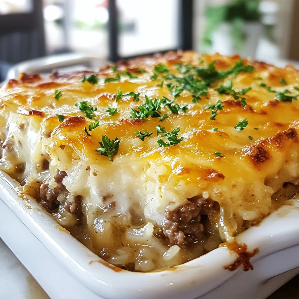 - 1 lb ground beef - 1 large onion, thinly sliced - 2 cups cooked rice The star of this dish is the ground beef. It gives the casserole a hearty base. The sliced onion adds sweetness and depth. The cooked rice binds everything together, making each bite filling. - 2 cups beef broth - 1 cup French onion dip - 1 cup shredded Swiss cheese Beef broth brings moisture and flavor. It helps the rice absorb all the tasty goodness. French onion dip adds creaminess and a rich onion flavor. The shredded Swiss cheese melts beautifully on top, creating a gooey layer. - 1 teaspoon garlic powder - 1 teaspoon thyme - Salt and pepper to taste Seasonings are key to a great casserole. Garlic powder gives it a nice aroma. Thyme adds a hint of earthiness. You can adjust salt and pepper based on your taste. {{ingredient_image_1}} First, we need to preheat the oven to 350°F (175°C). This step warms up the oven and gets it ready for baking. While it heats, let's sauté the onions. In a large skillet, heat 2 tablespoons of olive oil over medium heat. Add 1 large onion, thinly sliced. Sauté the onions for about 10-12 minutes until they turn golden brown and caramelized. Stir them often to keep them from burning. Now, let’s cook the beef. Push the onions to one side of the skillet. Add 1 pound of ground beef to the empty side. Cook the beef until it's browned. Use a spoon to break it apart as it cooks. Once the beef is fully cooked, season it with 1 teaspoon of garlic powder, 1 teaspoon of thyme, and salt and pepper to taste. Mix the beef and onions together. In a large mixing bowl, combine the cooked rice, beef and onion mixture, 2 cups of beef broth, and 1 cup of French onion dip. Mix all the ingredients well until they are evenly combined. Next, pour this mixture into a greased 9x13 inch casserole dish. Spread it out evenly. Now, it’s time to add the cheese. Sprinkle 1 cup of shredded Swiss cheese evenly over the top of the casserole. Cover the casserole with foil and bake it in the preheated oven for 25 minutes. After that, remove the foil and bake for another 10-15 minutes. You want the cheese to be bubbly and slightly golden. Once done, take it out and let it sit for about 5 minutes before serving. If you like, you can garnish it with fresh parsley for a nice touch. Caramelizing onions takes time and patience. Cook them over medium heat for about 10-12 minutes. Stir them often to avoid burning. They should turn a nice, golden brown. To store leftovers, let them cool first. Place them in an airtight container. They can last up to a week in the fridge. You can also freeze them for up to three months. Use ground chuck for the best flavor. It has a good balance of fat and meat. This helps keep the beef juicy and tasty. Season your beef well. Use garlic powder, thyme, salt, and pepper. These spices really bring out the beef's flavor. Mix them in while the meat cooks for the best taste. Swiss cheese is perfect for this dish, but you can try others too. Provolone or mozzarella can add a nice twist. To achieve that bubbly cheese, cover the casserole with foil for the first 25 minutes. Remove the foil for the last 10-15 minutes. This allows the cheese to melt and brown nicely. Pro Tips Caramelizing Onions: Take your time with the onions; the longer they cook, the sweeter and more flavorful they become. Aim for a deep golden brown color for the best results. Choosing Rice: Both white and brown rice work well, but brown rice adds a nuttier flavor and more fiber. Adjust the cooking time accordingly if using brown rice. Layering Cheese: For an extra cheesy crust, consider mixing a bit of Parmesan cheese with the Swiss cheese before sprinkling it on top. Resting Time: Let the casserole sit for a few minutes after baking; this helps it set and makes serving easier. {{image_2}} You can easily make this dish for vegetarians. First, substitute beef with plant-based proteins, like lentils or tofu. They absorb flavors well and offer good texture. Next, use vegetarian broth instead of beef broth. It keeps the dish rich without meat. Want to boost the taste? Try adding mushrooms or bell peppers. They add a great depth and sweetness. You can also sprinkle in some spices for heat. A pinch of cayenne or crushed red pepper works wonders. Cheese lovers can explore different options. Provolone, mozzarella, or gouda can replace Swiss cheese. Each brings a unique flavor that changes the dish. Mixing cheeses can also create a fun flavor combo. Try blending mozzarella and gouda for a creamy, rich topping. To keep your French Onion Beef Rice Casserole fresh, store it in an airtight container. This helps prevent moisture loss and keeps flavors intact. Make sure to let it cool before sealing. In the fridge, it lasts about 3 to 4 days. If you want to enjoy it later, freezing is a great option. For freezing, place the casserole in a freezer-safe container. You can also wrap it tightly with plastic wrap and aluminum foil. This extra layer protects against freezer burn. It can stay good for up to 3 months. When you’re ready to eat, thaw it overnight in the fridge. Reheat it in the oven at 350°F (175°C) until hot, about 20-30 minutes. Enjoy the warm, cheesy goodness just like when it was fresh! Yes, you can make this casserole ahead of time. Prepare it up to the point of baking. Cover it well and store it in the fridge for up to two days. When ready to bake, just add a few extra minutes to the cooking time. This makes meal prep easy. You can enjoy a warm, hearty meal any day of the week. Absolutely! Brown rice adds more fiber and nutrients. It has a nuttier taste, which many enjoy. If you switch to brown rice, increase the cooking time for the rice before mixing it in. This will ensure everything cooks evenly in the casserole. This dish pairs well with simple sides. A fresh green salad with a light vinaigrette complements the casserole’s rich flavors. You can also serve steamed vegetables for a colorful plate. If you like bread, try garlic bread or a crusty baguette. These sides add texture and balance to the meal. This blog post covered how to make a delicious French Onion Beef Rice Casserole. We explored the key ingredients, from ground beef to Swiss cheese, and shared step-by-step instructions for preparing, cooking, and baking. I also provided tips for perfecting flavors and variations for different diets. Finally, we discussed storage methods for leftovers. Enjoy your flavorful casserole and make it your own with the tips provided! This dish brings warmth and comfort to any meal.