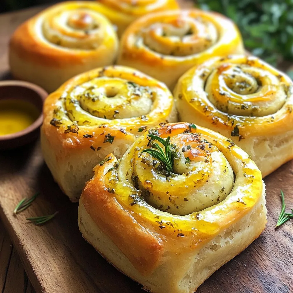 To make delicious Herb and Garlic Swirl Rolls, you need the right ingredients. Here’s what you’ll need: - 4 cups all-purpose flour - 1 packet (2 ¼ teaspoons) instant yeast - 1 tablespoon granulated sugar - 1 teaspoon fine sea salt - 1 cup warm water (about 110°F) - ¼ cup extra virgin olive oil - 4 cloves garlic, finely minced - 2 tablespoons fresh parsley, finely chopped - 2 tablespoons fresh rosemary, finely chopped - 1 tablespoon fresh thyme, finely chopped - ½ cup unsalted butter, softened to room temperature - 1 teaspoon garlic powder - Freshly cracked black pepper, to taste These ingredients create a soft and flavorful roll. The fresh herbs add a burst of taste. Garlic gives a warm aroma that fills your kitchen. The butter makes the filling creamy. Using extra virgin olive oil boosts flavor and health. When you gather these items, feel free to adjust based on your taste. If you like more garlic, add an extra clove. You can mix in other herbs too. This recipe is flexible and fun to make! Activate the Yeast Start by mixing warm water, sugar, and instant yeast in a bowl. Wait five minutes until it bubbles. This shows the yeast is alive and ready. Combine Wet and Dry Ingredients Add olive oil and salt to the yeast mix. Slowly mix in the flour. Stir until a rough dough forms. Kneading the Dough Transfer the dough to a floured surface. Knead the dough for eight to ten minutes. You want it smooth and elastic. This helps the rolls rise well. First Rise Instructions Place the kneaded dough in a greased bowl. Cover it with a clean towel. Let it rise in a warm spot for about one hour. The dough should double in size. Mixing the Ingredients for the Filling In a bowl, blend softened butter, minced garlic, parsley, rosemary, thyme, garlic powder, and black pepper. Mix until it’s creamy and well combined. This filling is key for flavor. Tips for Achieving Creamy Texture Ensure your butter is at room temperature. This helps mix well with herbs and garlic. It will spread easily on the dough. Rolling Out the Dough After the dough has risen, punch it down gently. Roll it out on a floured surface into a rectangle. Aim for about 1/4 inch thickness. Spreading the Filling Evenly Spread the herb filling on the dough. Cover all edges to make sure every bite is tasty. This is where the magic begins! Cutting the Rolls Starting from one long side, roll the dough tightly into a log. Pinch the seam and ends to seal. Use a sharp knife to cut the log into about 12 equal sections. Second Rise Instructions Place the cut rolls in a greased baking dish with cut sides up. Cover them again with a towel. Allow them to rise for 30 to 40 minutes. They should puff up nicely. Baking Instructions and Temperature Preheat your oven to 375°F (190°C). Bake the rolls for 20 to 25 minutes. They should turn golden brown on top. Let them cool slightly on a wire rack before serving warm. Ensuring Proper Dough Consistency The dough should feel soft yet hold its shape. If it's too sticky, add a bit more flour. If it feels dry, add a splash of warm water. Your goal is a smooth, elastic dough that springs back when poked. Kneading Techniques Kneading is key! Use the heel of your hand to push the dough away. Fold it back, give it a turn, and repeat. Knead for about 8-10 minutes. This helps develop gluten, giving your rolls that perfect chewy texture. Additional Herbs and Seasonings Get creative! You can add herbs like basil or dill for a twist. A pinch of red pepper flakes can give your rolls a nice kick. Each herb adds a layer of flavor that makes every bite special. Pairing Suggestions for Extra Flavor Try pairing these rolls with a rich olive oil dip or a herb-infused butter. A side of marinara also works well. These dips complement the garlic and herbs, making your snack even more delicious. Serving Suggestions and Garnishing Serve the rolls warm on a rustic wooden board. Scatter some fresh herbs on top for color. You can even add a few garlic cloves roasted until soft for a charming touch. Creating an Inviting Serving Setup Add a small bowl of extra virgin olive oil for dipping. This not only looks nice but also invites guests to dig in. A few slices of cheese or olives on the side can make your setup even more appealing. {{image_4}} Gluten-Free Options If you need gluten-free rolls, you can use gluten-free all-purpose flour. Make sure it has xanthan gum. This helps the dough hold together. Follow the same steps in the recipe. The rolls may have a different texture but will still taste great. Vegan Alternatives To make these rolls vegan, replace butter with a plant-based spread. Use a non-dairy milk instead of the warm water. You can also skip the egg if you see it in other recipes. This keeps the rolls soft and tasty without any animal products. Cheese-Stuffed Swirl Rolls Add a cheesy twist by mixing shredded cheese into the filling. Use mozzarella or cheddar for a gooey texture. Spread the cheese along with the garlic herb filling before rolling. This extra step gives you a rich and savory flavor. Sun-Dried Tomato Additions For a Mediterranean vibe, chop sun-dried tomatoes and mix them into the herb filling. They add a sweet and tangy taste to the rolls. Spread them evenly with the garlic mix. This can elevate the flavor and make them even more delicious. Using Seasonal Herbs In spring, use fresh basil or dill. In fall, try sage or oregano. These seasonal herbs add unique flavors to the rolls. Simply replace the parsley, rosemary, or thyme in the filling. This keeps your rolls fresh and exciting all year. Holiday-Themed Twists During the holidays, you can add festive spices like nutmeg or cinnamon. These spices can blend well with the garlic and herbs. They give a warm and cozy feeling. You can shape the rolls into festive forms, like wreaths, for special occasions. - Best Practices for Refrigeration To keep your herb and garlic swirl rolls fresh, wrap them in plastic wrap. Place them in an airtight container. This method helps retain moisture while keeping them flavorful. Store the rolls in the fridge for up to 3 days. - Freezing Instructions for Long-Term Storage For longer storage, freeze the rolls. First, let them cool completely. Then, wrap each roll tightly in plastic wrap. Place the wrapped rolls in a freezer-safe bag or container. They will last for about 2 months in the freezer. To enjoy later, thaw them in the fridge overnight before reheating. - Optimal Methods to Restore Freshness To reheat the rolls, preheat your oven to 350°F (175°C). Unwrap the rolls and place them on a baking sheet. Bake for about 10-15 minutes. This restores their warm, soft texture. You can also microwave a single roll for 15-20 seconds, but the oven method keeps them crispier. - Tips for Maintaining Flavor and Texture To keep the flavor strong, brush the rolls with a bit of olive oil or melted butter before reheating. This adds richness and enhances the taste. Serve them warm for the best experience. You know the dough has risen enough when it doubles in size. After one hour, check the dough. It should feel puffy and airy when you touch it. If it springs back slowly, it is ready to use. Yes, you can use active dry yeast. Just remember to activate it first. Mix it with warm water and sugar. Let it sit for about 5-10 minutes until frothy. Then, mix it into your dough as you would with instant yeast. These rolls pair well with many dishes. Serve them with a bowl of extra virgin olive oil for dipping. They also go great with soups, salads, or as a side for pasta. Try them with your favorite herb butter for extra flavor. Herb and garlic swirl rolls stay fresh for about two days at room temperature. Store them in a paper bag to keep them soft. For longer storage, freeze the rolls in an airtight container for up to three months. Yes, you can make the dough in advance. After kneading, let it rise for the first time. Then, punch it down and wrap it tightly. Place it in the fridge for up to 24 hours. When ready, let it come to room temperature before rolling out. You now have everything you need to make delicious herb and garlic swirl rolls. We covered the key ingredients, step-by-step instructions, and tips for perfecting the rolls. You learned about variations and how to store and reheat them. Try these rolls for your next meal or gathering. They will impress everyone with their taste and texture. So, grab your ingredients and start baking. Enjoy the process and the wonderful aroma that fills your kitchen!