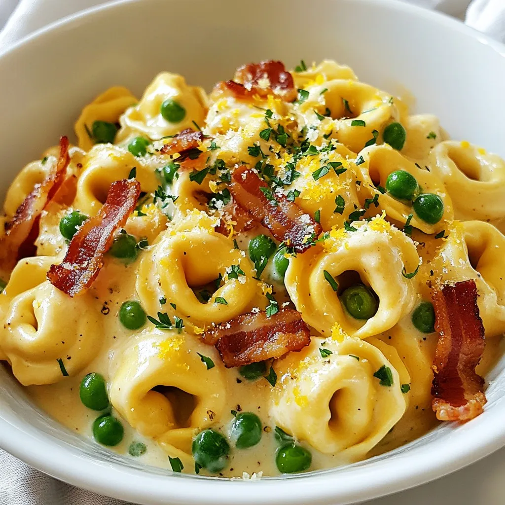 To make the best Minute Tortellini Carbonara, you will need: - 15 oz package of refrigerated tortellini (cheese or spinach-filled) - 2 large eggs - 1 cup grated Parmesan cheese - 5 strips of turkey bacon or plant-based bacon, chopped - 2 cloves garlic, minced - 1 cup frozen peas (thawed) - Salt and pepper to taste - Zest of 1 lemon These ingredients create a rich and creamy dish. The tortellini is the star. Use your favorite filling for the best flavor. You can enhance the carbonara with these optional ingredients: - Fresh herbs, like basil or thyme - Red pepper flakes for heat - A splash of white wine for depth These ingredients add layers to the dish. They can make your meal unique and tasty. To make your dish look great, consider these garnishes: - Fresh parsley, chopped - Extra grated Parmesan cheese - Lemon wedges on the side Garnishes not only boost presentation but also add fresh flavors. A little color goes a long way in making your meal inviting. {{ingredient_image_1}} To start, fill a large pot with water. Add a good amount of salt to it. Bring the water to a boil. Once boiling, add the tortellini. Cook the tortellini according to the package directions, usually about 3 to 5 minutes. They should be al dente, soft but still firm. Save 1 cup of the pasta water for later. Drain the tortellini and set them aside. While the tortellini cooks, grab a large skillet. Set it over medium heat. Add the chopped turkey bacon to the skillet. Cook it until crispy, which takes about 5 to 7 minutes. The bacon adds a nice flavor and crunch. Once it’s crispy, add the minced garlic. Stir it for about 30 seconds to release its aroma. Next, add the thawed peas and cook for another 2 minutes. This will bring a touch of sweetness to the dish. In a medium bowl, whisk together the eggs and grated Parmesan cheese. Mix them until they are well blended. Slowly add a few tablespoons of the warm pasta water to the egg mixture. This step helps to temper the eggs, making them creamy. Stir continuously to avoid scrambling. Now, add the drained tortellini to the skillet with the bacon and garlic. Remove the skillet from heat. Quickly pour the egg and cheese mixture over the tortellini. Toss everything gently to coat the pasta. The heat from the tortellini will cook the eggs and create a creamy sauce. If the sauce seems too thick, add more reserved pasta water until you reach the right consistency. Season with salt, pepper, and lemon zest for bright flavor. Toss again until all is well mixed. To avoid scrambled eggs in your carbonara, you must temper the eggs. After whisking the eggs and Parmesan cheese, slowly add hot pasta water. This warms the eggs without cooking them too fast. Stir constantly while adding the water. This step keeps the eggs creamy and smooth. The heat from the pasta will finish cooking them gently. For the best creamy texture, use plenty of reserved pasta water. This starchy water helps bind the sauce. Start with a few tablespoons, then add more as needed. Toss the tortellini gently to coat them evenly. If the sauce seems too thick, add more pasta water. The goal is a silky and rich sauce that clings to the tortellini. You can swap ingredients easily if you don't have them. Use bacon bits or pancetta instead of turkey bacon. For a vegetarian option, skip the meat and add sautéed mushrooms. Frozen peas can be replaced with chopped spinach or broccoli. If you're out of Parmesan, try Pecorino Romano for a sharper taste. These quick swaps keep the dish tasty and exciting. Pro Tips Use Fresh Ingredients: Always opt for fresh eggs and high-quality Parmesan cheese for the best flavor and creaminess in your carbonara. Control the Heat: Remove the skillet from heat before adding the egg mixture to prevent scrambling; the residual heat will cook the eggs just enough. Save Some Pasta Water: Reserve more pasta water than you think you’ll need; it’s key to adjusting the sauce's consistency to your liking. Experiment with Add-Ins: Feel free to add sautéed mushrooms, spinach, or sun-dried tomatoes for extra flavor and nutrition. {{image_2}} You can easily make a vegetarian version of tortellini carbonara. Instead of turkey bacon, use plant-based bacon. It gives the same smoky flavor without meat. You can also add mushrooms for a meaty texture. They add umami and pair well with cheese-filled tortellini. Don't forget to use vegetable broth instead of water when cooking the pasta for extra flavor. You can switch up the meat in this dish. Instead of turkey bacon, try pancetta or prosciutto. Both add rich, savory notes. If you prefer chicken, shredded rotisserie chicken works great too. Just add it after cooking the garlic and peas. This lets the chicken soak up the flavors. Adding veggies boosts the nutrition of your tortellini carbonara. Spinach is a great choice; it wilts nicely. You could also toss in some diced zucchini or bell peppers. These will add color and crunch. For a protein boost, consider adding chickpeas. They blend well with the creamy sauce and add fiber. Enjoy experimenting with flavors and textures! To keep your tortellini carbonara fresh, place it in an airtight container. Make sure it cools down before sealing. This helps prevent moisture buildup. Store it in the fridge for up to three days. If you plan to eat it later, label the container with the date. When reheating, use a skillet for best results. Add a splash of water or broth to keep it moist. Heat on low, stirring gently until warmed through. This way, the sauce stays creamy and luscious. Avoid using a microwave, as it can make the pasta tough. You can freeze tortellini carbonara, but note that the texture may change. First, let it cool completely. Then, portion it into freezer-safe bags or containers. Remove as much air as possible. It can last in the freezer for up to three months. When ready to eat, thaw overnight in the fridge. Reheat gently as mentioned before. Yes, you can use frozen tortellini. Just cook it a bit longer, about 5-7 minutes. Check the package for exact times. Frozen tortellini works well and tastes great in this recipe. It saves time if you have it on hand. Yes, you can make this recipe dairy-free. Replace the Parmesan cheese with a dairy-free alternative. Use plant-based cream to add creaminess. You can also skip the cheese altogether for a lighter dish. Just remember to adjust the seasoning to keep the flavor strong. To serve more people, simply double the ingredients. Use two packages of tortellini and adjust the eggs and cheese too. If you want to increase flavor, add more garlic and bacon. Make sure to have a big enough pot and skillet for cooking. Making Minute Tortellini Carbonara is simple and quick. We explored the main ingredients and optional flavors. You learned how to cook and mix each part for a creamy dish. I shared tips to avoid scrambled eggs and ways to keep it creamy. We covered fun variations for vegetarians and added nutrition. Lastly, I provided storage and reheating advice to enjoy leftovers. With this knowledge, you can create a tasty, customized meal that pleases everyone. Happy cooking!