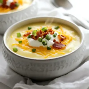 To make a rich and creamy loaded baked potato soup, gather these main ingredients: - 4 large russet potatoes, peeled and diced - 1 medium onion, finely chopped - 3 cloves garlic, minced - 4 cups vegetable broth - 1 cup heavy cream - 1 cup cheddar cheese, shredded (plus extra for garnish) - 1/2 cup sour cream - 4 slices of cooked turkey bacon, crumbled (optional for a lighter option) - 1/4 cup green onions, chopped - Salt and pepper to taste - 2 tablespoons butter - 1 teaspoon smoked paprika These ingredients combine to create a hearty and comforting soup. The russet potatoes give the soup its creamy base, while the garlic and onion add depth of flavor. To make your soup extra special, add some of these toppings: - Extra shredded cheddar cheese - Crumbled turkey bacon - Chopped green onions - A dollop of sour cream - A sprinkle of smoked paprika These toppings not only enhance the flavor but also add visual appeal. You can mix and match based on your tastes. If you're missing some ingredients or want to make swaps, consider these options: - Use chicken broth instead of vegetable broth for a richer flavor. - Substitute heavy cream with half-and-half for a lighter soup. - Try using a different cheese, like gouda or pepper jack, for a unique twist. - For a vegetarian option, skip the turkey bacon or use a meat alternative. These substitutions can help you tailor the soup to your dietary needs or what you have on hand. Don't be afraid to experiment! {{ingredient_image_1}} To start, gather your ingredients. You need russet potatoes, onion, garlic, vegetable broth, and more. Begin by melting two tablespoons of butter in a large pot over medium heat. Add the finely chopped onion and minced garlic. Saut&eacute; these until the onions become soft and clear, about five minutes. This step builds a rich flavor base. Next, stir in the diced potatoes and pour in the vegetable broth. Bring this mixture to a boil. After boiling, lower the heat and let it simmer. Cook until the potatoes are soft, which takes around 15 to 20 minutes. You can check their doneness with a fork. Once the potatoes cook, it&rsquo;s time to blend. Use an immersion blender to mix the soup until it&rsquo;s smooth. If you like some texture, blend only half of the soup. This way, you keep some potato chunks. Then, stir in the heavy cream, shredded cheddar cheese, sour cream, and smoked paprika. Let the soup simmer on low heat for another five to ten minutes. Stir often, so the cheese melts nicely into the soup. If you want some extra flavor, add crumbled turkey bacon now. Finally, season with salt and pepper to your taste. Serve your hot soup garnished with chopped green onions and extra cheese. Using an immersion blender is easy and fun. Here are some tips to get the best results: - Keep it submerged: Make sure the blender is fully under the soup to avoid splatters. - Blend in batches: If your pot is small, blend in two parts. This helps prevent overflow. - Control the texture: Move the blender up and down for a smooth blend or keep it still for chunks. To make your soup perfectly creamy, follow these tips: - Use heavy cream: This adds richness and smoothness. - Blend thoroughly: A good blend ensures creamy consistency. - Add cheese slowly: Stir in cheese gradually for a smoother feel. - Adjust with broth: If your soup is too thick, add more vegetable broth until it&rsquo;s just right. This soup is not only rich and creamy but also filled with flavors. Enjoy every spoonful! To boost the flavor of your loaded baked potato soup, use quality ingredients. Fresh russet potatoes give the best texture. For depth, add smoked paprika. It gives a rich, warm flavor to your soup. If you want more savory notes, consider adding some garlic powder or onion powder. These enhance the natural taste of potatoes. Also, try using homemade vegetable broth for a fresher taste. Avoid overcooking your potatoes. If they are too mushy, the soup will lack texture. When blending, do not blend all the soup if you like some chunks. This keeps the fun texture. Also, watch the salt. Taste as you go. Adding too much can ruin your soup. Lastly, do not skip the garnishes. They add color and flavor to your dish. Pair this soup with a fresh salad for a nice contrast. A simple green salad with lemon vinaigrette works well. If you want bread, go for crusty sourdough. It&rsquo;s perfect for dipping. For a heartier meal, serve with grilled cheese sandwiches. This combo makes a cozy, filling dinner. Enjoy the soup with a glass of white wine for a touch of elegance. Pro Tips Use Fresh Ingredients: For the best flavor, use fresh russet potatoes and high-quality cheese. Fresh ingredients enhance the overall taste of the soup. Adjust the Consistency: If you prefer a thinner soup, gradually add more vegetable broth until you reach your desired consistency. For a thicker soup, blend less or add more potatoes. Enhance the Flavor: Consider adding herbs like thyme or rosemary for an extra layer of flavor. A dash of hot sauce can also spice things up! Make it Ahead: This soup stores well in the fridge for up to 3 days. Reheat gently on the stove, adding a splash of cream or broth to restore creaminess if needed. {{image_2}} You can swap heavy cream for half-and-half or coconut milk. This change cuts fat but keeps creaminess. For cheese, try using low-fat cheddar or nutritional yeast for a lighter taste. These swaps make the soup rich without the extra calories. To make this soup vegetarian, use vegetable broth instead of chicken broth. For a vegan version, replace heavy cream with cashew cream or almond milk. You can also skip the cheese or use a dairy-free cheese alternative. This keeps the flavors while making it plant-based. Get creative with your soup! Add different spices like chili powder or curry for a kick. You can also mix in roasted garlic for a deeper flavor. Try adding toppings like jalape&ntilde;os or avocado for a fresh twist. These changes make the soup fun and unique each time! To keep your loaded baked potato soup fresh, let it cool first. Pour the soup into an airtight container. Seal it tightly to keep out air. Store it in the fridge for up to three days. If you want to keep it longer, freezing is a great option. When you're ready to enjoy your soup, reheat it on the stove. Pour the soup into a pot over low heat. Stir it often to prevent sticking. You can also add a splash of broth or cream to bring back the creaminess. If you're in a hurry, use the microwave. Heat it in short bursts, stirring in between. For long-term storage, freeze the soup in portions. Use freezer-safe bags or containers. Leave some space at the top to allow for expansion. When you're ready to eat, thaw it overnight in the fridge. Reheat on the stove or in the microwave for a quick meal. To make your Loaded Baked Potato Soup thicker, you can add more potatoes. Cooked potatoes break down nicely when blended. You can also mix in a slurry of cornstarch and water. Just stir in this mixture while the soup simmers. Another way is to reduce the soup by simmering it longer. This helps evaporate some water, thickening the soup. Yes, you can use sweet potatoes instead of russet potatoes. Sweet potatoes add a different flavor and a nice sweetness. The texture will also be creamier. Just remember to adjust the cooking time. Sweet potatoes may cook faster, so keep an eye on them. If you want to substitute heavy cream, try using half-and-half or whole milk. Coconut cream is another great choice, adding a unique flavor. For a lighter option, use unsweetened almond milk or oat milk. Each substitute will change the taste a bit, but they all work well in this soup. In this post, we explored the best ingredients for loaded baked potato soup, including key options and toppings. We outlined a detailed cooking process, shared tips for using an immersion blender, and discussed how to achieve that creamy texture. I also provided helpful tricks to enhance flavor, avoid common mistakes, and suggested great pairings. We talked about variations for health needs and how to store leftovers. With these insights, you can create a delicious, versatile soup that everyone will love. Enjoy making your perfect bowl!