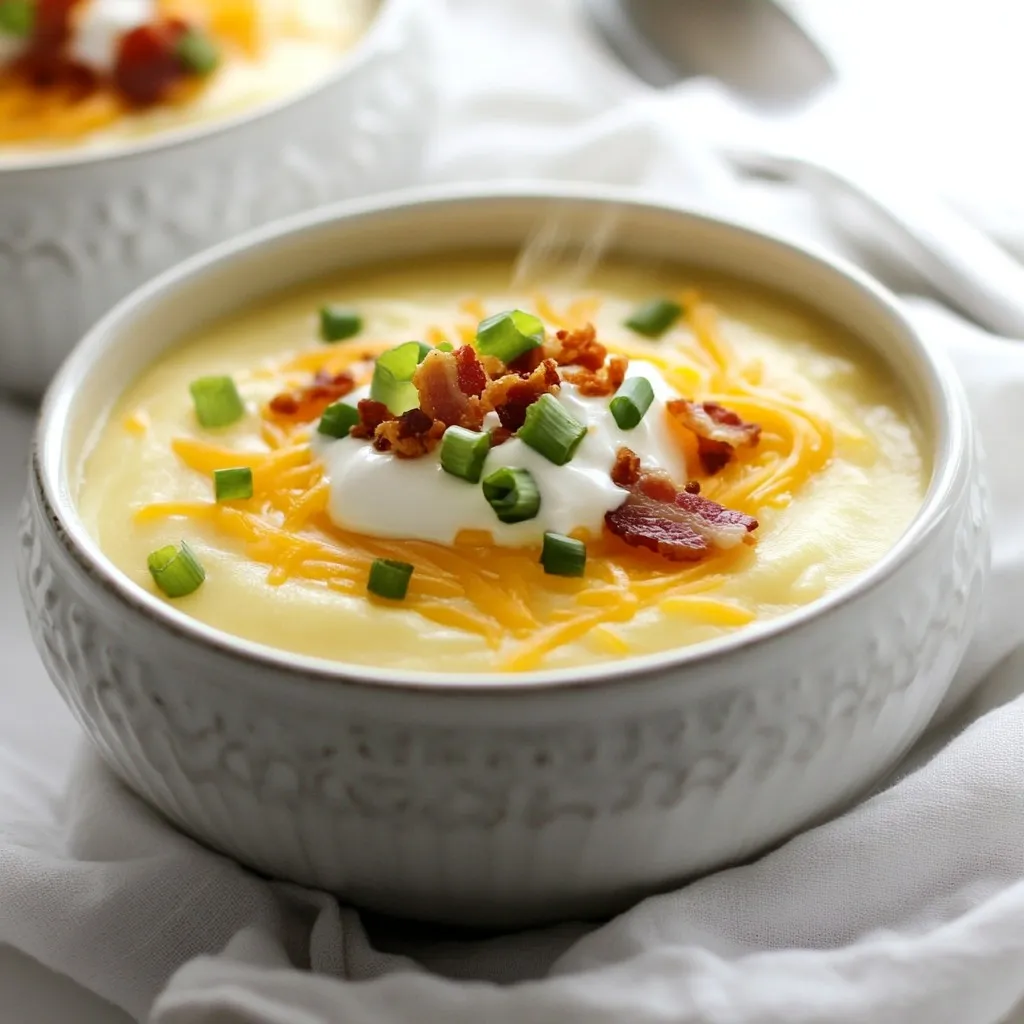 To make a rich and creamy loaded baked potato soup, gather these main ingredients: - 4 large russet potatoes, peeled and diced - 1 medium onion, finely chopped - 3 cloves garlic, minced - 4 cups vegetable broth - 1 cup heavy cream - 1 cup cheddar cheese, shredded (plus extra for garnish) - 1/2 cup sour cream - 4 slices of cooked turkey bacon, crumbled (optional for a lighter option) - 1/4 cup green onions, chopped - Salt and pepper to taste - 2 tablespoons butter - 1 teaspoon smoked paprika These ingredients combine to create a hearty and comforting soup. The russet potatoes give the soup its creamy base, while the garlic and onion add depth of flavor. To make your soup extra special, add some of these toppings: - Extra shredded cheddar cheese - Crumbled turkey bacon - Chopped green onions - A dollop of sour cream - A sprinkle of smoked paprika These toppings not only enhance the flavor but also add visual appeal. You can mix and match based on your tastes. If you're missing some ingredients or want to make swaps, consider these options: - Use chicken broth instead of vegetable broth for a richer flavor. - Substitute heavy cream with half-and-half for a lighter soup. - Try using a different cheese, like gouda or pepper jack, for a unique twist. - For a vegetarian option, skip the turkey bacon or use a meat alternative. These substitutions can help you tailor the soup to your dietary needs or what you have on hand. Don't be afraid to experiment! {{ingredient_image_1}} To start, gather your ingredients. You need russet potatoes, onion, garlic, vegetable broth, and more. Begin by melting two tablespoons of butter in a large pot over medium heat. Add the finely chopped onion and minced garlic. Sauté these until the onions become soft and clear, about five minutes. This step builds a rich flavor base. Next, stir in the diced potatoes and pour in the vegetable broth. Bring this mixture to a boil. After boiling, lower the heat and let it simmer. Cook until the potatoes are soft, which takes around 15 to 20 minutes. You can check their doneness with a fork. Once the potatoes cook, it’s time to blend. Use an immersion blender to mix the soup until it’s smooth. If you like some texture, blend only half of the soup. This way, you keep some potato chunks. Then, stir in the heavy cream, shredded cheddar cheese, sour cream, and smoked paprika. Let the soup simmer on low heat for another five to ten minutes. Stir often, so the cheese melts nicely into the soup. If you want some extra flavor, add crumbled turkey bacon now. Finally, season with salt and pepper to your taste. Serve your hot soup garnished with chopped green onions and extra cheese. Using an immersion blender is easy and fun. Here are some tips to get the best results: - Keep it submerged: Make sure the blender is fully under the soup to avoid splatters. - Blend in batches: If your pot is small, blend in two parts. This helps prevent overflow. - Control the texture: Move the blender up and down for a smooth blend or keep it still for chunks. To make your soup perfectly creamy, follow these tips: - Use heavy cream: This adds richness and smoothness. - Blend thoroughly: A good blend ensures creamy consistency. - Add cheese slowly: Stir in cheese gradually for a smoother feel. - Adjust with broth: If your soup is too thick, add more vegetable broth until it’s just right. This soup is not only rich and creamy but also filled with flavors. Enjoy every spoonful! To boost the flavor of your loaded baked potato soup, use quality ingredients. Fresh russet potatoes give the best texture. For depth, add smoked paprika. It gives a rich, warm flavor to your soup. If you want more savory notes, consider adding some garlic powder or onion powder. These enhance the natural taste of potatoes. Also, try using homemade vegetable broth for a fresher taste. Avoid overcooking your potatoes. If they are too mushy, the soup will lack texture. When blending, do not blend all the soup if you like some chunks. This keeps the fun texture. Also, watch the salt. Taste as you go. Adding too much can ruin your soup. Lastly, do not skip the garnishes. They add color and flavor to your dish. Pair this soup with a fresh salad for a nice contrast. A simple green salad with lemon vinaigrette works well. If you want bread, go for crusty sourdough. It’s perfect for dipping. For a heartier meal, serve with grilled cheese sandwiches. This combo makes a cozy, filling dinner. Enjoy the soup with a glass of white wine for a touch of elegance. Pro Tips Use Fresh Ingredients: For the best flavor, use fresh russet potatoes and high-quality cheese. Fresh ingredients enhance the overall taste of the soup. Adjust the Consistency: If you prefer a thinner soup, gradually add more vegetable broth until you reach your desired consistency. For a thicker soup, blend less or add more potatoes. Enhance the Flavor: Consider adding herbs like thyme or rosemary for an extra layer of flavor. A dash of hot sauce can also spice things up! Make it Ahead: This soup stores well in the fridge for up to 3 days. Reheat gently on the stove, adding a splash of cream or broth to restore creaminess if needed. {{image_2}} You can swap heavy cream for half-and-half or coconut milk. This change cuts fat but keeps creaminess. For cheese, try using low-fat cheddar or nutritional yeast for a lighter taste. These swaps make the soup rich without the extra calories. To make this soup vegetarian, use vegetable broth instead of chicken broth. For a vegan version, replace heavy cream with cashew cream or almond milk. You can also skip the cheese or use a dairy-free cheese alternative. This keeps the flavors while making it plant-based. Get creative with your soup! Add different spices like chili powder or curry for a kick. You can also mix in roasted garlic for a deeper flavor. Try adding toppings like jalapeños or avocado for a fresh twist. These changes make the soup fun and unique each time! To keep your loaded baked potato soup fresh, let it cool first. Pour the soup into an airtight container. Seal it tightly to keep out air. Store it in the fridge for up to three days. If you want to keep it longer, freezing is a great option. When you're ready to enjoy your soup, reheat it on the stove. Pour the soup into a pot over low heat. Stir it often to prevent sticking. You can also add a splash of broth or cream to bring back the creaminess. If you're in a hurry, use the microwave. Heat it in short bursts, stirring in between. For long-term storage, freeze the soup in portions. Use freezer-safe bags or containers. Leave some space at the top to allow for expansion. When you're ready to eat, thaw it overnight in the fridge. Reheat on the stove or in the microwave for a quick meal. To make your Loaded Baked Potato Soup thicker, you can add more potatoes. Cooked potatoes break down nicely when blended. You can also mix in a slurry of cornstarch and water. Just stir in this mixture while the soup simmers. Another way is to reduce the soup by simmering it longer. This helps evaporate some water, thickening the soup. Yes, you can use sweet potatoes instead of russet potatoes. Sweet potatoes add a different flavor and a nice sweetness. The texture will also be creamier. Just remember to adjust the cooking time. Sweet potatoes may cook faster, so keep an eye on them. If you want to substitute heavy cream, try using half-and-half or whole milk. Coconut cream is another great choice, adding a unique flavor. For a lighter option, use unsweetened almond milk or oat milk. Each substitute will change the taste a bit, but they all work well in this soup. In this post, we explored the best ingredients for loaded baked potato soup, including key options and toppings. We outlined a detailed cooking process, shared tips for using an immersion blender, and discussed how to achieve that creamy texture. I also provided helpful tricks to enhance flavor, avoid common mistakes, and suggested great pairings. We talked about variations for health needs and how to store leftovers. With these insights, you can create a delicious, versatile soup that everyone will love. Enjoy making your perfect bowl!