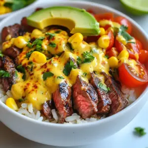 - 1 cup uncooked jasmine rice - 2 cups beef broth - 1 tablespoon olive oil - 1 pound flank steak, thinly sliced - 1 teaspoon smoked paprika - 1 teaspoon garlic powder - 1 teaspoon cumin - Salt and pepper, to taste - 1 cup queso dip (store-bought or homemade) - 1 cup cherry tomatoes, halved - 1 cup corn (fresh or frozen) - 1 avocado, diced - Fresh cilantro, for garnish - Lime wedges, for serving These ingredients come together to create a rich and vibrant dish. The jasmine rice forms a fluffy base, while the beef broth adds flavor. The flank steak offers a hearty protein, and the spices elevate the taste. Queso dip brings creaminess, while fresh veggies add color and crunch. - Sliced jalape&ntilde;os for heat - Sour cream for creaminess - Chopped green onions for freshness - Extra queso for more cheesy goodness These toppings let you customize each bowl. You can make it spicy, creamy, or extra cheesy, depending on your mood. - Medium saucepan for cooking rice - Large skillet for searing steak and saut&eacute;ing veggies - Mixing bowl for combining ingredients - Fork for fluffing rice These tools make the cooking process smooth. With them, you can easily manage each step and create a delicious meal. {{ingredient_image_1}} Start by rinsing 1 cup of jasmine rice under cold water. You want the water to run clear. This helps remove excess starch and keeps the rice fluffy. In a medium saucepan, add the rinsed rice and 2 cups of beef broth. Bring it to a boil. Once boiling, reduce the heat to low, cover it, and let it simmer for about 15-20 minutes. When the rice is done, it should absorb all the liquid. Fluff the rice with a fork and set it aside. Take 1 pound of flank steak and slice it thinly. In a large bowl, mix the steak with 1 tablespoon of olive oil, 1 teaspoon of smoked paprika, 1 teaspoon of garlic powder, 1 teaspoon of cumin, and a pinch of salt and pepper. Make sure all the steak pieces are covered in the seasoning. Heat a large skillet over medium-high heat. Cook the steak for about 3-4 minutes, flipping halfway through. You want it browned and cooked to your liking. Once done, remove the steak from the skillet and set it aside. In the same skillet, add 1 cup of corn and 1 cup of halved cherry tomatoes. Saut&eacute; these for about 2-3 minutes. You want them warmed through and slightly charred. Sprinkle a little salt and pepper for extra flavor. Stir well to combine. In a large mixing bowl, add the cooked rice, saut&eacute;ed corn, and cherry tomatoes, along with the cooked steak. Drizzle 1 cup of queso dip over everything. Gently toss to coat all the ingredients evenly. Now, divide the mixture into serving bowls. Top each bowl with diced avocado and fresh cilantro. Serve with lime wedges on the side for a zesty touch. Enjoy your flavorful meal! To make great queso rice, start with jasmine rice. Rinse it under cold water until it runs clear. This step removes excess starch and helps keep the rice fluffy. Use beef broth instead of water for deep flavor. Bring the broth and rice to a boil. Then reduce the heat, cover, and simmer for about 15-20 minutes. Once done, fluff the rice with a fork. This technique keeps your rice light and airy, perfect for mixing with other ingredients. When cooking steak strips, choose flank steak for its tenderness. Slice the steak thinly against the grain. This cuts the fibers and makes it easier to chew. Season your steak well with olive oil, smoked paprika, garlic powder, cumin, salt, and pepper. Heat the skillet until it&rsquo;s hot, then add the steak. Cook it for 3-4 minutes, flipping halfway for even browning. Don't overcrowd the pan; this helps it sear nicely. Remove the steak once it reaches your desired doneness, and let it rest for a few minutes. To elevate your dish, consider adding more spices. A pinch of chili powder or cayenne can add heat. Fresh lime juice brightens the flavors and balances richness. You can also toss in some fresh herbs like cilantro for extra brightness. If you want a smoky taste, try adding smoked sea salt. This can deepen the flavor profile and make your dish even more delicious. Pro Tips Use High-Quality Steak: Choosing a good quality flank steak can make a significant difference in taste and tenderness. Look for well-marbled cuts for the best results. Don&rsquo;t Overcook the Steak: For optimal flavor and tenderness, cook the steak just until it reaches your desired doneness. Flank steak is best served medium-rare to medium. Customize Your Queso: Feel free to add ingredients like jalape&ntilde;os or bell peppers to your queso dip for extra flavor and spice. Homemade queso can elevate the dish even more! Fresh Garnishes Matter: Always use fresh cilantro and lime wedges when serving. They add brightness and freshness that complements the richness of the queso and steak. {{image_2}} You can easily swap the steak for chicken or shrimp. For chicken, use boneless thighs or breasts. Cut them into bite-sized pieces. Season them with the same spices as the steak. Cook them in the skillet until they reach 165&deg;F. For shrimp, use large peeled shrimp. Cook them for just 2-3 minutes until they turn pink. This keeps the dish light and fresh. For a vegetarian version, replace the steak with black beans or tofu. Cook the tofu until it&rsquo;s golden brown in the skillet. Add bell peppers for extra color and flavor. You can also use cooked lentils as a protein boost. They add a nice texture and fit well with the queso dip. This option is hearty and satisfying for non-meat eaters. To change the spice level, adjust the seasonings to fit your taste. If you like it mild, skip the smoked paprika. For a bit of heat, add jalape&ntilde;os or cayenne pepper. You can also serve hot sauce on the side. This way, everyone can spice it up as they like. Cooking is all about making it your own! To keep your queso rice fresh, store it in an airtight container. Let the rice cool down first to avoid moisture buildup. Place it in the fridge within two hours of cooking. It will stay good for about 3 to 4 days. If you want to keep it longer, consider freezing it. When you're ready to eat your leftover queso rice, reheat it gently. You can use the microwave or stovetop. If using a microwave, add a splash of beef broth or water. This helps keep the rice moist. Stir it halfway through heating. On the stovetop, warm it in a pan over low heat. Add a little broth if needed, stirring until it's heated through. To freeze queso rice, first let it cool completely. Portion it into freezer-safe bags or containers. Remove as much air as possible to prevent freezer burn. Label the bags with the date. You can freeze it for up to 3 months. When you want to enjoy it, thaw it overnight in the fridge before reheating. This keeps the flavor and texture intact. For this dish, I recommend using jasmine rice. Jasmine rice gives a lovely aroma and soft texture. Its slightly sticky quality helps it blend well with the other ingredients. You can also try basmati rice, but jasmine rice is my top pick. Yes, you can make homemade queso! Start with cheese like cheddar or Monterey Jack. Melt it with milk and add spices like cumin or chili powder for flavor. This allows you to control the taste and texture. Homemade queso can be creamier and more personal to your liking. Cooking flank steak takes about 3-4 minutes on high heat. Flip it halfway for even cooking. The steak should be brown on the outside and tender inside. For best results, cook it to medium-rare, which keeps it juicy and flavorful. Absolutely! You can cook the rice and steak ahead of time. Just store them in separate containers in the fridge. When you&rsquo;re ready to eat, reheat them and add the veggies and queso. This makes for a quick meal on busy days. Many sides work well with Queso Rice. Here are a few ideas: - Black beans for protein - A fresh green salad for crunch - Grilled vegetables for added flavor - Cornbread to soak up the queso These sides enhance the meal and add variety. This article covered how to make delicious Queso Rice with Steak Strips. We discussed key ingredients and cooking essentials, step-by-step instructions, and tips for the best results. You learned ways to modify the dish with chicken, shrimp, or vegetarian options. Don't forget about storing leftovers for future meals. With practice, you can impress everyone with your cooking. Enjoy creating this tasty dish, and let your kitchen shine with flavor!