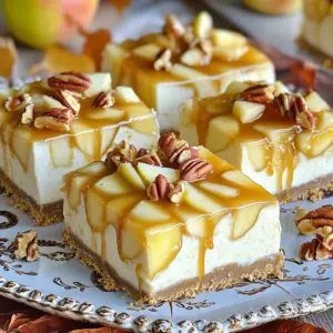To make these caramel apple cheesecake bars, gather the following items: - 1 ½ cups graham cracker crumbs - ½ cup unsalted butter, melted - 2 tablespoons granulated sugar - 2 (8 oz) packages cream cheese, softened at room temperature - 1 cup granulated sugar - 2 large eggs, at room temperature - 1 teaspoon pure vanilla extract - 2 cups Granny Smith apples, peeled, cored, and diced - 1 teaspoon ground cinnamon - ½ cup caramel sauce (store-bought or homemade) - ¼ cup pecans, chopped (optional) You can add a few fun extras to make your bars unique: - Nuts like walnuts or almonds for crunch - A pinch of nutmeg for warmth - Chocolate chips for a sweet twist To make the process smooth, have these tools ready: - An 8x8 inch baking pan - Parchment paper for easy lifting - Mixing bowls (medium and large) - Hand mixer or stand mixer for cream cheese - Spatula for spreading the filling - Toothpick or knife for swirling the caramel To make the crust, first, preheat your oven to 325°F (160°C). Take an 8x8 inch baking pan and line it with parchment paper. This helps with easy removal later. In a medium bowl, mix 1 ½ cups of graham cracker crumbs, ½ cup melted unsalted butter, and 2 tablespoons of granulated sugar. Stir until it feels like wet sand. Press this mixture firmly into the bottom of the pan. Bake it for 10 minutes. Let it cool slightly on a wire rack. For the filling, beat 2 packages of softened cream cheese in a large bowl. Mix until it is smooth and creamy. Gradually add 1 cup of granulated sugar. Keep mixing until smooth. Next, add 2 large eggs, one at a time, and beat well. Stir in 1 teaspoon of pure vanilla extract. In another bowl, toss 2 cups of diced Granny Smith apples with 1 teaspoon of ground cinnamon. Fold these apples into the cream cheese mixture gently. Pour the cheesecake filling over the cooled crust. Spread it evenly with a spatula. Drizzle ½ cup of caramel sauce across the top. Use a toothpick to create a marbled effect by swirling the caramel in the filling. If you like, sprinkle ¼ cup of chopped pecans on top. Bake for 35-40 minutes. The edges should be set, and the center will jiggle a bit. Let it cool in the pan for about 1 hour. After that, chill it in the fridge for at least 3 hours. Finally, lift the bars out using the parchment paper and cut into squares. Enjoy your creamy dessert! To get that creamy texture, always use softened cream cheese. Let it sit at room temperature for at least 30 minutes. This helps in mixing smoothly. Beat the cream cheese until there are no lumps. Gradually add sugar and mix well after each addition. This method ensures a silky filling. For the best flavor, use Granny Smith apples. Their tartness balances the sweetness of the cheesecake. Always peel and core the apples before dicing. Toss the diced apples in ground cinnamon to enhance their flavor. This step makes the apples taste even better in your bars. Drizzle the caramel sauce over the cheesecake filling before baking. Use a toothpick or knife to swirl it in gently. Avoid over-mixing, as you want distinct swirls. This creates a beautiful marbled look. For added flair, you can drizzle more caramel on top when serving. {{image_4}} You can choose different apples for your cheesecake bars. Granny Smith apples give a nice tartness. Honeycrisp apples add sweetness and crunch. Fuji apples offer a juicy bite that is also sweet. Mix apples for more flavor. Use your favorite type to match your taste. You can spice up your cheesecake bars with added flavors. A pinch of nutmeg adds warmth to the mix. You can also add chocolate chips for a sweet twist. Try adding lemon zest for a fresh kick. These flavors can make your bars even more special. If you want to make gluten-free bars, use gluten-free graham cracker crumbs. Many brands offer this option now. You can also use almond flour to make a crust. Ensure all other ingredients are gluten-free, too. This way, everyone can enjoy your delicious treat! To store leftover caramel apple cheesecake bars, first let them cool completely. Then, cover the bars with plastic wrap or place them in an airtight container. This keeps them fresh and prevents drying out. Store them in the refrigerator for up to five days. Make sure to cut them into squares before storing for easy access. You can freeze these bars for longer storage. Once they are fully cooled, cut them into squares. Wrap each square in plastic wrap, then place them in a freezer-safe bag. They can last in the freezer for up to three months. When you want to enjoy them, thaw the bars in the fridge overnight. Serve these bars chilled for the best taste. For a lovely presentation, place the bars on a decorative platter. Drizzle extra caramel sauce over the top for a sweet touch. You can also add fresh apple slices for a colorful garnish. Enjoy these delightful treats after meals or at gatherings! Yes, you can use different crust types. You might try a cookie crust, like Oreos. A nut crust adds a nice crunch. You can also use a shortbread crust for a buttery flavor. Just keep the same measurements for the base. Make sure to bake it the same way. Each crust gives a unique taste and texture! To slice cheesecake bars well, chill them first. Once they are set and firm, use a sharp knife. Dip the knife in hot water and dry it before each cut. This helps create clean lines. Wipe the knife between cuts to keep slices neat. Cutting them into squares or rectangles works best! Absolutely! You can make these cheesecake bars a day ahead. After baking, let them cool completely. Then, cover them tightly and store in the fridge. They taste even better after sitting for a while. Just remember to drizzle extra caramel on top before serving for a fresh look! This blog post covered how to make delicious caramel apple cheesecake bars. We looked at the main ingredients and some optional add-ins. I shared the step-by-step method for perfect crust and creamy filling. The tips helped you get great texture and flavor. You now know about variations and storage for leftovers. Don’t hesitate to try new flavors or types of apples. With practice, you’ll master this recipe and wow your friends with your skills! Enjoy your baking journey!