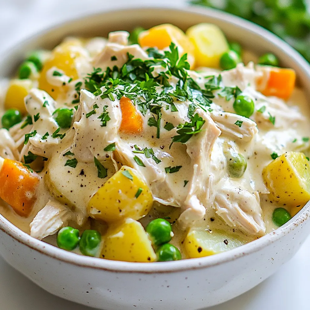 - 4 boneless, skinless chicken breasts - 1 packet (1 oz) ranch seasoning mix - 1 cup cream cheese, softened - 1 cup chicken broth - 1 cup diced potatoes - 1 cup frozen peas and carrots mix - 1 teaspoon garlic powder - 1 teaspoon onion powder - Salt and pepper to taste - Fresh parsley for garnish Gathering the right ingredients is key to making Creamy Ranch Crockpot Chicken. First, you'll need four boneless and skinless chicken breasts. This cut is perfect for a tender meal. Next, grab a packet of ranch seasoning mix. It packs in great flavor with no fuss. You will also need one cup of softened cream cheese. It adds that creamy texture we all love. Next up is chicken broth. One cup of it will keep the chicken moist and rich. Diced potatoes are essential too. They add heartiness and soak up all the ranch flavor. Don't forget one cup of frozen peas and carrots mix. This gives a nice color and nutrition boost. For seasoning, pick up garlic powder and onion powder, each at one teaspoon. These spices enhance the dish without being overpowering. Finally, have salt and pepper at hand for taste. A sprinkle of fresh parsley at the end will brighten your dish and make it look lovely. With these ingredients, you set the stage for a simple, yet delightful meal. {{ingredient_image_1}} 1. Placing the chicken in the crockpot: Start by placing the chicken breasts in the bottom of your crockpot. This forms a nice base for all the flavors. 2. Mixing the ranch mixture: Next, in a medium bowl, mix the ranch seasoning, cream cheese, chicken broth, garlic powder, and onion powder. Stir until the mixture is smooth. This step is key for a creamy texture. 3. Layering the ingredients: Pour the ranch mixture over the chicken. Then, add the diced potatoes on top. Finally, sprinkle the frozen peas and carrots over everything. Don’t forget to season with salt and pepper to taste. - Low setting time (6-8 hours): For a tender and juicy result, cook on low for 6 to 8 hours. This slow method allows all the flavors to meld beautifully. - High setting time (4-5 hours): If you're short on time, you can cook on high for 4 to 5 hours. The chicken will still be tasty and well-cooked. 1. Shredding the chicken: Once done, take two forks and shred the chicken right in the crockpot. This makes it easy to mix everything together. 2. Combining flavors and serving suggestion: Stir everything to combine the flavors. Serve hot and garnish with fresh parsley for a bright finish. This meal is warm, creamy, and perfect for any night! - Choosing the right chicken: I recommend using boneless, skinless chicken breasts. They cook evenly and stay tender. You can also use thighs if you prefer dark meat. Just keep an eye on the cooking time. - Achieving the desired creaminess: To get that creamy texture, make sure your cream cheese is softened. Mix it well with the ranch seasoning and broth. This way, it blends smoothly with the chicken and vegetables. - Overcooking the chicken: Cooking for too long can make the chicken dry. Stick to the recommended times: 6-8 hours on low or 4-5 hours on high. Check the chicken's doneness with a fork for tenderness. - Inadequate seasoning: Don't skip the salt and pepper! They boost the flavors. Taste before serving and adjust if needed. A little extra ranch seasoning can also add a nice kick. Pro Tips Use Thicker Chicken Breasts: Thicker chicken breasts will result in juicier and more tender meat, so choose your pieces wisely. Make It Spicy: Add a teaspoon of red pepper flakes or a splash of hot sauce to the ranch mixture for a flavorful kick. Substitute Veggies: Feel free to swap in your favorite vegetables, like bell peppers or green beans, for a personalized touch. Leftover Makeover: Use any leftovers in wraps or salads for a quick and delicious meal the next day. {{image_2}} You can change this dish to fit your taste. Adding different vegetables makes it fun. Try corn for a sweet crunch. Bell peppers give a nice color and flavor. Just chop them up and toss them in with the chicken. You can also switch up the protein. Use turkey for a lighter meal. Ground beef works well too. Just remember, different meats may change the cooking time. Always check to ensure everything is cooked through. If you want a lighter option, use low-fat cream cheese. It still gives that creamy texture without all the fat. You can also use Greek yogurt for a tangy twist. For gluten-free lovers, swap the ranch seasoning for a gluten-free mix. Many brands offer this option. Always check the labels to ensure they fit your diet. To keep your Creamy Ranch Crockpot Chicken fresh, store leftovers right away. Place the chicken in a container with a tight lid. Make sure to cool it to room temperature first. This helps keep it safe to eat later. Use glass or plastic containers that seal well. This keeps moisture in and prevents spills. You can freeze the cooked dish if you want to save it for later. Let the chicken cool first, then place it in freezer bags. Try to remove as much air as possible before sealing. This helps prevent freezer burn. You can freeze it for up to three months. When you're ready to eat, thaw the chicken overnight in the fridge. To reheat, place it in a pot on low heat or use a microwave. Heat it gently until warm, which usually takes 5-10 minutes. Stir it well to mix the flavors again. Enjoy your meal! You can serve this dish with a few tasty sides. Here are my favorites: - Rice: Fluffy white or brown rice soaks up the creamy sauce well. - Salad: A fresh green salad adds a nice crunch and balances the meal. - Bread: Warm, crusty bread is perfect for dipping into the sauce. - Steamed Veggies: Broccoli or green beans add color and nutrition. These sides pair well with the savory flavors of the chicken. Yes, you can use fresh vegetables. Here are some pros and cons: Pros: - Fresh veggies often taste better and have more nutrients. - You can choose your favorite vegetables for variety. Cons: - Fresh vegetables may need more cooking time. - They can spoil quicker than frozen ones. If you use fresh, cut them into small pieces for even cooking. To boost the flavor, try these tips: - Add herbs: Fresh herbs like thyme or basil enhance the taste. - Use more garlic: Extra garlic powder or fresh minced garlic adds depth. - Spice it up: A pinch of red pepper flakes can give a nice kick. - Mix in cheese: Adding cheddar or parmesan on top before serving brings creaminess. Taste as you go, and adjust to fit your flavor preference. In this post, we explored how to make Creamy Ranch Crockpot Chicken. We covered the key ingredients, from chicken breasts to vegetables, and provided detailed preparation and cooking steps. I shared tips to enhance your dish and avoid common mistakes. You can also adapt the recipe to your taste or dietary needs. Remember to store any leftovers properly for future meals. Enjoy the creamy goodness that this dish brings to your table, and don’t hesitate to try new variations!