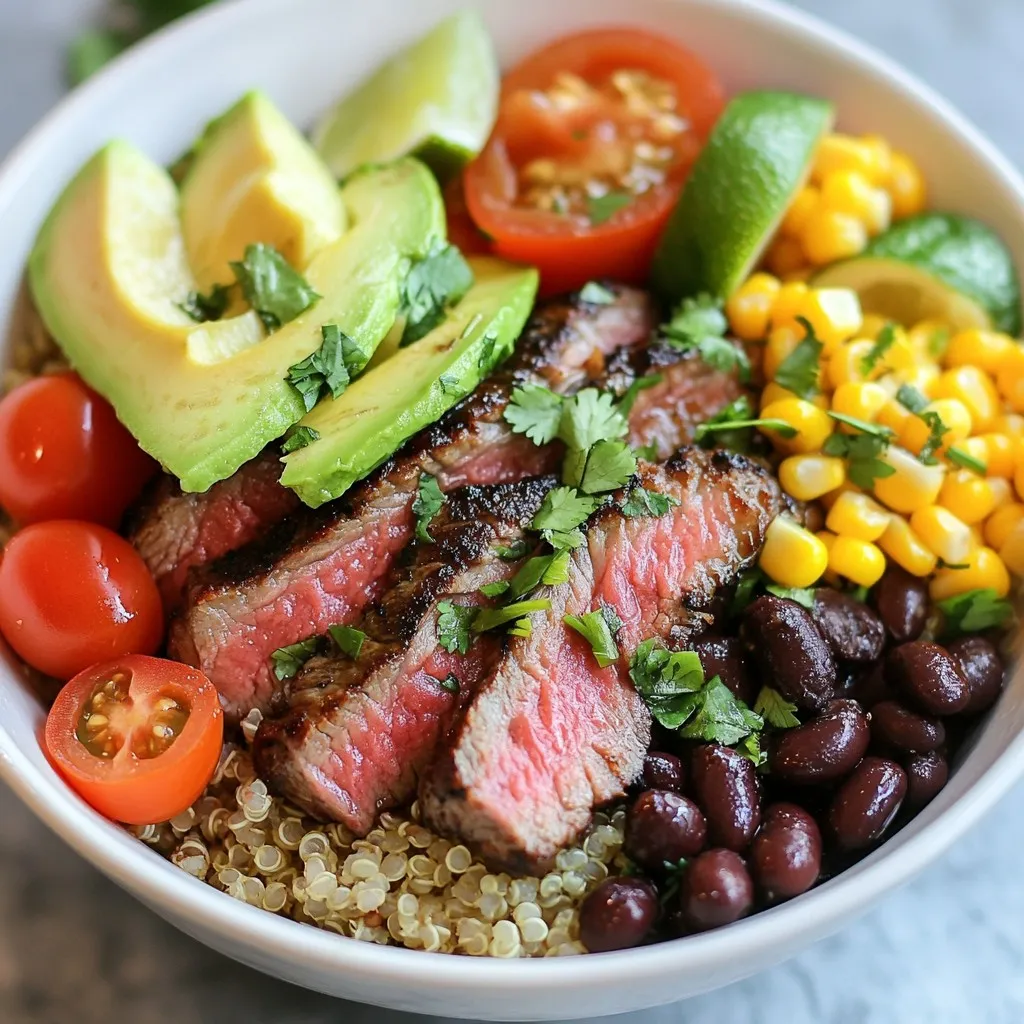 - 1 lb flank steak - 1/4 cup fresh cilantro, chopped - Zest and juice of 2 limes The main ingredients create a burst of flavor. Flank steak gives the dish its rich, savory base. Fresh cilantro adds a bright, herbal note that balances the steak's richness. The lime zest and juice bring a refreshing zing that uplifts every bite. - 2 cloves garlic, minced - 1 teaspoon ground cumin - 1 teaspoon paprika - 2 cups cooked quinoa or rice The additional ingredients enhance the overall taste. Garlic adds depth and warmth. Ground cumin and paprika introduce a warm, earthy flavor that complements the steak. You can choose quinoa or rice as the base. Both options provide a hearty, satisfying foundation for your bowl. {{ingredient_image_1}} To start, make the marinade. In a small bowl, combine the lime juice, lime zest, chopped cilantro, minced garlic, cumin, paprika, salt, and black pepper. Mix well. Next, place the flank steak in a shallow dish or a resealable bag. Pour the marinade over the steak. Make sure it’s well coated. For the best flavor, let it marinate for at least 30 minutes. If you have time, marinating for up to 2 hours in the fridge works even better. Now, it’s time to cook the steak. Preheat your grill or grill pan over medium-high heat. After it heats up, take the steak out of the marinade and discard the leftover marinade. Grill the steak for about 5 to 7 minutes on each side. For the best taste, aim for medium rare. Once it’s cooked, remove the steak from the grill. Let it rest for 5 minutes. This helps keep it juicy. Then, slice it against the grain into thin strips. Let’s put it all together! Start with a base. You can use cooked quinoa or rice. Place a generous portion in each bowl. Next, add the sliced steak on top. Then layer on the toppings: halved cherry tomatoes, sliced avocado, corn, black beans, and red onion. For the final touch, garnish with extra chopped cilantro. You can add sliced jalapeños for some heat and lime wedges for a zesty drizzle. Enjoy your colorful and tasty meal! To grill flank steak, start with a clean grill. This keeps the steak from sticking. Preheat your grill to medium-high. A hot grill sears the meat. This gives a nice crust and locks in juices. When grilling, place the steak at an angle. This creates beautiful grill marks. Cook for about 5-7 minutes on each side. Use a meat thermometer for best results. Aim for 130°F for medium-rare. Letting the steak rest for 5 minutes helps the juices settle. Slice against the grain for tender strips. To boost the flavor, consider adding spices. Chili powder can add a nice kick. You might also try smoked paprika for depth. Fresh herbs like parsley or mint can brighten the dish too. For toppings, cherry tomatoes and avocado work well. They add freshness and creaminess. Corn and black beans bring sweetness and texture. If you like heat, sliced jalapeños are a great choice. Lime wedges give a zesty finish. With these tips, your bowls will be packed with flavor. Pro Tips Marinate Longer for More Flavor: For the best flavor, marinate the flank steak for up to 2 hours. This allows the citrus and spices to penetrate the meat deeply. Rest the Steak: Always let your grilled steak rest for 5 minutes after cooking. This helps the juices redistribute, resulting in a more tender bite. Slice Against the Grain: When slicing flank steak, make sure to cut against the grain. This will ensure your pieces are tender and easier to chew. Customize Your Bowls: Feel free to add or substitute your favorite toppings like cheese, sour cream, or fresh salsa to make the bowls your own! {{image_2}} You can change the protein in your cilantro lime steak bowls. Chicken or shrimp work well instead of flank steak. Both cook quickly and soak up the marinade flavors. - Chicken: Use boneless, skinless chicken thighs or breasts. Cut them into strips. Marinate and grill just like the steak. - Shrimp: Use large shrimp, peeled and deveined. Marinate for about 15-20 minutes. Grill them quickly for a tasty option. If you want a vegetarian dish, try tofu or tempeh. Both are great at soaking up flavors. - Tofu: Use firm tofu. Press it to remove excess water, then cut it into cubes. Marinate and grill or sauté until golden. - Tempeh: Slice tempeh into strips. Marinate and grill just like the steak. It has a nutty flavor that pairs well with the lime. You can get creative with herbs and sauces. This gives your dish a unique twist. - Different Herbs: Try parsley or basil if you want a different taste. These herbs add a fresh flavor. Experiment and find your favorite. - Customizing Sauces: Instead of the lime marinade, try a chipotle sauce for a spicy kick. You can also add yogurt or sour cream for creaminess. Toppings can also change. Add your favorite veggies or nuts. It’s all about making the dish suit your tastes. To store your cilantro lime steak bowls, use airtight containers. This keeps the flavors fresh. Place the bowls in the fridge within two hours of cooking. Proper storage helps avoid food waste. Your steak bowls will last in the fridge for about three days. Keep in mind that some ingredients, like avocado, can brown quickly. To slow this down, sprinkle lime juice on the avocado before storing it. For reheating, the best method is the stovetop. Gently warm your steak bowls in a skillet over low heat. This keeps the meat juicy and the grains fluffy. Stir the bowls often to ensure even heating. You can also use the microwave. Heat in 30-second bursts to avoid overcooking. Cover the bowl to keep moisture in. For side dishes, consider a fresh salad or tortilla chips. These add a nice crunch and balance the meal. Enjoy your tasty leftovers with these easy tips! You should marinate the steak for at least 30 minutes. For even more flavor, let it sit for up to 2 hours. The lime juice helps to tenderize the meat and adds a zesty taste. A good marinade makes the steak juicy and full of flavor. Just make sure to keep it in the fridge while it marinates. Yes, you can make the bowls in advance! Prepare the steak and let it cool. You can store the cooked steak, quinoa, and toppings separately in the fridge. When you are ready to eat, just assemble the bowls. This saves time on busy days and helps with meal prep. If you want to skip quinoa or rice, try using cauliflower rice, lettuce wraps, or even spiralized veggies. These options are lower in carbs and great for a fresh twist. You can also use farro or barley if you want a different grain. Each of these choices brings a unique texture and flavor to the dish. Cilantro lime steak bowls combine fresh flavors and key ingredients for a great meal. You learned how to marinate flank steak, cook it perfectly, and assemble a tasty bowl with quinoa or rice. Tips on grilling techniques and flavor swaps allow for endless creativity. Remember, you can switch proteins or customize toppings to fit your taste. Enjoy your cooking and make these bowls your own!