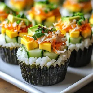 To make tasty TikTok sushi bake cups, you need: - 2 cups sushi rice - 2 1/2 cups water - 1/4 cup rice vinegar - 2 tablespoons sugar - 1 teaspoon salt - 1 pound imitation crab meat, shredded - 1 avocado, diced - 1 cucumber, finely chopped - 1/2 cup mayonnaise - 2 teaspoons sriracha (adjust to taste) - 1 tablespoon sesame oil - 1 sheet nori, cut into small squares (for garnish) - Green onions, chopped (for garnish) - Soy sauce (for serving) These ingredients create a rich flavor and fun texture. The sushi rice is the base, while the crab adds protein. Avocado brings creaminess, and cucumber adds crunch. Garnishes make your cups look great and add flavor. You can use: - Extra nori squares - Sesame seeds - Pickled ginger - Wasabi These add color and taste. Feel free to mix and match your favorites! Not all ingredients must be exact. Here are some swaps: - Use brown rice instead of sushi rice for a healthier option. - Substitute real crab for imitation crab if you prefer. - Greek yogurt can replace mayonnaise for a lighter choice. - Try spicy mayo instead of sriracha for a different kick. These swaps keep the dish tasty while meeting your needs. Experimenting with ingredients can lead to new flavors! {{ingredient_image_1}} To start, rinse the sushi rice under cold water. Keep rinsing until the water runs clear. This step helps remove excess starch, making the rice less sticky. Next, combine the rinsed rice and water in a rice cooker or a pot. If using a pot, bring the water to a boil, then reduce the heat to low. Cover it and let it cook for about 20 minutes. After cooking, let the rice sit off the heat for 10 minutes. This helps the texture become just right. Once the rice is cooked, it's time to season it. In a small bowl, mix together rice vinegar, sugar, and salt. Stir until everything is dissolved. Pour this mixture over the warm rice. Use a spatula to gently fold it in. Be careful not to smash the grains. This seasoning adds a nice tang and sweetness, enhancing the flavor of your sushi bake cups. Allow the rice to cool slightly before using it in the next steps. Now, let’s make the filling. In a large mixing bowl, add shredded imitation crab meat, diced avocado, and finely chopped cucumber. Then, add mayonnaise, sriracha, and sesame oil. Mix everything until well combined. You can adjust the amount of sriracha based on how spicy you want it. This mix will give your sushi bake cups a creamy and tasty filling. To make great sushi bake cups, start with perfect rice. Rinse the sushi rice well under cold water until it runs clear. This removes extra starch. Use a rice cooker or a pot. If using a pot, bring the water to a boil, then lower the heat. Cover and let it cook for 20 minutes. After cooking, let it rest off the heat for another 10 minutes. This helps the rice become fluffy. Layering is key to tasty sushi bake cups. Press a small amount of cooked rice into each muffin cup. Make sure it’s about 1/4 inch thick. This keeps the rice from falling apart. Next, spoon the crab mixture on top of the rice. Fill each cup but don’t pack it too tightly. This way, it will bake evenly and have a nice texture. Baking gives the sushi bake cups a great texture. Preheat your oven to 375°F (190°C) before placing the muffin tin inside. Bake for 15 to 18 minutes until the tops turn light golden. This browning adds flavor and crunch. Let the cups cool for a few minutes once done. This helps them hold their shape when you take them out of the tin. Pro Tips Rinse the Rice: Always rinse the sushi rice thoroughly until the water runs clear to remove excess starch, which helps achieve the perfect texture. Adjusting Spice: Feel free to adjust the amount of sriracha in the filling to suit your taste preferences for spice; start with less and add more if needed. Cooling the Rice: Letting the seasoned rice cool slightly before using it helps it hold its shape better when pressed into the muffin tin. Garnish for Flavor: Add more garnishes like sesame seeds or sliced radishes for extra flavor and a beautiful presentation. {{image_2}} You can switch up the protein in your TikTok sushi bake cups. Instead of imitation crab, try shredded cooked chicken or shrimp. These proteins work well and add new flavors. You can also use canned tuna for a quick option. Just mix it with mayonnaise and a bit of sriracha for a tasty filling. If you love salmon, try smoked salmon for a rich taste. Each protein choice gives you a different twist on this fun dish. If you prefer vegetarian or vegan options, that’s easy too! Instead of crab, use marinated tofu or tempeh. Both options soak up flavors well. You can also use a mix of veggies like bell peppers, carrots, and mushrooms. Replace mayonnaise with vegan mayo to keep it creamy. For added taste, mix in some avocado or hummus. These swaps mean everyone can enjoy the sushi bake cups. Adjusting the spice level is simple. If you love heat, add more sriracha to your filling. You can also sprinkle some chili flakes on top before baking. For milder flavors, reduce the sriracha or leave it out. You can replace it with sweet chili sauce for a hint of sweetness. Taste your filling before baking to find the right heat for you. Remember, you control the spice! To keep your sushi bake cups fresh, let them cool first. Once cool, place them in an airtight container. You can store them in the fridge for up to three days. If you have multiple layers, try to separate them with parchment paper to avoid sticking. When you want to enjoy your leftovers, preheat your oven to 350°F (175°C). Place the sushi cups on a baking sheet. Heat for about 10-15 minutes until warmed through. This helps keep the texture nice and crispy. You can also use the microwave, but the oven gives better results. If you want to save some for later, freezing is a great option. Wrap each sushi cup in plastic wrap tightly. Then, place them in a freezer-safe bag. They can last for up to three months in the freezer. When you're ready to eat, thaw them in the fridge overnight before reheating. Yes, you can prepare TikTok Sushi Bake Cups ahead. Cook the rice and make the filling. Store them in the fridge separately. When ready to eat, assemble the cups and bake. This saves time and still tastes fresh. Serve these tasty cups with soy sauce for dipping. You can also add pickled ginger or wasabi for extra flavor. A simple salad or edamame pairs well too. These sides enhance your meal and add freshness. To keep the rice from sticking, rinse it well before cooking. This removes excess starch. After cooking, let it cool slightly before handling. Use wet hands when pressing the rice into the muffin tin. This helps it stay separate. You’ve learned how to make TikTok sushi bake cups from start to finish. We covered the essential ingredients and tasty optional garnishes. I shared tips for cooking perfect rice and layering your cups. You now know how to store leftovers and reheat them best. These sushi bake cups are fun to make and share. Enjoy creating your own versions with unique flavors! Happy cooking!