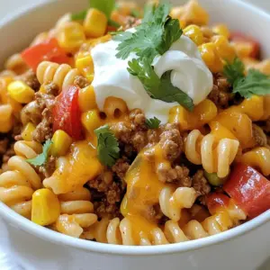 To create this cheesy taco pasta, you will need: - 8 ounces elbow macaroni - 1 lb ground beef or turkey - 1 packet taco seasoning - 1 cup diced tomatoes (canned or fresh) - 1 cup corn (frozen or canned) - 1 bell pepper, diced (any color) - 1 small onion, finely chopped - 2 cups shredded cheddar cheese - 1 cup sour cream - 2 tablespoons olive oil - Salt and pepper to taste - Fresh cilantro for garnish If you don&rsquo;t have a key ingredient, here are some easy swaps: - Ground beef or turkey: Use ground chicken or plant-based meat for a lighter option. - Elbow macaroni: Swap for any pasta shape you like, such as penne or rotini. - Diced tomatoes: Fresh tomatoes work well, or you can use salsa for more flavor. - Corn: If corn is not available, try black beans or peas instead. - Cheddar cheese: Feel free to use Monterey Jack or pepper jack for a spicy kick. Garnishes add color and flavor. Here are some ideas: - Fresh cilantro adds a nice pop of green. - A dollop of sour cream makes it creamier. - Sliced jalape&ntilde;os can add heat. - Crushed tortilla chips give a nice crunch. Feel free to mix and match these ingredients to make this dish your own! {{ingredient_image_1}} Start by boiling water in a large pot. Add salt to the water for flavor. Once the water boils, add 8 ounces of elbow macaroni. Cook according to the package instructions until it is al dente. This usually takes about 7-9 minutes. Drain the pasta and set it aside. This step is crucial to get the right texture for your cheesy taco pasta. In the same pot, heat 2 tablespoons of olive oil over medium heat. Add 1 small finely chopped onion and 1 diced bell pepper. Saut&eacute; for about 4-5 minutes until the onion and pepper are soft. This will build a strong flavor base for your dish. Stir them often to avoid burning. Next, add 1 pound of ground beef or turkey to the pot. Use a spatula to break up the meat as it cooks. Cook for about 6-8 minutes until the meat is browned. Drain any excess fat if needed. This step adds richness to the dish. It's important to ensure the meat is fully cooked before moving on. To get the best cheese melt, use fresh shredded cheese. Block cheese melts better than pre-shredded ones. Add the cheese in layers while mixing. This helps it melt evenly. Cover the pot for a few minutes after adding cheese. This traps heat and makes the cheese gooey. Want more heat? Add diced jalape&ntilde;os or hot sauce. For less spice, skip the taco seasoning or choose a mild one. You can also add a bit of sugar to counteract heat. Taste as you go to find the right balance for you. Store leftover cheesy taco pasta in an airtight container. It keeps well in the fridge for about 3-4 days. To reheat, add a splash of water or milk. This will help the pasta stay creamy and not dry out. Heat it on the stove or in the microwave. Stir often to ensure even warming. Pro Tips Use Quality Meat: For a richer flavor, opt for higher quality ground beef or turkey. Grass-fed beef can add a delicious depth to the dish. Customize Your Veggies: Feel free to add more vegetables like zucchini or black olives to enhance nutrition and flavor. Get creative with what you have on hand! Make it Spicy: If you love heat, consider adding diced jalape&ntilde;os or a sprinkle of cayenne pepper to amp up the spice level. Leftovers Delight: This dish reheats beautifully, making it perfect for meal prep. Just store in an airtight container in the fridge for up to 3 days. {{image_2}} You can make this dish meatless. Start with 8 ounces of elbow macaroni. Use a mix of beans like black beans or pinto beans for protein. Add in 1 cup of cooked lentils for a hearty feel. You can swap the sour cream for plant-based yogurt. Choose dairy-free cheese for a creamy texture. For a gluten-free version, use gluten-free elbow macaroni. This pasta cooks the same way and tastes great. Check taco seasoning to ensure it is gluten-free. You can also use fresh vegetables instead of canned products. This keeps the meal light and tasty. Boost nutrition by adding more veggies. Diced zucchini or mushrooms work well. Spinach or kale can add color and nutrients. Toss in these extras while you saut&eacute; the onion and bell pepper. You can also add some frozen peas or carrots when you mix everything together. This makes the dish colorful and even more delicious. You can store leftover cheesy taco pasta in the fridge. Keep it in a sealed container. It stays fresh for about 3 to 4 days. Make sure to let it cool before sealing. This helps keep the texture nice. If you want to save it for later, freezing is a great option. First, let the pasta cool down completely. Then, pack it in an airtight container or freezer bag. It can last up to 2 months in the freezer. When you&rsquo;re ready to eat, just thaw it in the fridge overnight. To reheat, you can use the microwave or stovetop. For the microwave, place it in a bowl and cover it. Heat it for about 2 to 3 minutes, stirring halfway. On the stovetop, add a splash of water or broth in a pan. Heat on low until warmed through. This keeps it creamy and tasty! Yes, you can use other pasta types. I like penne or rotini for this dish. They hold sauce well. You can also try gluten-free pasta if needed. Just follow the cook time on the package. To add spice, try these ideas: - Use spicy taco seasoning. - Add chopped jalape&ntilde;os or crushed red pepper. - Mix in a dash of hot sauce. These options can give your dish a nice kick. Adjust to your taste! This dish pairs well with many sides. Try: - A fresh green salad for crunch. - Cornbread for a sweet touch. - Guacamole or salsa for extra flavor. Serve with tortilla chips for a fun crunch! This blog post showed how to make cheesy taco pasta with the right ingredients and steps. We talked about ingredient swaps and tasty garnishes to make it your own. I shared tips for cooking, like how to melt cheese perfectly. You can even try vegetarian, gluten-free, or extra veggie options. Plus, you learned the best ways to store and reheat your leftovers. Now, you have all the tools to create a delicious dish. Enjoy making this meal with your own unique twist!