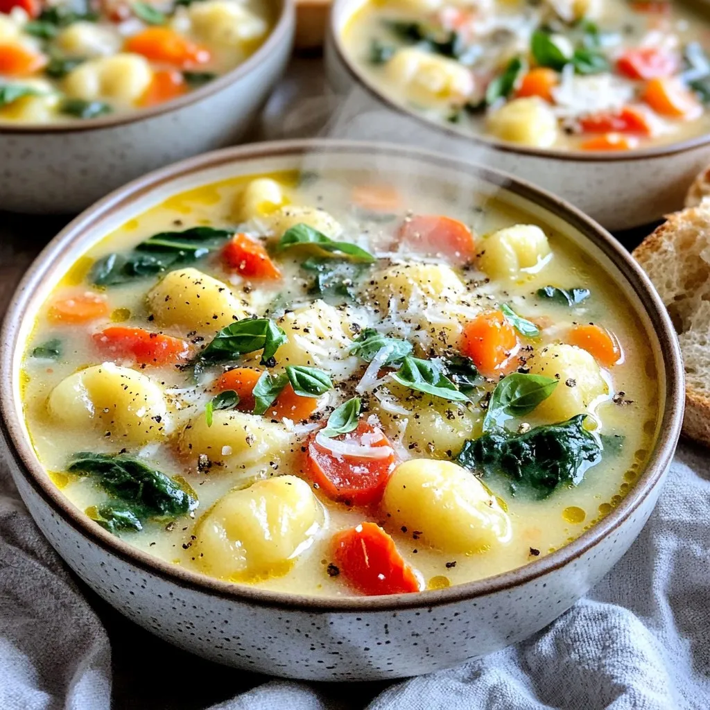 - 1 lb potato gnocchi - 4 cups vegetable broth - 15 oz can diced tomatoes - 2 cups fresh spinach - 1 cup diced carrots - 1 cup chopped kale or leafy greens - 1 medium onion - 3 cloves garlic - Dried herbs (basil, oregano) - Optional: red pepper flakes, salt and pepper, heavy cream - Optional: grated Parmesan cheese for serving When I make Slow Cooker Tuscan Gnocchi Soup, I love using fresh ingredients. The potato gnocchi adds a nice, fluffy texture to the soup. Vegetable broth gives a rich base that enhances all the flavors. Diced tomatoes bring a bit of sweetness and acidity, making the soup lively. Adding fresh spinach and kale gives the soup a nice green color. Spinach wilts down, while kale adds some bite. Diced carrots add a subtle sweetness and crunch. Onions and garlic are key for a great flavor base. I always choose dried herbs like basil and oregano for that classic Italian taste. You can spice things up with red pepper flakes if you like heat. Salt and pepper are essential for taste. If you want, add heavy cream for a creamy finish. Lastly, a sprinkle of Parmesan cheese on top makes each bowl extra special. - Dice the onion and garlic. - Chop the carrots, kale, and spinach. - Open and drain the canned tomatoes. When you prepare the ingredients, aim for even sizes. This helps them cook evenly. Start with the onion and garlic, as they bring great flavor. Next, chop the carrots and leafy greens. Fresh spinach adds a nice touch at the end. Finally, don’t forget to drain the canned tomatoes. This keeps the soup from being too watery. - Combine vegetables in the slow cooker. - Add broth, herbs, and season with salt and pepper. - Set the slow cooker on low or high. Now it’s time to put everything in the slow cooker. Start with the diced onion, garlic, carrots, kale, and tomatoes. Pour in the vegetable broth next. Sprinkle in dried basil and oregano for great taste. If you like heat, add red pepper flakes. Season with salt and pepper to your liking. Cover the slow cooker and choose low for 6-7 hours or high for 3-4 hours. This allows all the flavors to blend well. - Add gnocchi and spinach 30 minutes before serving. - Stir in heavy cream and cook for an additional 10 minutes. - Adjust seasoning to taste. About 30 minutes before you are ready to eat, add the potato gnocchi and chopped spinach. The gnocchi will float when they are done. Stir in heavy cream for a rich texture. Let it cook for 10 more minutes to mix all flavors. Before you serve, taste the soup and adjust the seasoning if needed. You can always add more salt, pepper, or herbs. To make your soup even better, use homemade vegetable broth. It gives a richer taste. You can also add herbs like thyme or rosemary. These extra flavors make the soup shine. If you want a dairy-free soup, swap heavy cream for coconut milk. This keeps it creamy without dairy. For gluten-free options, use gluten-free gnocchi. You can also make it low-carb by skipping the gnocchi and adding more greens. Serve this soup with crusty bread. It’s great for dipping. You can also top it with grated Parmesan cheese. A sprinkle of fresh basil or parsley adds a nice touch. This makes your soup look gourmet and tasty! {{image_4}} You can easily swap greens in this soup. Try using Swiss chard or collard greens instead of kale. Both add a nice texture and flavor. If you're not a fan of these, consider adding broccoli or zucchini for a fresh twist. For protein, you can add cooked chicken or beans. Shredded rotisserie chicken works great. If you prefer a plant-based option, black beans or cannellini beans are tasty choices. Cheese can change the soup's taste quite a bit. Instead of Parmesan, try Pecorino Romano for a sharper flavor. Adding cream cheese can make the soup silky and rich. You can also play with seasonings. Try adding smoked paprika for a deeper flavor or a pinch of cumin for warmth. If you want heat, include more red pepper flakes or hot sauce. You can adapt this soup to fit the season. In spring, add fresh peas or asparagus for a bright touch. Summer is perfect for diced bell peppers or corn. In fall, consider using butternut squash or sweet potatoes for a sweet note. Winter calls for root vegetables like parsnips or turnips that add heartiness to the soup. Adjusting the recipe this way keeps it fun and fresh every time you make it! To store your Tuscan gnocchi soup, first let it cool. Place it in an airtight container. The fridge is the best spot for your leftovers. Keep them there for up to three days. To freeze the soup, use freezer-safe bags or containers. Be sure to leave some space for expansion. When you’re ready to eat, thaw it in the fridge overnight. In the fridge, your soup stays fresh for about three days. After that, it may not taste good. Signs the soup is no longer good include a sour smell or off color. If you see mold, throw it out right away. When reheating soup, the microwave works well. Use a bowl safe for the microwave. Heat in short bursts, stirring in between. On the stovetop, pour the soup into a pot. Heat over low to medium heat. Stir often to keep it from sticking. If you froze the soup, add a splash of broth when reheating. This helps keep the soup smooth and creamy. Yes, you can make this soup ahead of time. First, chop your vegetables. Dice the onion, garlic, carrots, and kale. Store these in the fridge for up to a day. When you’re ready, combine them in the slow cooker. Add the broth and spices. Cook as the recipe states. This makes dinner easy on busy nights. Yes, this soup can be frozen. However, the texture may change. Gnocchi can become mushy when thawed. To freeze, let the soup cool first. Then, store it in airtight containers. When you want to eat it, thaw overnight in the fridge. Reheat on the stove for the best taste. If you don't have gnocchi, you have options. You can use small pasta shapes like ditalini or orzo. Another choice is to use dumplings. These alternatives will still give you a comforting soup. Just adjust the cooking time according to the type of pasta or dumpling you choose. This blog post shared a simple way to make Slow Cooker Tuscan Gnocchi Soup. We covered the key ingredients, step-by-step instructions, tips for flavor, and variations. You can make this a hearty meal with easy swaps and healthy options. Try freezing leftovers for quick meals later. With fresh ingredients and seasonings, you can enjoy this soup in many ways. Build your own perfect bowl and savor the warm, comforting flavors!