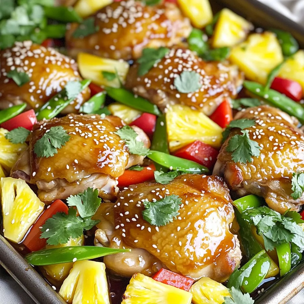 To make Sheet-Pan Teriyaki Pineapple Chicken, gather these fresh and vibrant ingredients: - 4 boneless, skinless chicken thighs - 1 cup fresh pineapple chunks - 1 bell pepper (either red or yellow), sliced into strips - 1 cup snap peas, trimmed - 1 small red onion, thinly sliced - 1/2 cup teriyaki sauce (store-bought or homemade) - 2 tablespoons sesame oil - 1 tablespoon fresh ginger, minced - 3 cloves garlic, minced - 1 tablespoon honey (or maple syrup for a vegan option) - Salt and pepper to taste - 2 tablespoons sesame seeds, for garnish - Fresh cilantro, for garnish This mix of ingredients brings bold flavors and bright colors to your dish. The chicken thighs provide a tender base, while the pineapple adds a sweet twist. Snap peas and bell peppers give crunch and color. The teriyaki sauce adds a savory depth, making every bite flavorful. Don't forget the ginger and garlic for an extra kick! - Preheat your oven to 425°F (220°C). - Line a large sheet pan with parchment paper. - In a small bowl, combine: - 1/2 cup teriyaki sauce - 2 tablespoons sesame oil - 1 tablespoon minced fresh ginger - 3 cloves minced garlic - 1 tablespoon honey Whisk these ingredients until smooth and set aside. This sauce adds a tasty flavor to the chicken and veggies. - Pat 4 boneless, skinless chicken thighs dry with a paper towel. - Season both sides with salt and pepper. - Place the chicken in the center of the sheet pan. Now, surround the chicken with: - 1 cup fresh pineapple chunks - 1 sliced bell pepper (red or yellow) - 1 cup trimmed snap peas - 1 thinly sliced small red onion Make sure the veggies are spread out evenly. - Drizzle the prepared sauce over the chicken and vegetables. - Toss the veggies gently to coat them in the sauce. Now, bake the sheet pan in the oven for 25-30 minutes. Stir the vegetables halfway through to help them cook evenly. Make sure the chicken reaches an internal temperature of 165°F (75°C). - For a caramelized finish, switch the oven to broil for the last 2-3 minutes. Watch closely as this step adds great flavor. - Once done, remove the pan from the oven. Let the dish rest for 5 minutes. - Before serving, sprinkle 2 tablespoons of sesame seeds and fresh cilantro over the top for a bright finish. This dish looks great and tastes even better! - Ensuring chicken reaches 165°F: Use a meat thermometer to check the chicken's temperature. Insert it into the thickest part of the thigh. This ensures the chicken is safe to eat and juicy. - Tossing vegetables for even cooking: Halfway through baking, stir the vegetables. This helps them cook evenly. It also allows the flavors to mix well with the chicken and sauce. - Presentation ideas for rustic or elegant serving: For a rustic feel, serve directly from the sheet pan. This makes for a fun and casual meal. For a more elegant look, transfer the chicken and vegetables to a large platter. - Adding lime wedges for freshness: Place lime wedges on the side. Guests can squeeze lime over their servings. This adds brightness and enhances the flavors of the dish. - Vegan options for sauce: Replace honey with maple syrup for a vegan-friendly sauce. It gives the same sweet touch without animal products. - Alternative vegetables to use: Feel free to swap in your favorite veggies. Broccoli, zucchini, or asparagus work well. These add different flavors and nutrients to your meal. {{image_4}} You can switch the chicken thighs for chicken breast. Chicken breast is leaner but still tasty. If you want a plant-based option, use tofu. Tofu soaks up the flavors well. Press it before cooking to remove excess water. This helps the tofu get crispy and flavorful. You can make your own teriyaki sauce at home. Just mix soy sauce, brown sugar, and rice vinegar. Add garlic and ginger for great taste. If you like heat, add chili flakes or a splash of sriracha. This adds a spicy kick to your dish. Feel free to swap the vegetables in this recipe. Broccoli is a great choice for crunch. Zucchini adds a nice texture and absorbs the sauce well. Asparagus also works beautifully and cooks quickly. Mix and match your favorite veggies for a personal touch. To keep your Sheet-Pan Teriyaki Pineapple Chicken fresh, store leftovers properly. First, let the dish cool down to room temperature. Then, place the chicken and veggies in an airtight container. This helps prevent air from making your food soggy. You can keep it in the fridge for up to three days. If you want to keep it longer, freezing is a great option. When you are ready to eat leftovers, reheating is key. The best way to reheat this dish is in the oven. Preheat your oven to 350°F (175°C). Place the chicken and vegetables on a baking sheet. Cover with foil to keep moisture in. Heat for about 15-20 minutes or until warmed through. This method helps the flavors stay strong and the chicken juicy. If you want to save some for later, freezing is easy. Portion out servings into individual containers. Make sure the containers are freezer-safe. Label them with the date so you know when you made them. You can freeze the chicken and veggies for up to three months. To reheat, thaw overnight in the fridge before warming in the oven. Enjoy your meal without losing any taste! You can use soy sauce mixed with honey for a quick fix. This gives you a similar sweet and salty taste. If you like a kick, add a splash of rice vinegar or sriracha. You can also make your own teriyaki sauce. Mix soy sauce, brown sugar, garlic, and ginger. This homemade option is easy and fresh. Yes, you can prepare this dish ahead of time. Marinate the chicken in the teriyaki sauce for a few hours or overnight in the fridge. This makes the chicken more flavorful. When you're ready to cook, just add the vegetables and bake. If you have leftovers, you can store them in the fridge. Reheat them in the oven or microwave when you're ready to eat. This meal stays fresh for about 3-4 days in the fridge. Store it in an airtight container to keep it tasty. Make sure to eat it within this time for the best flavor and safety. This dish pairs well with rice or quinoa. The grains soak up the sauce nicely. You can also serve it with a simple salad or steamed broccoli. The bright flavors of the veggies balance the sweet chicken. For a fun twist, try serving it with warm tortillas for a wrap-style meal. This blog post covered a delicious recipe for Sheet-Pan Teriyaki Pineapple Chicken. You learned about the key ingredients, step-by-step instructions, and helpful tips. We explored variations and storage info to suit your needs. Try making it with your favorite veggies or protein. Enjoy the sweet and savory flavors while keeping it simple. Cooking at home can be fun and rewarding. I hope you enjoy creating this dish as much as I do!