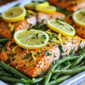 To make Lemon Pepper Salmon and Green Beans, you need a simple list of fresh ingredients. Here they are: - 4 salmon fillets (approximately 6 oz each) - 1 lb fresh green beans, ends trimmed - 3 tablespoons extra virgin olive oil - Zest of 1 medium lemon - 2 tablespoons fresh lemon juice - 1 teaspoon freshly cracked black pepper - 1 teaspoon garlic powder - Sea salt to taste - 1 teaspoon dried thyme - Lemon slices (for garnish) - Fresh parsley, finely chopped (for garnish) This recipe shines with its bright flavors. The salmon fillets are rich in omega-3 fatty acids while green beans add a nice crunch. The olive oil brings everything together. Lemon zest and juice brighten the dish. Black pepper and garlic powder add depth. Thyme gives an earthy note that pairs beautifully with both the salmon and green beans. Garnishing with lemon slices and parsley not only looks great but also adds a fresh taste. Each ingredient plays a key role in making this dish a delightful feast. 1. Preheating the oven: Start by setting your oven to 400°F (200°C). This heat will cook the salmon and green beans perfectly. Lining your baking sheet with parchment paper helps with cleanup later. 2. Preparing the marinade: In a small bowl, whisk together 3 tablespoons of extra virgin olive oil, the zest of 1 lemon, 2 tablespoons of lemon juice, 1 teaspoon of black pepper, 1 teaspoon of garlic powder, a pinch of sea salt, and 1 teaspoon of dried thyme. This mix gives your salmon a bright flavor. 3. Coating the salmon: Place 4 salmon fillets on one side of the baking sheet. Use a brush or your fingers to cover each fillet with the marinade. Make sure every part of the salmon gets a nice coat. 1. Arranging ingredients on the sheet pan: In a separate bowl, take 1 pound of trimmed green beans. Pour any leftover marinade over the green beans and toss them well. Spread the green beans on the other side of the baking sheet, keeping them in a single layer. 2. Roasting time and temperature: Place the baking sheet in the preheated oven. Roast for 15 to 20 minutes. The salmon should flake easily when done, and the green beans should be tender but still have a bit of crunch. 3. Cooling and resting time: Once cooked, take the baking sheet out of the oven. Let it rest for about 2 minutes. This resting time helps the flavors settle and makes the dish even better. To ensure even cooking, place the salmon and green beans on opposite sides of the pan. This helps each cook just right. Spread the green beans in a single layer. This step makes sure they roast instead of steam. Using parchment paper is key for easy cleanup. It prevents sticking and makes washing the pan a breeze. You can just peel it off and toss it away when you're done. For serving, use a rustic wooden board or a white plate. This contrast makes the colors pop. Drizzle some extra olive oil around the plate for a nice touch. Garnish each plate with fresh lemon slices and chopped parsley. This adds color and makes the dish look fancy. It also gives a fresh aroma that invites everyone to dig in! {{image_4}} You can easily switch up the veggies. Try asparagus or broccoli instead of green beans. Both add a nice crunch. Carrots can also work well, giving a sweet touch. For seasonings, change it up! Instead of garlic powder, use onion powder for a different flavor. You can also add a touch of paprika for some heat. If you like herbs, fresh dill or basil can brighten the dish. You can cook this dish on a grill. Just place the salmon and beans in a grill basket. This adds a smoky flavor that is delicious. If you need a gluten-free option, this recipe is already safe! Just check your olive oil and seasonings for any hidden gluten. You can enjoy this meal without worry. To store leftovers, let the dish cool first. Place the salmon and green beans in an airtight container. Refrigerate them within two hours of cooking for safety. This dish stays fresh for up to three days. If you want to keep it longer, consider freezing. When frozen properly, it can last for about three months. Just remember to wrap it tightly to prevent freezer burn. For reheating, the oven works best. Preheat it to 350°F (175°C). Place the salmon and green beans on a baking sheet. Cover them with foil to keep moisture in. Heat for about 10-15 minutes until warmed through. You can also use a microwave. Keep it on medium heat for 1-2 minutes. Check often to avoid overcooking. Salmon can dry out quickly, so focus on gentle heat. Enjoy your meal as if it’s fresh from the oven! You can tell when salmon is done by checking its color and texture. The flesh should turn from a bright pink to a lighter shade. It should also flake easily when you poke it with a fork. The ideal internal temperature is 145°F (63°C). Use an instant-read thermometer for accuracy. Yes, you can use frozen salmon and green beans. If using frozen salmon, thaw it in the fridge overnight. This helps it cook evenly. For green beans, there's no need to thaw them. Just add a minute or two to the cooking time to ensure they are tender. This lemon pepper salmon and green beans dish goes well with many sides. Consider serving it with: - Quinoa or rice for a hearty base - A fresh salad for extra crunch - Roasted potatoes for added flavor - A light pasta dish for a filling meal This blog post covered everything you need for a tasty salmon and green bean dish. We shared easy steps for cooking and tips for best results. You learned simple swaps for ingredients and how to store leftovers well. Remember, cooking should be fun and flexible. Feel free to experiment with flavors and make the dish your own. Enjoy your meal and have confidence in your kitchen skills!