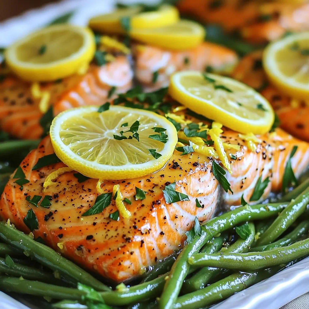 To make Lemon Pepper Salmon and Green Beans, you need a simple list of fresh ingredients. Here they are: - 4 salmon fillets (approximately 6 oz each) - 1 lb fresh green beans, ends trimmed - 3 tablespoons extra virgin olive oil - Zest of 1 medium lemon - 2 tablespoons fresh lemon juice - 1 teaspoon freshly cracked black pepper - 1 teaspoon garlic powder - Sea salt to taste - 1 teaspoon dried thyme - Lemon slices (for garnish) - Fresh parsley, finely chopped (for garnish) This recipe shines with its bright flavors. The salmon fillets are rich in omega-3 fatty acids while green beans add a nice crunch. The olive oil brings everything together. Lemon zest and juice brighten the dish. Black pepper and garlic powder add depth. Thyme gives an earthy note that pairs beautifully with both the salmon and green beans. Garnishing with lemon slices and parsley not only looks great but also adds a fresh taste. Each ingredient plays a key role in making this dish a delightful feast. 1. Preheating the oven: Start by setting your oven to 400°F (200°C). This heat will cook the salmon and green beans perfectly. Lining your baking sheet with parchment paper helps with cleanup later. 2. Preparing the marinade: In a small bowl, whisk together 3 tablespoons of extra virgin olive oil, the zest of 1 lemon, 2 tablespoons of lemon juice, 1 teaspoon of black pepper, 1 teaspoon of garlic powder, a pinch of sea salt, and 1 teaspoon of dried thyme. This mix gives your salmon a bright flavor. 3. Coating the salmon: Place 4 salmon fillets on one side of the baking sheet. Use a brush or your fingers to cover each fillet with the marinade. Make sure every part of the salmon gets a nice coat. 1. Arranging ingredients on the sheet pan: In a separate bowl, take 1 pound of trimmed green beans. Pour any leftover marinade over the green beans and toss them well. Spread the green beans on the other side of the baking sheet, keeping them in a single layer. 2. Roasting time and temperature: Place the baking sheet in the preheated oven. Roast for 15 to 20 minutes. The salmon should flake easily when done, and the green beans should be tender but still have a bit of crunch. 3. Cooling and resting time: Once cooked, take the baking sheet out of the oven. Let it rest for about 2 minutes. This resting time helps the flavors settle and makes the dish even better. To ensure even cooking, place the salmon and green beans on opposite sides of the pan. This helps each cook just right. Spread the green beans in a single layer. This step makes sure they roast instead of steam. Using parchment paper is key for easy cleanup. It prevents sticking and makes washing the pan a breeze. You can just peel it off and toss it away when you're done. For serving, use a rustic wooden board or a white plate. This contrast makes the colors pop. Drizzle some extra olive oil around the plate for a nice touch. Garnish each plate with fresh lemon slices and chopped parsley. This adds color and makes the dish look fancy. It also gives a fresh aroma that invites everyone to dig in! {{image_4}} You can easily switch up the veggies. Try asparagus or broccoli instead of green beans. Both add a nice crunch. Carrots can also work well, giving a sweet touch. For seasonings, change it up! Instead of garlic powder, use onion powder for a different flavor. You can also add a touch of paprika for some heat. If you like herbs, fresh dill or basil can brighten the dish. You can cook this dish on a grill. Just place the salmon and beans in a grill basket. This adds a smoky flavor that is delicious. If you need a gluten-free option, this recipe is already safe! Just check your olive oil and seasonings for any hidden gluten. You can enjoy this meal without worry. To store leftovers, let the dish cool first. Place the salmon and green beans in an airtight container. Refrigerate them within two hours of cooking for safety. This dish stays fresh for up to three days. If you want to keep it longer, consider freezing. When frozen properly, it can last for about three months. Just remember to wrap it tightly to prevent freezer burn. For reheating, the oven works best. Preheat it to 350°F (175°C). Place the salmon and green beans on a baking sheet. Cover them with foil to keep moisture in. Heat for about 10-15 minutes until warmed through. You can also use a microwave. Keep it on medium heat for 1-2 minutes. Check often to avoid overcooking. Salmon can dry out quickly, so focus on gentle heat. Enjoy your meal as if it’s fresh from the oven! You can tell when salmon is done by checking its color and texture. The flesh should turn from a bright pink to a lighter shade. It should also flake easily when you poke it with a fork. The ideal internal temperature is 145°F (63°C). Use an instant-read thermometer for accuracy. Yes, you can use frozen salmon and green beans. If using frozen salmon, thaw it in the fridge overnight. This helps it cook evenly. For green beans, there's no need to thaw them. Just add a minute or two to the cooking time to ensure they are tender. This lemon pepper salmon and green beans dish goes well with many sides. Consider serving it with: - Quinoa or rice for a hearty base - A fresh salad for extra crunch - Roasted potatoes for added flavor - A light pasta dish for a filling meal This blog post covered everything you need for a tasty salmon and green bean dish. We shared easy steps for cooking and tips for best results. You learned simple swaps for ingredients and how to store leftovers well. Remember, cooking should be fun and flexible. Feel free to experiment with flavors and make the dish your own. Enjoy your meal and have confidence in your kitchen skills!