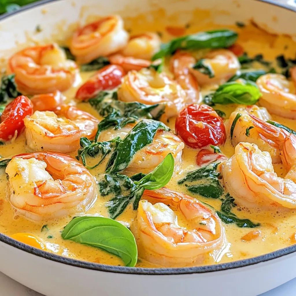 To make Creamy Tuscan Shrimp Skillet, gather these items: - 1 pound large shrimp, peeled and deveined - 2 tablespoons olive oil - 4 cloves garlic, minced - 1 cup cherry tomatoes, halved - 1 cup fresh spinach - 1 cup heavy cream - 1/2 cup grated Parmesan cheese - 1 teaspoon Italian seasoning - Salt and pepper to taste - Fresh basil for garnish When you pick shrimp, look for these signs of freshness: - The shells should be shiny and firm. - Fresh shrimp smell clean and like the sea, not fishy. - Choose shrimp that feel cold to the touch. - If buying frozen shrimp, select ones with no ice crystals. You can swap out some ingredients for different flavors: - Use chicken instead of shrimp for a different protein. - Replace heavy cream with coconut milk for a lighter sauce. - Try sun-dried tomatoes instead of cherry tomatoes for added taste. - You can use kale instead of spinach for more texture. These choices let you make this dish suit your taste. Adjustments can keep things fun! {{ingredient_image_1}} To make Creamy Tuscan Shrimp Skillet, follow these steps closely. First, heat 2 tablespoons of olive oil in a large skillet over medium heat. Add 4 cloves of minced garlic and sauté for about 1 minute. You want it to smell good but not burn. Next, add 1 pound of large shrimp. Season them with salt and pepper. Cook the shrimp for 2-3 minutes on each side. They should turn pink and opaque. Once done, remove the shrimp and set them aside. In the same skillet, add 1 cup of halved cherry tomatoes. Cook them for 2-3 minutes until they soften. Pour in 1 cup of heavy cream next. Stir in 1/2 cup of grated Parmesan cheese until it melts and blends well. Sprinkle in 1 teaspoon of Italian seasoning for flavor. Stir until the sauce is smooth and creamy. Now, add 1 cup of fresh spinach and cook for about 1-2 minutes until it wilts. Return the shrimp to the skillet and toss them in the creamy sauce. Cook everything for an additional 1-2 minutes until it's heated through. Adjust the seasoning with salt and pepper if needed. Finally, garnish with fresh basil before serving. To get the best shrimp, keep these tips in mind. Use fresh shrimp if possible. They taste better and have a firmer texture. When cooking, don’t overcrowd the skillet. This helps the shrimp cook evenly. Cook them just until they turn pink. Overcooked shrimp can become rubbery, so watch the time closely. A great presentation makes a meal shine. Serve the creamy shrimp in a wide, shallow bowl. This lets the vibrant colors show. Add fresh basil on top for a pop of color. You can also sprinkle extra Parmesan for a gourmet touch. Pair the dish with crusty bread or a side salad for balance. These small details can impress your guests and make your meal look as good as it tastes. To make the best creamy Tuscan shrimp, focus on a few key points. First, do not overcook the shrimp. They should be pink and firm, taking about 2-3 minutes per side. If you cook them too long, they will become rubbery. Second, add the spinach last. It wilts quickly and keeps its bright color. Finally, taste your sauce before serving. Adjust salt and pepper as needed for the best flavor. You can easily change the flavors in your creamy Tuscan shrimp. Try adding a splash of lemon juice for a bright touch. You can also mix in sun-dried tomatoes for added depth. For a spicy kick, add red pepper flakes. If you want a different herb taste, consider using dill or parsley instead of basil. These changes make the dish unique and personal to your taste. Pair this dish with a simple side for a balanced meal. A fresh salad with vinaigrette works well. Garlic bread is another great option to soak up the creamy sauce. For a heartier choice, serve it over pasta or rice. A light white wine, like Sauvignon Blanc, complements the flavors nicely. Enjoying these pairings makes the meal even more delightful. Pro Tips Fresh Shrimp: Always use fresh, high-quality shrimp for the best flavor and texture. If using frozen shrimp, make sure to thaw them completely before cooking. Adjusting Creaminess: If you prefer a lighter sauce, you can substitute half of the heavy cream with chicken broth or vegetable broth while still maintaining a creamy texture. Herb Variations: Feel free to experiment with different herbs such as thyme or oregano, in addition to Italian seasoning, to enhance the flavor profile of the dish. Serving Suggestions: This dish pairs wonderfully with pasta, rice, or crusty bread to soak up the delicious creamy sauce. {{image_2}} To make a vegetarian version, swap shrimp for hearty vegetables. Try using mushrooms, zucchini, or firm tofu. These options soak up the sauce nicely. For a boost in protein, add chickpeas or lentils. They pair well with the creamy sauce and add texture. This recipe is naturally gluten-free. Just ensure your Parmesan cheese is gluten-free. You can also use gluten-free pasta or rice instead of serving it with bread. This way, you keep all the flavors while catering to gluten-free diets. You can easily adjust the recipe to fit what you have at home. If you lack heavy cream, use coconut milk or a blend of yogurt and milk. For a dairy-free option, use nutritional yeast in place of Parmesan cheese. Feel free to experiment with different herbs, like thyme or rosemary, for a fresh twist. To keep your creamy Tuscan shrimp fresh, store it in an airtight container. Make sure it cools down to room temperature first. This helps prevent condensation, which can lead to sogginess. Keep it in the fridge and enjoy it within three days. If you want to keep it longer, freezing is a great option. When you're ready to enjoy your leftovers, reheating gently is key. You can use a skillet over low heat. Add a splash of cream or water to keep it moist. Stir often to avoid burning. You can also use the microwave. Heat in short bursts, stirring in between to ensure even warming. To freeze your creamy Tuscan shrimp, place it in a freezer-safe bag or container. Remove as much air as possible to prevent freezer burn. It can last for about two months in the freezer. When you are ready to eat, thaw it in the fridge overnight before reheating. You can make this dish quickly by prepping your ingredients first. Start by peeling and deveining the shrimp. Mince the garlic and halve the cherry tomatoes. Having everything ready cuts down on time. Heat olive oil in a skillet on medium heat. Then, cook the garlic for one minute. Add shrimp next and cook for about three minutes. Once shrimp are pink, remove them from the skillet. Add tomatoes to soften them. Pour in the cream and stir in Parmesan. Toss in the spinach and return the shrimp. This whole process takes around 20 minutes. Creamy Tuscan Shrimp Skillet pairs well with many sides. You can serve it over pasta, like fettuccine or linguine. Rice also works well to soak up the sauce. A fresh salad with greens adds a nice crunch. Garlic bread is another great option to enjoy with the sauce. You could even serve it with roasted vegetables for a colorful plate. Each side enhances the dish while keeping it light and tasty. Yes, you can use frozen shrimp. Just make sure to thaw them before cooking. Thaw shrimp by placing them in cold water for about 15-20 minutes. Once thawed, peel and devein them if needed. Cooking time may be a bit longer, so check for doneness. The shrimp should turn pink and opaque. Using frozen shrimp is a good way to save time and still enjoy a great meal. In this blog post, we explored the key ingredients and cooking steps for a Creamy Tuscan Shrimp Skillet. I shared tips on selecting fresh shrimp and suggested alternatives to suit your taste. You learned about common mistakes to avoid and how to enhance flavors. We also discussed options for vegetarian and gluten-free diets along with proper storage methods. You can enjoy this dish in many ways, making it your own. The versatility allows everyone to find a version they love. Enjoy cooking!