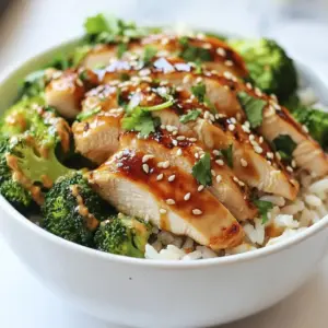- 2 boneless, skinless chicken breasts - 4 cups broccoli florets - 3 tablespoons olive oil, divided - 2 cloves garlic, minced - 1 tablespoon soy sauce - 1 tablespoon honey - 1 teaspoon sesame oil - Salt and pepper, to taste The main ingredients form the base of this dish. Chicken breasts provide lean protein. Broccoli adds nutrients and a nice crunch. The olive oil, garlic, soy sauce, honey, and sesame oil blend together to create a rich, savory sauce. Salt and pepper enhance all the flavors. - Cooked brown rice or quinoa - Sesame seeds, for garnish - Fresh cilantro or green onions, for garnish Serving your grilled chicken and broccoli over brown rice or quinoa adds fiber. This combination makes the meal more filling. Garnishing with sesame seeds, fresh cilantro, or green onions adds color and more flavor. These toppings also make your bowl look great! {{ingredient_image_1}} - In a bowl, mix 1 tablespoon of olive oil, minced garlic, soy sauce, honey, sesame oil, salt, and pepper. - Add the chicken breasts and coat them well. - Let the chicken marinate for at least 30 minutes. For more flavor, marinate up to 2 hours in the fridge. - Bring a pot of water to a boil. - Add the broccoli florets and blanch for 2-3 minutes until they turn bright green. - Drain the broccoli and place it in ice water. This will keep the color vibrant. - Preheat your grill or grill pan to medium-high heat. - Remove the chicken from the marinade and throw away the leftover marinade. - Grill the chicken for about 6-7 minutes on each side. It should reach an internal temperature of 165°F. - Let the chicken rest for 5 minutes, then slice it into strips. - Heat the remaining 2 tablespoons of olive oil in a skillet over medium heat. - Add the blanched broccoli and sauté for about 3-4 minutes. Cook until it’s heated through and slightly crispy. - Season with salt and pepper to your taste. - Take bowls and divide the cooked brown rice or quinoa among them. - Top with the sautéed broccoli and sliced grilled chicken. - Drizzle with more garlic sauce or olive oil if you like. - Add sesame seeds and fresh cilantro or green onions on top. This adds flavor and makes the dish look nice. Marinade your chicken for at least 30 minutes. For richer flavor, try 2 hours. This allows the chicken to soak up the garlic, soy sauce, and honey. A good marinade keeps the chicken juicy. Always check that the internal temperature reaches 165°F. Let the chicken rest for 5 minutes before slicing. This step helps keep the juices inside. Blanch broccoli for just 2-3 minutes. This timing keeps it bright green and crisp. After boiling, place the broccoli in ice water. This stops the cooking process and locks in color. Proper blanching gives your dish a fresh look and a nice crunch. If you can’t use an outdoor grill, don’t worry! An indoor grill or a stovetop grill pan works well. Preheat your pan to medium-high heat. Cook the chicken as you would on a grill. This method still gives you that delicious grilled flavor. It’s perfect for any kitchen. Pro Tips Marinating Time: For maximum flavor, allow the chicken to marinate for at least 2 hours in the refrigerator. This enhances the taste and tenderness of the meat. Blanching Technique: When blanching broccoli, make sure to immediately transfer it to ice water after cooking. This technique helps retain the vibrant green color and crisp texture. Grilling Tip: Ensure your grill is preheated before adding the chicken. A hot grill helps to sear the chicken, locking in juices for a more flavorful result. Rice or Quinoa: For added nutrition and variety, consider using a mixture of brown rice and quinoa as your base. This combination provides a great texture and a boost of protein. {{image_2}} You can switch up the protein in this dish. If you want a meat-free option, try tofu. For a seafood twist, shrimp works great too. - Tofu: Use firm tofu for the best texture. Press it to remove water, then cut it into cubes. Marinate it just like the chicken. Grill or sauté until golden. - Shrimp: Use large shrimp, peeled and deveined. Marinate for a shorter time, about 15-20 minutes. Grill them for just a few minutes on each side until they turn pink. You can amp up the flavor with spices and sauces. Here are some ideas: - Spices: Add paprika, cumin, or chili flakes to the marinade. This adds depth and heat. - Sauces: Consider adding a splash of sriracha or hoisin sauce to the garlic sauce. This gives it extra kick and sweetness. For a plant-based version, adjust a few ingredients: - Protein: Replace chicken with marinated tempeh or chickpeas. Both options provide protein and texture. - Sauce: Ensure the soy sauce and honey are vegan-friendly. Use maple syrup instead of honey for sweetness. These variations keep the dish exciting while catering to different diets. Experiment with these options to find your favorite twist on the classic recipe! Store your grilled chicken and broccoli bowls in an airtight container. Keep them in the fridge for up to three days. Make sure the chicken is cool before sealing it. This helps keep it fresh and safe to eat. If you want to save your bowls for later, freezing is a good option. Place the chicken and broccoli in separate freezer bags. This way, each part keeps its best flavor. You can freeze them for up to three months. Just remember to label the bags with the date. To restore flavor and texture, use the oven or a skillet. Preheat your oven to 350°F (175°C). Place the chicken and broccoli in an oven-safe dish. Cover it with foil to keep moisture in. Heat for about 15-20 minutes. If you use a skillet, warm it over medium heat. Add a splash of olive oil to keep it juicy. Heat for about 5-7 minutes, stirring gently. Enjoy your delicious meal! You can marinate chicken for at least 30 minutes. For deeper flavor, aim for 2 hours. This time allows the chicken to soak in the tasty garlic and soy sauce mix. Just make sure not to exceed 24 hours, as the texture might change. Yes, you can prepare this dish in advance. Cook the chicken and broccoli, then store them in the fridge. You can also cook your grains ahead. When you want to eat, reheat everything and assemble your bowls. This makes meal prep easy and fun! If you need a soy sauce alternative, try tamari or coconut aminos. Both options work well and are great for gluten-free diets. You can also use liquid aminos for a similar taste without the soy. To check if the chicken is done, use a meat thermometer. The internal temperature should reach 165°F. If you don’t have a thermometer, cut into the thickest part. The meat should be white and the juices should run clear. This blog post covered a tasty dish made with chicken and broccoli. You learned about the main ingredients and how to prepare them perfectly. I shared step-by-step cooking methods, tips for great results, and some fun variations. In my final thoughts, you can enjoy this meal in many ways. Whether you use chicken, tofu, or shrimp, you'll have a delightful dish. Remember to store your leftovers well to keep them fresh. Happy cooking!