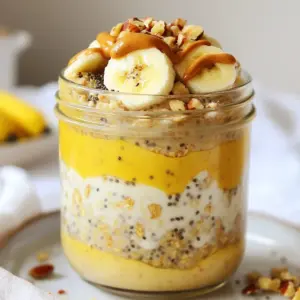 - 1 cup rolled oats - 2 tablespoons peanut butter (plus extra for topping) - 1 cup almond milk (or any preferred milk) - 1 scoop vanilla protein powder - 2 tablespoons chia seeds - 1 tablespoon honey or maple syrup - A pinch of salt - Fresh banana slices and chopped nuts for topping These high-protein peanut butter overnight oats are a powerhouse breakfast. Each serving gives you a great mix of protein, fiber, and healthy fats. The protein powder adds muscle-building benefits. Chia seeds boost your omega-3 intake. Almond milk keeps it dairy-free and low in calories. Bananas add natural sweetness, fiber, and potassium. This meal keeps you full longer, making it perfect for busy mornings. Feel free to make this recipe your own! If you love chocolate, try adding cocoa powder. For a fruity twist, mix in berries or apples. You can swap peanut butter for almond or cashew butter if you prefer. If you want a nut-free option, use sunflower seed butter. You can even replace honey with agave syrup for a vegan choice. {{ingredient_image_1}} To make these high-protein peanut butter overnight oats, you need just a few simple steps. First, gather all your ingredients. You will need rolled oats, peanut butter, almond milk, protein powder, chia seeds, honey, salt, and your favorite toppings. This recipe takes about 10 minutes to prep and needs to chill overnight. 1. In a medium bowl, mix the rolled oats, protein powder, and chia seeds. 2. In another bowl, whisk together the almond milk, peanut butter, honey (or maple syrup), and a pinch of salt until smooth. 3. Pour the wet mix over the dry mix. Stir well until everything is combined. 4. Transfer the mixture to a mason jar or an airtight container. Seal it tightly. Place the jar in the fridge overnight, or for at least 4 hours. This lets the oats soak and soften. In the morning, stir the oats again. If they are too thick, add a splash of almond milk. Top with banana slices, a drizzle of peanut butter, and chopped nuts. Serve in clear jars to show off the layers. Enjoy your delicious, high-protein breakfast! To make your oats creamy, use rolled oats. They soak well and keep a nice texture. Adding chia seeds helps thicken the mixture. For extra creaminess, use almond milk or your favorite milk. If you want a sweeter taste, add honey or maple syrup. Adjust the sweetness to your liking. If the oats seem too thick, just add a splash of milk in the morning. This gives you the perfect consistency. If you have nut allergies, switch peanut butter for sunflower seed butter. For a dairy-free option, stick to almond milk or coconut milk. You can also skip the protein powder if you prefer. In that case, add more oats or chia seeds to keep the protein level up. For a vegan option, use maple syrup instead of honey. Always check labels for allergens. Making overnight oats is great for meal prep. You can prepare multiple jars at once. Store them in the fridge for up to five days. This makes busy mornings simple. Just grab a jar and go! You can also customize each jar with different toppings. Try bananas, nuts, or even chocolate chips. This keeps breakfast fun and interesting all week long. Pro Tips Use Old-Fashioned Rolled Oats: These oats soak up the liquid better than quick oats, leading to a creamier texture in the morning. Experiment with Milk Options: While almond milk is great, try using coconut milk or oat milk for different flavors and creaminess. Adjust Sweetness to Taste: Depending on your preference, you can increase or decrease the honey or maple syrup for a sweeter or less sweet breakfast. Prep for the Week: Make multiple jars at once to have quick, healthy breakfasts ready to go for busy mornings. {{image_2}} You can make your oats even more fun with different flavors. Try adding cocoa powder for a chocolatey twist. A teaspoon of cinnamon gives warmth and depth. You can also mix in vanilla extract for extra taste. If you're feeling adventurous, a dash of nutmeg can add a nice spice. These simple changes can turn your overnight oats into a new dish every time. Protein powder is key for boosting your oats. You can use whey protein for a creamy texture. Plant-based options like pea or hemp protein work well too. If you want a unique flavor, try chocolate protein powder. Vanilla powder is the most popular choice and pairs well with peanut butter. So, pick the one that suits your taste! Toppings make your oats look great and taste even better. In the summer, add fresh berries like strawberries or blueberries. In fall, try apple slices with a sprinkle of cinnamon. Nuts like almonds or walnuts give a nice crunch. You can also use seeds like pumpkin or sunflower for extra nutrition. These toppings not only add flavor but also make your dish colorful and inviting! Store your high-protein peanut butter overnight oats in the fridge. Use a mason jar or an airtight container. This keeps the oats fresh and tasty. Make sure to seal it tightly to avoid any odors. Enjoy them within three to five days for the best flavor and texture. You can freeze these oats if you want to save some for later. Just place them in a freezer-safe container. Leave some space at the top since the oats may expand. When you're ready to eat, let them thaw in the fridge overnight. This way, you have a quick, nutritious breakfast ready to go! Overnight oats can last about five days in the fridge. After that, check for any changes. If you see mold or smell sour odors, it's time to toss them out. Fresh bananas on top will brown quickly, so add those just before eating. Always trust your senses for the best results! You can store overnight oats for up to five days. Keep them in the fridge in a sealed jar. The oats will stay fresh, and the flavors will blend well over time. Just remember to check for any changes in smell or texture before eating. Yes, you can use steel-cut oats. However, they need more time to soak. Aim for at least 8 hours in the fridge. Steel-cut oats give a chewier texture, but they still taste great. Just know they won't be as creamy as rolled oats. Here are some tasty high-protein toppings for your oats: - Greek yogurt - Cottage cheese - Nuts like almonds or walnuts - Seeds such as pumpkin or sunflower - Additional protein powder sprinkled on top These toppings not only boost protein but also add flavor and crunch! In this post, we explored the key ingredients and benefits of overnight oats. We walked through step-by-step instructions for making them and shared tips to enhance texture and flavor. You learned about variations to keep every meal exciting and how to store your oats for the best taste and safety. Overnight oats are nutritious, easy, and versatile. You can mix and match to suit your taste. I hope you feel inspired to dive into your own overnight oats journey!